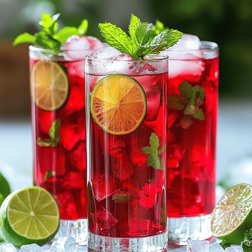 To make a great hibiscus iced tea, you need just a few key items: - 1 cup dried hibiscus flowers - 4 cups freshly boiled water - 1/2 cup honey or agave syrup (you can adjust based on your taste) - 2 tablespoons freshly squeezed lime juice - Ice cubes These ingredients create a vibrant drink with a tart flavor. The dried hibiscus flowers are the star of the show. They give the tea its beautiful color and unique taste. The honey or agave syrup adds sweetness. Lime juice brings a nice balance to the flavor. To make your hibiscus iced tea even more exciting, you might want to try some add-ins: - Fresh berries (like strawberries or blueberries) - A pinch of cinnamon - Ginger slices - Coconut water These options can add a twist to your drink. Adding berries will give a fruity touch. A pinch of cinnamon adds warmth, while ginger can give it a spicy kick. Coconut water can make the tea even more refreshing. Presentation matters, and garnishes can make your drink look great: - Fresh mint leaves - Slices of lime - Edible flowers Using mint leaves brings a burst of color and a fresh aroma. Lime slices add brightness and a pop of color. Edible flowers can make the drink look fancy and appealing. With these garnishes, your hibiscus iced tea will not only taste amazing but also look stunning. For the full recipe and steps, check out the [Full Recipe]. To make hibiscus iced tea, start by gathering your ingredients. You will need 1 cup of dried hibiscus flowers, 4 cups of freshly boiled water, and 1/2 cup of honey or agave syrup. Also, have 2 tablespoons of freshly squeezed lime juice ready, along with fresh mint leaves and slices of lime for garnish. 1. Place the dried hibiscus flowers in a heatproof container. 2. Carefully pour the freshly boiled water over the flowers. 3. Let the mixture steep for 15 to 20 minutes. This time helps the hibiscus flowers release their bright color and tart flavor. 4. Strain the drink through a fine mesh sieve into a large pitcher. Discard or compost the used flowers. 5. While the tea is warm, add the honey or agave syrup. Stir until it fully dissolves. 6. Pour in the lime juice and mix well. This adds a nice tang to the drink. 7. Allow the tea to cool to room temperature. Then refrigerate it for at least 1 hour. Steeping time is key for great flavor. If you steep too long, the tea can become bitter. Stick to 15 to 20 minutes for balance. You can taste it halfway through. If you like it stronger, let it steep a bit longer. Remember, the flowers give the drink its bright color and flavor. Temperature matters when brewing hibiscus tea. Using freshly boiled water helps extract the full flavor. If the water is too cool, the tea may not taste as bold. Always use boiling water, and let the tea cool naturally after steeping. This process enhances the flavor and makes a refreshing drink. For a full recipe, check out the [Full Recipe]. Enjoy your delicious hibiscus iced tea! One big mistake is using boiling water for too long. If you steep hibiscus flowers for more than 20 minutes, the tea may taste bitter. Always aim for 15 to 20 minutes for the best flavor. Another common error is not straining the tea well. You want to remove all solid bits to enjoy a smooth drink. If you skip this step, you might find bits of flowers in your glass. Sweetness can change your drink. Start with the recipe's 1/2 cup of honey or agave syrup. Taste it before adding more. If you like it sweeter, add a bit more. You can also use other sweeteners like stevia or maple syrup. Remember, you can always add, but you can’t take away! Serve your hibiscus iced tea in tall glasses filled with ice. This keeps it cold and refreshing. Garnish with fresh mint leaves and lime slices for a nice look. The mint adds a fresh aroma, while lime gives a zesty kick. Serve it right away for the best taste, but it can sit in the fridge for up to three days. Enjoy your drink on a hot day, and feel free to share it with friends! For the complete recipe, check out the Full Recipe section. {{image_4}} Hibiscus iced tea is a great base for many flavors. You can add fruits like berries or citrus. Try mixing in strawberries or raspberries for a sweet twist. A touch of ginger can add some zing. It pairs well with the tartness of hibiscus. You can also add spices like cinnamon or cardamom for warmth. Each addition creates a unique drink that will surprise your taste buds. Cold brewing hibiscus tea is easy and refreshing. Start with dried hibiscus flowers and cold water. Use about 1 cup of flowers for every 4 cups of water. Place the flowers in a pitcher and pour in the cold water. Let it sit in the fridge for 4 to 6 hours. This method gives a milder flavor and keeps the tea bright. When ready, strain the flowers and serve it over ice. Cold brew is perfect for hot days. Hibiscus iced tea also makes a fun cocktail. You can mix it with spirits like vodka or rum. Start with 1 cup of hibiscus tea and add 1.5 ounces of your choice of alcohol. A splash of club soda can add fizz. You can also mix in fresh fruit juices for extra flavor. Lime or pineapple juice works well. Serve it over ice with a slice of lime or a sprig of mint. Cheers to a refreshing drink that’s perfect for parties! For the full recipe, check out the Hibiscus Iced Tea Delight section. After making your hibiscus iced tea, you might have some left. To store it, pour the tea into a clean pitcher or jar. Make sure the container has a lid. This helps keep dust and other smells out. Place it in the fridge. Cold tea stays fresh longer. To keep your hibiscus iced tea fresh, avoid adding ice directly to the pitcher. Ice can melt and water it down. Instead, add ice to your glass when serving. If you want to keep it sweet, add honey or syrup right before serving. This keeps the flavor strong. Hibiscus iced tea stays good in the fridge for about 5 days. After that, it can lose its taste. If you notice any odd smells or colors, it’s best to throw it away. Always check before you sip. For the best flavor, drink it within a few days. Keep this in mind to enjoy your hibiscus iced tea at its best! Hibiscus tea has many health benefits. It can help lower blood pressure. It also has antioxidants, which fight free radicals. Drinking hibiscus tea may support heart health. Some studies suggest it aids digestion and boosts liver health. Plus, it’s low in calories, making it a great drink choice. Yes, you can use fresh hibiscus flowers. However, fresh flowers have a different taste. They may not be as strong as dried flowers. If you use fresh, you might need more to get the right flavor. Always wash them well before use to remove dirt or bugs. Hibiscus tea is generally safe for most people. However, pregnant women should avoid it. It may affect hormone levels and could lead to complications. If you take certain medications, check with your doctor. Some drugs, like those for blood pressure, may interact with hibiscus tea. To make Hibiscus Iced Tea quickly, follow these steps: - Boil 4 cups of water. - Add 1 cup of dried hibiscus flowers. - Let it steep for 15 minutes. - Strain and sweeten with 1/2 cup of honey or agave syrup. - Mix in 2 tablespoons of lime juice. - Chill in the fridge for 1 hour. - Serve over ice and enjoy! For more details, check the Full Recipe. In this blog post, we explored the essential ingredients for delicious hibiscus iced tea. You learned step-by-step instructions for perfect preparation and important tips to avoid common mistakes. We also discussed fun variations to enhance your tea and how to store any leftovers. Hibiscus iced tea is not only refreshing but also versatile. With a few tweaks, it can become your favorite drink. Enjoy making and sharing this vibrant tea, knowing you can customize it to your taste!