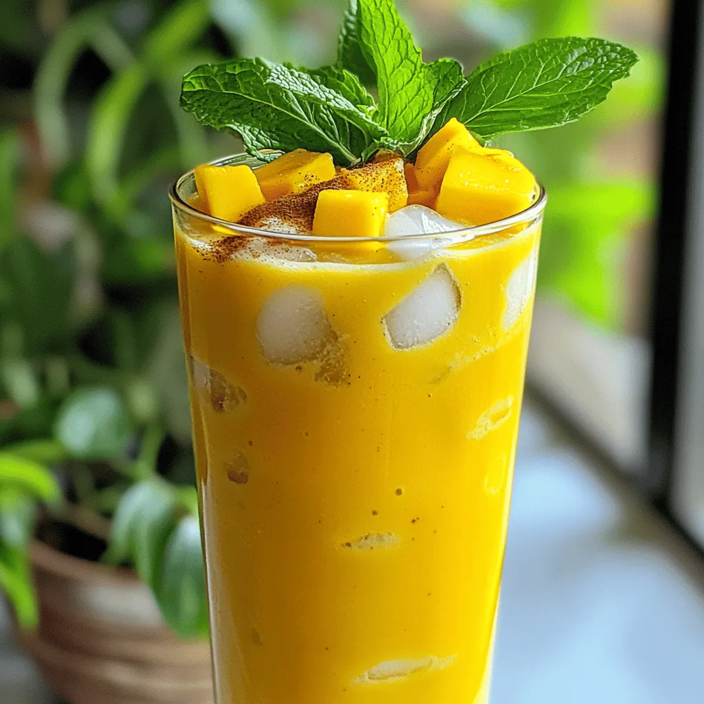 To make the Mango Coconut Chai Cooler, you need fresh and tasty ingredients. Here is what you need: - 1 ripe mango, peeled and diced into small cubes - 1 cup creamy coconut milk - 1 cup brewed chai tea, cooled to room temperature - 2 tablespoons honey (or maple syrup for a vegan option) - 1 tablespoon freshly squeezed lime juice - 1/4 teaspoon ground cinnamon - 1/4 teaspoon ground ginger - Ice cubes for serving - Fresh mint leaves for garnish These ingredients create a wonderful blend of flavors. The mango brings sweetness, while the coconut milk adds creaminess. Chai tea gives it a warm spice flavor. Honey or maple syrup sweetens the drink naturally. Lime juice adds a zing that balances everything. The spices of cinnamon and ginger deepen the taste. You can find the full recipe further in the article. Enjoy gathering these ingredients to make a refreshing cooler for hot summer days! To make the Mango Coconut Chai Cooler, you need to follow clear steps. Let's dive into the preparation first. 1. Combine the ingredients: Start by adding the diced mango, coconut milk, cooled brewed chai tea, honey or maple syrup, lime juice, ground cinnamon, and ground ginger into a blender. 2. Blend until smooth: Turn on the blender and mix everything on high speed. Blend for about 30 seconds or until it's creamy and smooth. 3. Adjust the consistency: If the drink is too thick, add a splash of coconut milk. Blend again to mix. 4. Taste for sweetness: Take a quick taste of your mixture. If you want it sweeter, add more honey or maple syrup. Blend briefly to combine. 1. Prepare your glasses: Before you pour, fill each glass with ice cubes. This keeps your drink nice and cold. 2. Pour the cooler: Slowly pour the mango coconut mixture over the ice. This makes the drink look great and keeps it cool. 3. Garnish for flair: Finally, add a few fresh mint leaves on top. This gives a nice touch and adds freshness to your drink. For the full recipe, refer to the list above. Enjoy sipping your refreshing Mango Coconut Chai Cooler! - Use ripe mango for the best flavor and sweetness. A mango that is soft to touch will be sweet. - Chill ingredients beforehand for a refreshing drink. Cold coconut milk and chai tea make a big difference. - Blend longer for a creamier texture. This gives your drink a smooth finish. - Add a splash of coconut milk for a thinner consistency. Adjust until it feels just right for you. The balance of flavors in your Mango Coconut Chai Cooler matters. Experiment with these tips for the best outcome. Enjoy the process, and don’t hesitate to make it your own! For the full recipe, refer to the section above. {{image_4}} If you want a vegan version, simply swap honey for maple syrup. Maple syrup adds a lovely sweetness. It blends well with mango and coconut. For those who need a sugar-free option, use a sugar-free sweetener. This keeps the drink light without losing flavor. Want to kick up the flavor? Add a splash of pineapple juice. It brings a bright, tropical taste that dances on your tongue. You can also try adding fresh herbs like basil. This unique twist makes your drink stand out. The fresh taste of basil pairs well with mango and coconut. You can explore all these variations in the Full Recipe to find your perfect mix. You can keep any leftover mango coconut chai cooler in the fridge for up to 24 hours. Make sure to use an airtight container. This helps the drink stay fresh and tasty. When you’re ready to enjoy it again, just give it a quick stir. If you want to save some for later, freeze the mixture in ice cube trays. These cubes are perfect for smoothies or other drinks. Just pop a few into your blender for a quick and refreshing treat. You’ll have a taste of summer anytime you want! Yes, you can use different types of milk. If you prefer non-dairy options, almond milk works great. Coconut milk gives a rich flavor, but almond milk will also add a nice touch. You can try oat milk or soy milk too! Each type will change the drink’s taste a bit, so feel free to experiment. To make the Mango Coconut Chai Cooler less sweet, simply adjust the sweetener. You can use less honey or maple syrup than the recipe calls for. Start with a small amount, blend, and taste. Keep adding a little until it’s just right for you. This way, you can enjoy the fruity flavors without too much sweetness. Absolutely! If you want a non-caffeinated option, just switch to herbal chai tea. Herbal chai has the same warming spices but without the caffeine. You can also use caffeine-free tea blends. This way, you can enjoy the cooler anytime, even before bedtime! For the full recipe, check the earlier section. Enjoy crafting this delightful drink! In this blog post, we explored how to make a refreshing mango coconut chai cooler. We covered all the ingredients you need, from ripe mango to creamy coconut milk. I shared step-by-step instructions for blending and serving, plus tips to enhance flavors. You can easily adjust the recipe for dietary needs or preferences. Now, with this guide, you can enjoy a tasty drink that cools you down. Dive into the flavors and make it your own!