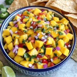 - 2 ripe mangoes, peeled and diced - 1 red bell pepper, finely chopped - 1 small red onion, finely chopped - 1 jalapeño, seeds removed and minced - Optional: 1 tablespoon honey for sweetness - 3 tablespoons freshly squeezed lime juice - 1/4 cup fresh cilantro, chopped - Salt and pepper, to taste When I create spicy mango salsa, I focus on fresh and vibrant ingredients. The mangoes should be ripe. They provide a sweet base for the salsa. The red bell pepper adds crunch and color. The red onion gives a mild bite. These main ingredients combine to create a fresh flavor. For the spicy kick, I like to add a jalapeño. Removing the seeds makes it less hot. If you want more heat, you can leave some seeds in. If you enjoy a touch of sweetness, honey is a great choice. It balances the heat perfectly. For seasoning, I squeeze fresh lime juice over the mix. This adds brightness and tang. Fresh cilantro gives the salsa a fresh, herbaceous note. Salt and pepper enhance all the flavors. You can adjust these to your taste. You can find the full recipe for this delicious dish above. It’s simple to make and full of flavor! Start by peeling the ripe mangoes. Use a sharp knife to remove the skin. Cut the mango into small cubes. Aim for uniform pieces to ensure even mixing. Place the diced mango in a medium bowl. Next, finely chop the red bell pepper. Make sure the pieces are small enough to blend well with the mango. Do the same with the red onion. Add both the chopped bell pepper and onion to the bowl with the mango. Now, it's time to add some heat. Take the jalapeño and cut off the top. Remove the seeds for less spice. If you love heat, keep some seeds in. Mince the jalapeño into small bits. Add the minced jalapeño to the bowl. Drizzle the fresh lime juice over the mixture. This adds brightness to the salsa. Next, chop the cilantro and add it to the bowl. If you want a touch of sweetness, stir in the honey now. Gently mix all the ingredients with a spatula. Avoid mashing the mango; you want the pieces to stay intact. Season with salt and pepper to taste. Adjust the flavor as needed. Let the salsa rest for at least 15 minutes. This helps the flavors blend together. For the full recipe, check the earlier section. Enjoy your fresh and tasty creation! Letting the salsa rest is key. This step helps the flavors mix. I recommend resting it for at least 15 minutes. You will taste the difference! To adjust the heat, focus on the jalapeño. If you want less spice, remove all the seeds. For more heat, keep some seeds in. This way, you control the heat level! Serve your salsa in bright bowls. This makes the colors pop! You can also use hollowed-out mango skins for a fun look. This adds a nice touch. Pair the salsa with crunchy tortilla chips. It also tastes great on grilled chicken or fish. The fresh flavors will shine! Use a medium mixing bowl for this recipe. A large wooden spoon or spatula works best for mixing. For cutting, a sharp chef’s knife is ideal. This knife will help you chop the mango and veggies easily. Having the right tools makes cooking more enjoyable! For the [Full Recipe], check the earlier section. Enjoy making your spicy mango salsa! {{image_4}} You can play with the ingredients to make your salsa unique. Consider adding diced avocado for a creamy texture. This adds richness and pairs well with mango. If you want to switch things up, substitute lime juice with lemon juice. This change gives your salsa a bright, zesty flavor. Adjust the heat based on your taste. Start with one jalapeño, but you can add more if you crave spice. Remember, the seeds add heat, so remove them for a milder salsa. For an extra kick, explore using diced serrano peppers. They pack more heat and can elevate your salsa experience. You can also tweak the sweetness. Experiment with different sweeteners like agave nectar for a lighter touch. If you prefer a less sweet salsa, simply omit the honey. This keeps the focus on the savory and spicy notes of your salsa. For those eager to try making this delightful dish, refer to the Full Recipe to get started! To keep your spicy mango salsa fresh, store it in an airtight container. This helps prevent air from spoiling the salsa. I recommend using glass containers as they do not absorb odors. The salsa is best enjoyed within three days. After that, the flavor may change, but it can still be safe to eat. Always check for any strange smells or colors before using leftovers. You can freeze spicy mango salsa for longer storage. To do this, place the salsa in a freezer-safe bag. Remove as much air as possible before sealing it. This way, you avoid freezer burn. When you want to enjoy it again, thaw the salsa in the fridge overnight. For the best texture, do not microwave it. Instead, let it slowly warm up in the refrigerator. It’s important to know when salsa has gone bad. Look for any changes in color or texture. If you see mold or separation, it’s time to toss it out. A sour smell is another sign that it’s no longer good. To extend its shelf life, always use clean utensils when serving. Avoid dipping chips directly into the container, as this can introduce bacteria. For more recipes like this, check the Full Recipe. You can serve spicy mango salsa with many dishes. It pairs well with proteins like grilled chicken, fish, or shrimp. You can also enjoy it with crispy tortilla chips. It adds a fresh twist to tacos and burritos, too. The bright flavors complement savory foods nicely. Yes, you can make this salsa ahead of time. I recommend preparing it up to two hours before serving. This allows the flavors to blend well. However, for best taste, make it fresh if possible. If you store it, keep it in the fridge until needed. To reduce the heat, you can remove all the jalapeño seeds. You can also use less jalapeño in your mix. Another trick is to add more mango or some diced avocado. This will balance out the heat and make the salsa milder. Spicy mango salsa is quite healthy. Mangoes provide vitamins A and C, which are great for your skin. Bell peppers add fiber and antioxidants. Onions have health benefits too, like supporting heart health. Overall, this salsa is a tasty way to enjoy nutritious ingredients. This post covered how to make tasty and fresh spicy mango salsa. You learned the main ingredients like ripe mangoes, red bell pepper, and jalapeño. We went over step-by-step instructions, tips for flavor, and fun variations. In conclusion, this salsa is quick to make and perfect for snacks or meals. Enjoy experimenting with flavors and serving it in fun ways. With these ideas, you can make your salsa a hit at any gathering!