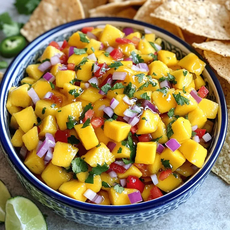 - 2 ripe mangoes, peeled and diced - 1 red bell pepper, finely chopped - 1 small red onion, finely chopped - 1 jalapeño, seeds removed and minced - Optional: 1 tablespoon honey for sweetness - 3 tablespoons freshly squeezed lime juice - 1/4 cup fresh cilantro, chopped - Salt and pepper, to taste When I create spicy mango salsa, I focus on fresh and vibrant ingredients. The mangoes should be ripe. They provide a sweet base for the salsa. The red bell pepper adds crunch and color. The red onion gives a mild bite. These main ingredients combine to create a fresh flavor. For the spicy kick, I like to add a jalapeño. Removing the seeds makes it less hot. If you want more heat, you can leave some seeds in. If you enjoy a touch of sweetness, honey is a great choice. It balances the heat perfectly. For seasoning, I squeeze fresh lime juice over the mix. This adds brightness and tang. Fresh cilantro gives the salsa a fresh, herbaceous note. Salt and pepper enhance all the flavors. You can adjust these to your taste. You can find the full recipe for this delicious dish above. It’s simple to make and full of flavor! Start by peeling the ripe mangoes. Use a sharp knife to remove the skin. Cut the mango into small cubes. Aim for uniform pieces to ensure even mixing. Place the diced mango in a medium bowl. Next, finely chop the red bell pepper. Make sure the pieces are small enough to blend well with the mango. Do the same with the red onion. Add both the chopped bell pepper and onion to the bowl with the mango. Now, it's time to add some heat. Take the jalapeño and cut off the top. Remove the seeds for less spice. If you love heat, keep some seeds in. Mince the jalapeño into small bits. Add the minced jalapeño to the bowl. Drizzle the fresh lime juice over the mixture. This adds brightness to the salsa. Next, chop the cilantro and add it to the bowl. If you want a touch of sweetness, stir in the honey now. Gently mix all the ingredients with a spatula. Avoid mashing the mango; you want the pieces to stay intact. Season with salt and pepper to taste. Adjust the flavor as needed. Let the salsa rest for at least 15 minutes. This helps the flavors blend together. For the full recipe, check the earlier section. Enjoy your fresh and tasty creation! Letting the salsa rest is key. This step helps the flavors mix. I recommend resting it for at least 15 minutes. You will taste the difference! To adjust the heat, focus on the jalapeño. If you want less spice, remove all the seeds. For more heat, keep some seeds in. This way, you control the heat level! Serve your salsa in bright bowls. This makes the colors pop! You can also use hollowed-out mango skins for a fun look. This adds a nice touch. Pair the salsa with crunchy tortilla chips. It also tastes great on grilled chicken or fish. The fresh flavors will shine! Use a medium mixing bowl for this recipe. A large wooden spoon or spatula works best for mixing. For cutting, a sharp chef’s knife is ideal. This knife will help you chop the mango and veggies easily. Having the right tools makes cooking more enjoyable! For the [Full Recipe], check the earlier section. Enjoy making your spicy mango salsa! {{image_4}} You can play with the ingredients to make your salsa unique. Consider adding diced avocado for a creamy texture. This adds richness and pairs well with mango. If you want to switch things up, substitute lime juice with lemon juice. This change gives your salsa a bright, zesty flavor. Adjust the heat based on your taste. Start with one jalapeño, but you can add more if you crave spice. Remember, the seeds add heat, so remove them for a milder salsa. For an extra kick, explore using diced serrano peppers. They pack more heat and can elevate your salsa experience. You can also tweak the sweetness. Experiment with different sweeteners like agave nectar for a lighter touch. If you prefer a less sweet salsa, simply omit the honey. This keeps the focus on the savory and spicy notes of your salsa. For those eager to try making this delightful dish, refer to the Full Recipe to get started! To keep your spicy mango salsa fresh, store it in an airtight container. This helps prevent air from spoiling the salsa. I recommend using glass containers as they do not absorb odors. The salsa is best enjoyed within three days. After that, the flavor may change, but it can still be safe to eat. Always check for any strange smells or colors before using leftovers. You can freeze spicy mango salsa for longer storage. To do this, place the salsa in a freezer-safe bag. Remove as much air as possible before sealing it. This way, you avoid freezer burn. When you want to enjoy it again, thaw the salsa in the fridge overnight. For the best texture, do not microwave it. Instead, let it slowly warm up in the refrigerator. It’s important to know when salsa has gone bad. Look for any changes in color or texture. If you see mold or separation, it’s time to toss it out. A sour smell is another sign that it’s no longer good. To extend its shelf life, always use clean utensils when serving. Avoid dipping chips directly into the container, as this can introduce bacteria. For more recipes like this, check the Full Recipe. You can serve spicy mango salsa with many dishes. It pairs well with proteins like grilled chicken, fish, or shrimp. You can also enjoy it with crispy tortilla chips. It adds a fresh twist to tacos and burritos, too. The bright flavors complement savory foods nicely. Yes, you can make this salsa ahead of time. I recommend preparing it up to two hours before serving. This allows the flavors to blend well. However, for best taste, make it fresh if possible. If you store it, keep it in the fridge until needed. To reduce the heat, you can remove all the jalapeño seeds. You can also use less jalapeño in your mix. Another trick is to add more mango or some diced avocado. This will balance out the heat and make the salsa milder. Spicy mango salsa is quite healthy. Mangoes provide vitamins A and C, which are great for your skin. Bell peppers add fiber and antioxidants. Onions have health benefits too, like supporting heart health. Overall, this salsa is a tasty way to enjoy nutritious ingredients. This post covered how to make tasty and fresh spicy mango salsa. You learned the main ingredients like ripe mangoes, red bell pepper, and jalapeño. We went over step-by-step instructions, tips for flavor, and fun variations. In conclusion, this salsa is quick to make and perfect for snacks or meals. Enjoy experimenting with flavors and serving it in fun ways. With these ideas, you can make your salsa a hit at any gathering!