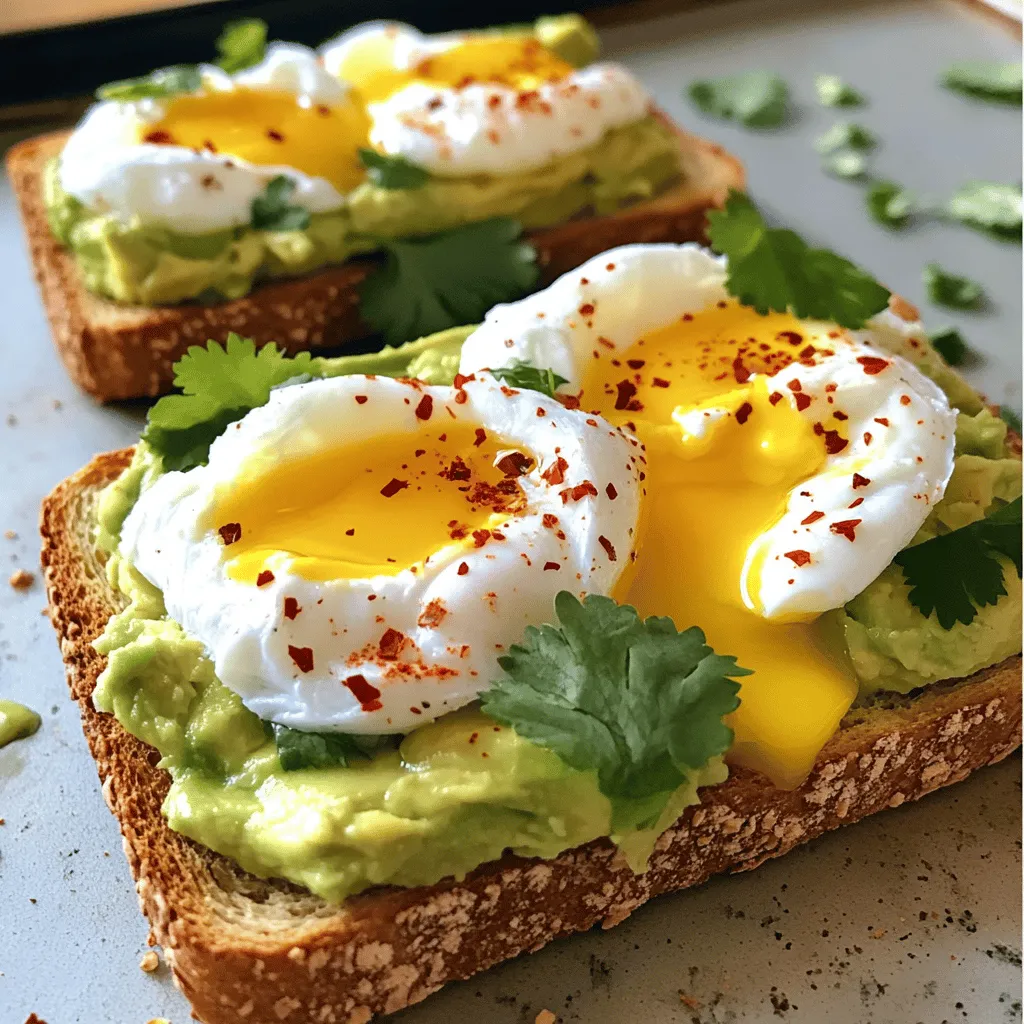To make the best avocado toast with poached eggs, gather these simple ingredients: - 2 ripe avocados - 4 slices of whole-grain bread - 4 large eggs - 1 teaspoon white vinegar - 1 tablespoon extra virgin olive oil - Salt and freshly ground black pepper to taste - Pinch of red pepper flakes (optional for spice) - Fresh cilantro or parsley, chopped, for garnish - Juice of 1/2 lemon Each ingredient plays a key role in this dish. The avocados bring creamy richness. Whole-grain bread adds fiber and crunch. Fresh eggs provide protein and a lovely runny yolk. White vinegar helps the eggs hold their shape while poaching. I recommend using ripe avocados for the best flavor. Look for ones that yield slightly to gentle pressure. Fresh herbs like cilantro or parsley add a bright touch. Adjust salt and pepper to your taste. For a hint of heat, the red pepper flakes are optional but fun! You can also switch things up with different toppings if you like. This recipe is all about personal taste and enjoyment. If you're ready to create this dish, check out the Full Recipe for Avocado Toast Delight with Poached Eggs. Each ingredient is key to making your breakfast or brunch a hit! To start, cut the ripe avocados in half. Remove the pit with a knife or spoon. Scoop out the green flesh into a medium bowl. Squeeze the juice from half a lemon into the bowl. This adds flavor and keeps the avocado from turning brown. Drizzle in one tablespoon of extra virgin olive oil. Add a pinch of salt and black pepper to taste. Use a fork to mash the avocado. You can make it smooth or leave it a bit chunky, whichever you prefer. Once mixed well, set the avocado spread aside. Now, let’s toast the bread. Take your four slices of whole-grain bread. You can use a toaster, oven, or griddle. Toast them until they are golden brown. The crispiness adds a nice texture to the dish. Keep an eye on them, so they don’t burn! Next, we will poach the eggs. Fill a medium saucepan halfway with water and heat it over medium heat. Bring the water to a gentle simmer. Add one teaspoon of white vinegar to the water. This helps the egg whites stay together. Crack each egg into a small bowl first. Then, gently slide them into the simmering water. Cook each egg for about 3-4 minutes. You want the whites to be firm but the yolk to stay runny. Use a slotted spoon to take the eggs out of the water. Place them on a paper towel to drain any extra water. This simple method creates a delicious and satisfying avocado toast with poached eggs. For the complete recipe, refer to the Full Recipe section. To get the best texture, pick ripe avocados. They should feel soft but not mushy. When you mash them, leave some chunks for a nice bite. Mix in fresh lemon juice right away. This keeps the color bright and adds flavor. Poaching can seem tricky, but it’s easy with practice. Use fresh eggs, as they hold their shape better. Add white vinegar to the simmering water. This helps the egg whites stay together. Crack each egg into a small bowl first. This way, you can gently slide it into the water without breaking the yolk. Season your avocado mix well. Use salt, black pepper, and a splash of lemon juice for zest. For a kick, sprinkle red pepper flakes on top. Fresh herbs like cilantro or parsley add color and flavor. Top the toast with the poached egg and sprinkle more herbs for a beautiful finish. For the full recipe, check out the Avocado Toast Delight with Poached Eggs. Enjoy your cooking! {{image_4}} You can spice up your avocado toast with just a few simple additions. Try adding a pinch of smoked paprika or cayenne pepper to the avocado mix. These spices give a warm kick. For a creamy touch, drizzle sriracha or tahini over the top. This adds flavor and makes each bite exciting! Want to change it up? Smoked salmon pairs well with avocado. Place a few slices on top of the eggs for a tasty twist. Cherry tomatoes also work great! Slice them in half, sprinkle with salt, and arrange them on the toast. They add color and a burst of freshness. If you need gluten-free bread, many brands offer great choices. Look for a tasty gluten-free whole grain or seed-based bread. For low-carb options, use slices of cucumber or roasted sweet potatoes as a base. These alternatives keep the dish light while still being delicious. Feel free to explore these options and make the dish your own. For the full recipe, check out the details above! To keep your avocado spread fresh, store it in an airtight container. Press plastic wrap directly onto the surface to limit air exposure. This helps slow down browning. Use it within two days for the best taste. If you have leftover toast and eggs, reheat them carefully. For toast, place it in a toaster for a few minutes. For eggs, heat them gently. You can use a microwave but be cautious to avoid overcooking. A few seconds should be enough. For long-term storage, keep avocados whole and uncut at room temperature. Once ripe, use them quickly or store them in the fridge. Whole grain bread lasts longer in the freezer. Wrap it tightly and slice as needed. Eggs should stay fresh in the fridge for about three to five weeks. To stop avocados from browning, use lemon juice. The acid in lemon juice slows down oxidation. After cutting, brush the flesh with lemon juice. You can also store avocados in an airtight container. Cover them tightly to keep air out. Yes, you can prep parts ahead of time. You can make the avocado spread in advance. Just keep it in an airtight container with lemon juice on top. Toast the bread and poach the eggs fresh when you are ready to serve. This keeps everything tasty and fresh. You can get creative with your toppings! Try adding sliced tomatoes, radishes, or cucumbers. Crumbled feta cheese or smoked salmon also work great. For a bit of heat, add jalapeños or hot sauce. Fresh herbs like basil or mint bring a nice touch too. For the full recipe, refer to the section above. This blog gives you a simple guide to making delicious avocado toast with poached eggs. We covered the ingredients you need and provided easy steps to prepare each part. Tips helped ensure your avocado spread is smooth and your eggs are perfectly poached. I also shared different ideas for toppings and how to store leftovers. In conclusion, this dish makes a satisfying meal or snack. Enjoy it your way and share it with friends!