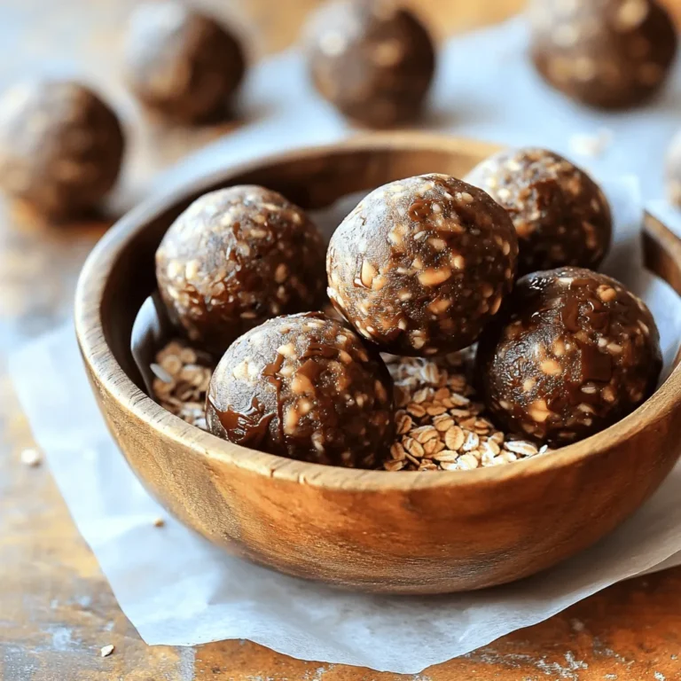 - 1 cup old-fashioned oats - 1/2 cup natural peanut butter - 1/4 cup honey or maple syrup - 1/4 cup ground flaxseed - 1/2 cup dark chocolate chips - 1/2 teaspoon vanilla extract - A pinch of sea salt The ingredients for these energy balls are simple yet effective. Each one plays a key role in flavor and nutrition. Old-fashioned oats provide a sturdy base and fiber. Natural peanut butter adds creaminess and protein. Honey or maple syrup gives sweetness and moisture. Ground flaxseed packs in healthy fats and fiber. Dark chocolate chips bring rich flavor and a touch of indulgence. Vanilla extract adds depth, while sea salt enhances all the flavors. - Chia seeds - Coconut flakes - Nuts or seeds Feel free to customize your energy balls! Chia seeds add extra fiber and omega-3s. Coconut flakes can bring a tropical twist. Nuts or seeds add crunch and more protein. These add-ins not only boost nutrition but also let you create your perfect snack. - Calories per serving: Approximately 100-120 calories - Macronutrient breakdown: Roughly 4g protein, 8g carbs, 6g fat per ball - Health benefits: These energy balls are great for quick energy. They help keep you full and satisfied. The oats and flaxseed offer fiber, while peanut butter provides healthy fats and protein. Dark chocolate also has antioxidants and can improve mood. You can find the full recipe [here](#). - Combine Dry Ingredients: Start by taking a medium mixing bowl. Add 1 cup of old-fashioned oats, 1/4 cup of ground flaxseed, and a pinch of sea salt. Stir well. Make sure everything mixes evenly. This gives your energy balls a solid base. - Prepare Wet Ingredients: In another bowl, add 1/2 cup of natural peanut butter, 1/4 cup of honey or maple syrup, and 1/2 teaspoon of vanilla extract. Use a spatula to blend these until smooth. This mixture adds flavor and moisture to your energy balls. - Incorporate Mixtures Together: Pour the smooth peanut butter mixture into the bowl with the dry ingredients. Stir well until everything is coated. You want a cohesive mix that holds together nicely. - Add Chocolate Chips: Now, gently fold in 1/2 cup of dark chocolate chips. Make sure they are evenly spread throughout the mixture. The chocolate adds a sweet touch to each bite. - Shaping Tips: With clean hands, scoop a portion of the mixture. Roll it into a ball, about 1 inch in diameter. If it’s sticky, dampen your hands with a little water. This helps shape them easily. - Suggested Size: Aim for roughly 1 inch. This size is great for snacking and easy to grab on the go. Make sure to check out the Full Recipe for more details and helpful tips! To make the best peanut butter chocolate energy balls, focus on balance. You want a mix that isn’t too dry or too sticky. If your mixture feels too dry, add a little more peanut butter or honey. This will help bring it together. If it’s sticky, add more oats or flaxseed. Adjust these ingredients to get the right consistency. Store your energy balls in an airtight container. This keeps them fresh. They can last in the refrigerator for about one week. If you want to keep them longer, think about freezing them. Just make sure to separate them with parchment paper. This way, they won’t stick together. These energy balls pair well with fresh fruits or yogurt. You can serve them as a snack for kids or adults. They are easy to grab on the go. For a fun twist, try serving them with a dip made from yogurt. This adds a creamy texture that complements the chocolate and peanut butter. They are a hit at parties or just as a tasty treat during the day. Enjoy! {{image_4}} You can easily make these energy balls vegan. Just swap out honey for maple syrup. Maple syrup adds sweetness without animal products. Also, use vegan chocolate chips. This option keeps the treat plant-based and delicious. For a gluten-free version, choose certified gluten-free oats. This ensures you avoid any gluten contamination. You can also use alternative binding agents. For instance, try almond butter or sunflower seed butter. These options keep the recipe gluten-free while adding unique flavors. Feel free to get creative with flavors. Adding protein powder boosts nutrition. You can mix in vanilla or chocolate protein powder for extra protein. Experiment with different nut butters, too. Almond butter or cashew butter gives the energy balls a new taste. Each variation makes the snack more exciting. For the full recipe, check out the details above. To keep your peanut butter chocolate energy balls fresh, use airtight containers. Glass or plastic containers work well. Store them in the fridge for up to one week. This method helps them maintain their shape and flavor. You can freeze energy balls for longer storage. To freeze, place them on a baking sheet first. Make sure they are not touching each other. After they freeze for a couple of hours, transfer them to a freezer-safe bag. For best results, eat them within three months. When you're ready to eat, thaw them in the fridge overnight. This keeps them tasty and safe. Check for signs of spoilage before eating. If they smell off or have a strange color, toss them out. A good way to extend shelf life is to always use clean utensils when serving. This simple step helps keep your energy balls fresh longer. Yes, you can skip the chocolate chips. If you want a different taste, try dried fruits like raisins or cranberries. You can also use nuts or seeds for added crunch. These options keep the energy balls tasty and fun. This recipe makes about 12 to 15 energy balls. The exact number depends on how big you roll them. For smaller snacks, you can make more, and for larger bites, you can make fewer. These energy balls last up to one week in the fridge. Keep them in an airtight container to keep them fresh. If you want them longer, you can freeze them for up to three months. Yes! Kids can help with many tasks. They can mix dry ingredients or roll the balls into shape. Just make sure to supervise when using any tools or handling sticky mixtures. If the mixture is too dry, you can add a little more peanut butter or honey. Start with a tablespoon at a time until it feels just right. You want it moist but not too sticky. Yes, Peanut Butter Chocolate Energy Balls are healthy. They have good fats from peanut butter and fiber from oats. The dark chocolate chips add some antioxidants, making them a tasty and nutritious snack. You learned how to make tasty energy balls using simple ingredients. The key steps include mixing dry and wet components, shaping, and storing them properly. These energy balls are healthy, versatile, and perfect for snacks. You can customize them by adding optional ingredients or trying different flavors. Always check for spoilage to ensure freshness. Enjoy these snacks as a guilt-free treat anytime you need an energy boost.