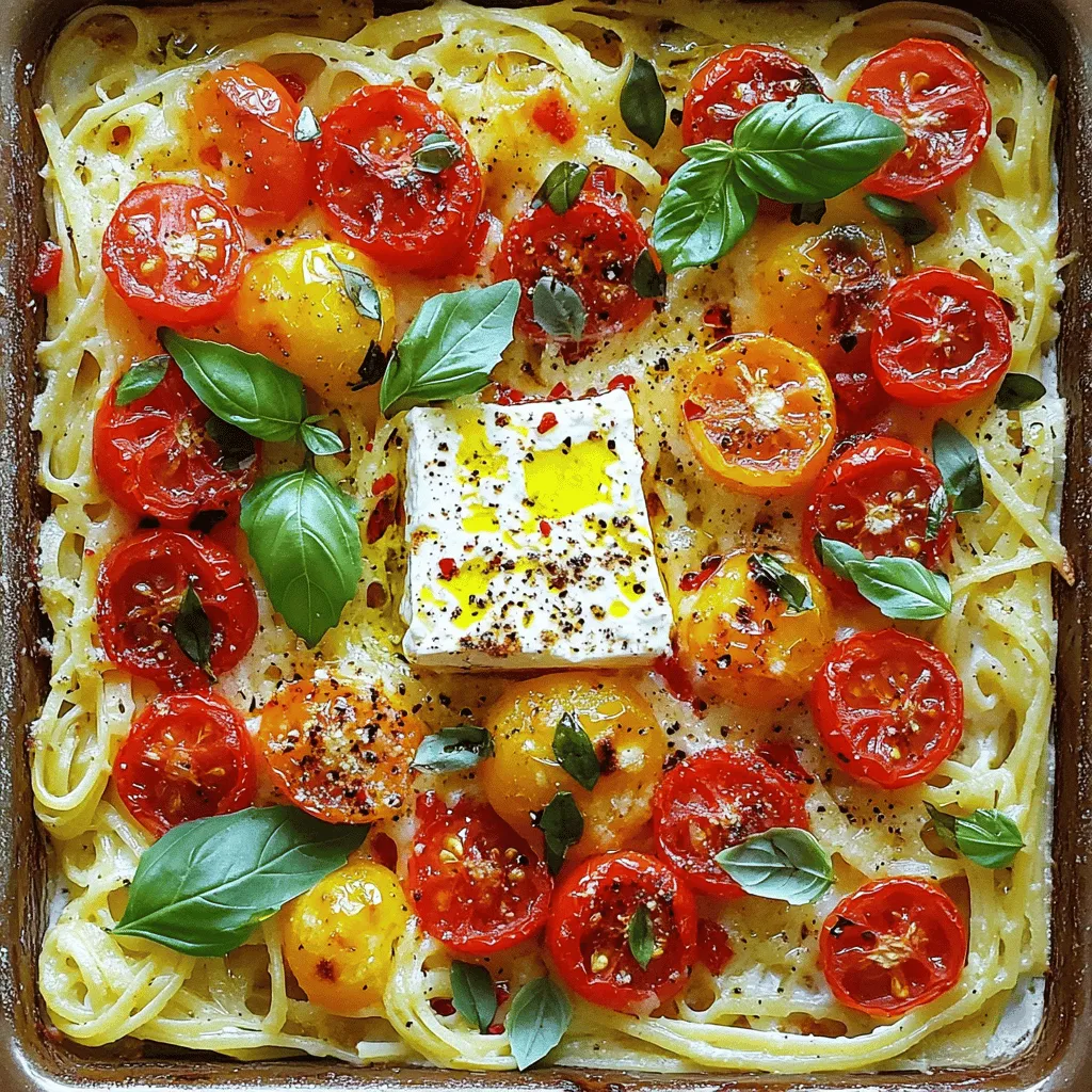 - 200g feta cheese - 250g pasta of your choice (penne or fusilli recommended) - 2 cups cherry tomatoes, halved - 1 large red bell pepper, sliced into strips - 4 cloves garlic, finely minced - 3 tablespoons extra virgin olive oil - 1 teaspoon dried oregano - 1 teaspoon red pepper flakes (optional) - Salt and freshly cracked black pepper, to taste - Fresh basil leaves for garnishing - Grated Parmesan cheese for serving Gathering the right ingredients is key to making baked feta pasta shine. Feta cheese brings a creamy and tangy flavor that blends perfectly with the other ingredients. I enjoy using cherry tomatoes and red bell pepper for their sweetness and color. Garlic adds depth, and olive oil enriches the dish. Opt for penne or fusilli pasta; they hold the sauce well. Don’t forget the seasonings! Dried oregano gives an aromatic touch, while red pepper flakes add a hint of heat for those who like it spicy. Salt and pepper balance the flavors beautifully. Fresh basil leaves not only add a burst of color but also a fragrant finish. Finally, a sprinkle of grated Parmesan offers that extra layer of richness. You can check the full recipe for more details on preparation. Enjoy crafting this dish with these simple yet vibrant ingredients! 1. Preheating the Oven: Start by preheating your oven to 400°F (200°C). This makes sure everything bakes evenly and quickly. 2. Arranging Ingredients in Baking Dish: In a large baking dish, place the block of feta cheese in the center. Surround it with halved cherry tomatoes and sliced red bell pepper. This layout looks great and helps the flavors meld. 3. Baking Process: Sprinkle minced garlic over the feta and veggies. Drizzle extra virgin olive oil on top. Season with dried oregano, red pepper flakes (if you like heat), salt, and black pepper. Place the dish in the oven and bake for 25-30 minutes. The feta should be soft, and the tomatoes will burst, releasing juicy goodness. 1. Instructions for Cooking Pasta: While your feta and veggies bake, cook your pasta according to the package instructions. Aim for an al dente texture. This keeps the pasta firm and chewy. 2. Reserving Pasta Water: Before you drain the pasta, reserve about 1 cup of the starchy pasta water. This water helps create a creamy sauce later on. 1. Mashing Feta and Tomatoes: Once the baking time is up, take the dish out of the oven. Use a fork to mash the softened feta and burst tomatoes together. You want a creamy, sauce-like mix. 2. Incorporating Pasta into the Dish: Add the cooked pasta to the baking dish. Gently toss everything together. Ensure the pasta is well coated in the creamy sauce. If the sauce is too thick, slowly mix in some reserved pasta water until it reaches your desired consistency. You can find the full recipe online to guide you through each step. Enjoy your delicious Baked Feta Pasta! Achieving Creaminess To get that rich, creamy texture, use high-quality feta. When you bake the feta, it becomes soft and easy to mix. As you mash it with the tomatoes, it turns into a lovely sauce. For extra creaminess, add a splash of the reserved pasta water. It helps blend everything together. Tips for Seasoning Seasoning is key to great flavor. Use salt and freshly cracked black pepper generously. Dried oregano brightens the dish, but feel free to add your favorite herbs. If you like heat, sprinkle in red pepper flakes for a spicy kick. Just remember, you can always add more, but you cannot take it out! Serving Suggestions Serve the pasta in warm bowls. This keeps it cozy and inviting. For a fun twist, use individual ramekins for each person. This makes it feel fancy at home. You can also layer ingredients for a colorful display. Garnishing for Visual Appeal Garnish with fresh basil leaves. They add a nice pop of green. You can also sprinkle grated Parmesan on top. This not only looks great but adds a rich flavor. A drizzle of olive oil just before serving can enhance the look too. Meal Prep Ideas Make this dish easier by prepping in advance. Chop your vegetables and mince the garlic ahead of time. You can store them in the fridge for up to three days. This way, dinner comes together quickly on a busy night. Using Leftover Ingredients Got leftover veggies? Toss them in! Spinach, zucchini, or even olives work well. You can also add protein like cooked chicken or shrimp. This not only reduces waste but also makes your meal even better. For the full recipe of this delightful dish, check the Full Recipe section. Enjoy your cooking! {{image_4}} You can make baked feta pasta even more exciting by adding extra ingredients. Vegetables to Include Try adding zucchini, spinach, or mushrooms for more flavor. Roasted eggplant also works well. These veggies bring different tastes and colors to your dish. Protein Options For a heartier meal, consider adding protein. Chicken or shrimp are great choices. Simply grill or sauté them before mixing into the pasta. This adds nutrition and makes the dish more filling. Changing up the flavors can make this dish unique. Herb Alternatives You can swap dried oregano for fresh basil, thyme, or rosemary. Each herb gives a new twist to the flavor. Experiment with different combinations to find your favorite. Different Cheese Choices While feta is key, you can also use goat cheese or a mix of cheeses. Cream cheese adds a rich creaminess. Just remember to adjust the salt since some cheeses are saltier than feta. You can adapt baked feta pasta to meet different diets. Gluten-Free Options Use gluten-free pasta, like rice or chickpea pasta. These options taste great and keep the dish enjoyable for everyone. Vegan Adaptations To make this dish vegan, replace feta with a plant-based cheese. You can also use nutritional yeast for a cheesy flavor. This way, everyone can enjoy baked feta pasta! For the complete recipe, check out the [Full Recipe]. To keep your baked feta pasta fresh, follow these tips: - Best Practices for Refrigeration: Allow the dish to cool down to room temperature. Then, cover it tightly with plastic wrap or aluminum foil. You can also transfer it to an airtight container. This helps keep the pasta moist and tasty. Refrigerated, it should last for about 3 to 5 days. - Containers to Use: Use glass or plastic containers with tight-fitting lids. These containers help prevent air from getting in, which keeps the flavors intact. Avoid using metal containers, as they can react with the acidity in the dish. When you are ready to enjoy your leftovers, follow these steps to reheat: - Tips for Even Heating: Place your baked feta pasta in a microwave-safe dish. Heat it in short bursts of 30 seconds, stirring in between. This helps heat the pasta evenly and prevents hot spots. - Avoiding Dryness: To avoid dryness, add a splash of water or olive oil before reheating. This extra moisture keeps the pasta creamy. If using an oven, cover the dish with foil and heat at 350°F (175°C) until warmed through. How long does Baked Feta Pasta last in the fridge? Baked Feta Pasta can last up to three days in the fridge. Make sure to store it in an airtight container. Can I use frozen feta cheese? Yes, you can use frozen feta cheese. Just thaw it before baking. The texture may change slightly, but it will still taste great. What can I serve with Baked Feta Pasta? This dish pairs well with a simple green salad or garlic bread. You can also add grilled chicken or shrimp for extra protein. Can I make this dish ahead of time? You can prepare the veggies and feta the day before. Just bake it fresh when you're ready to eat. What’s the best type of pasta for this recipe? Penne or fusilli work best. They hold the sauce well and give great texture. How do I make it creamier? To make it creamier, add a splash of reserved pasta water after mixing in the pasta. You can also stir in some heavy cream or cream cheese for extra richness. This recipe blends feta cheese, pasta, and vegetables for a delicious meal. From prep to baking, it’s easy to follow. Remember to experiment with flavors and textures. Adding your favorite veggies can make it unique. When storing leftovers, use airtight containers for freshness. This dish also re-heats well. Whether you're a beginner or a pro, enjoy making your own twist on this tasty dish. Try it out with friends or family for a fun cooking experience!