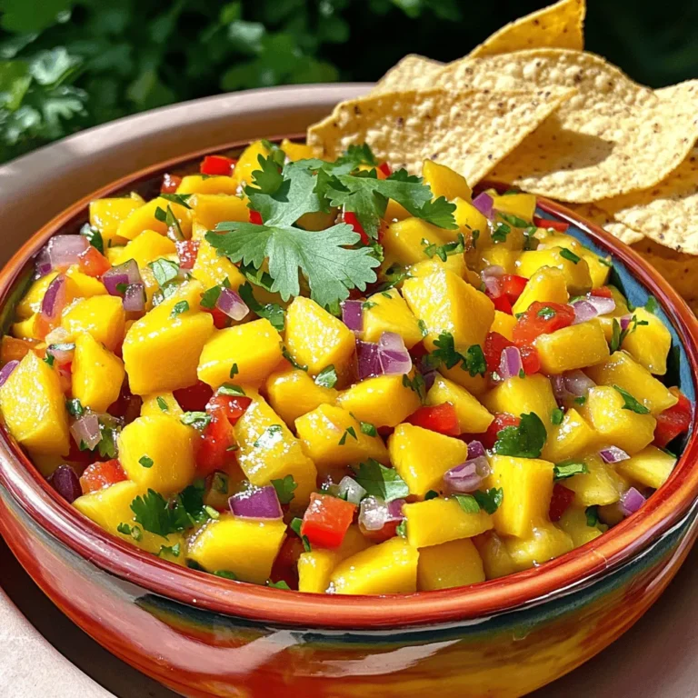 - 2 ripe mangoes, peeled and diced - 1 small red bell pepper, finely chopped - 1/2 red onion, finely chopped - 1 jalapeño pepper, deseeded and minced - 1/4 cup fresh cilantro, finely chopped - 2 tablespoons freshly squeezed lime juice - Salt and freshly ground black pepper to taste - Additional spices for flavor enhancement - Other fruits like pineapple or avocado The main ingredients in this salsa create a bright and fresh taste. You will use ripe mangoes, which give a sweet base. The red bell pepper adds crunch and a nice color. Finely chopped red onion gives a slight bite. A jalapeño pepper adds heat, but you can adjust it to your taste. Fresh cilantro brings a herbal note. Lime juice adds a zesty kick to balance the sweetness. Lastly, salt and pepper enhance all the flavors. You can also get creative with optional ingredients. Add spices like cumin or chili powder for extra flavor. Fruits like pineapple or avocado can boost the salsa's sweetness or creaminess. Use what you love for a personal touch. For the full recipe, check out the Tropical Mango Tango Salsa section. Each step will guide you to create your own fresh and flavorful dish. How to peel and dice mangoes To peel a mango, hold it upright. Use a sharp knife to slice off the skin. Start from the top and work your way down. Next, cut the mango in half, avoiding the pit. Dice the flesh into small cubes. Proper methods for chopping bell pepper and onion For the bell pepper, cut off the top and bottom. Remove the seeds and white parts. Slice it into thin strips, then chop those strips into small pieces. For the red onion, cut it in half. Peel off the outer layer and slice it thinly. Then, chop the slices into small pieces. Step-by-step guide to combining the ingredients In a large bowl, combine the diced mangoes, bell pepper, and onion. Mix them gently with a spoon. Next, add the minced jalapeño. Fold it in carefully to spread the heat. Now, add the chopped cilantro. Important mixing techniques Squeeze fresh lime juice over the mixture. Use a gentle toss to mix everything. Be careful not to mash the mango. Each piece should stay intact for a nice texture. Tips for seasoning with salt and pepper Season the salsa with salt and freshly ground black pepper. Start with a little and taste as you go. Adjust the seasoning to match your preference. Recommended resting time for best flavor Let the salsa sit at room temperature for about 10 minutes. This time allows the flavors to blend nicely. The waiting makes the salsa even tastier. For the Full Recipe, check out the complete guide to making this delicious mango salsa! To make the best salsa, start with ripe mangoes. The best types for salsa are the Ataulfo or Haden mangoes. These have great sweetness and texture. To judge ripeness, gently press the mango. If it gives slightly, it’s ripe. The skin should have a golden hue with some red blush. Avoid hard mangoes, as they will be less sweet. You can boost the flavor of your mango salsa by adding more ingredients. Try diced pineapple for extra sweetness. You can also mix in orange segments for a citrus twist. Fresh herbs like mint or basil can bring a new taste. For serving, use tortilla chips for dipping. This salsa also tastes great on grilled fish or chicken. You can pair it with tacos for a fresh kick. One mistake is overmixing the salsa. Mixing too much can turn mangoes into mush. Gently combine your ingredients to keep the chunks intact. Another common mistake is skipping the resting time. Let your salsa sit for about 10 minutes. This allows the flavors to blend and taste even better. Enjoy this simple mango salsa with your favorite dishes! {{image_4}} You can change your mango salsa by using other fruits. Try adding pineapple for a tropical twist. It gives a nice sweet and tangy flavor. You can also use avocado. Avocado adds creaminess and a rich texture. Seasonal fruits work well too. In summer, use peaches or nectarines. In fall, add diced apples for a crunch. Each fruit adds its own taste. Feel free to mix and match based on what you find at the store or market. Want to spice things up? You can easily adjust the heat. Use jalapeños for a kick. Add more or less based on your taste. If you want a milder salsa, skip the seeds. You can also use other peppers like serranos or poblanos. They offer different heat levels. For a fresh flavor, try herbs like mint or basil. These can give your salsa a unique twist. Making your salsa vegan is simple. The ingredients are already plant-based. You can also ensure it’s gluten-free. Check that your ingredients, like lime juice, have no additives. This way, everyone can enjoy your salsa. If you want to keep it healthy, use less salt. You can also swap in fresh herbs for extra flavor. This keeps the dish light and tasty. Enjoy your mango salsa guilt-free! To keep your mango salsa fresh, store it in an airtight container. Make sure to press out any air before sealing. Place the container in the refrigerator. This method helps maintain the salsa's vibrant flavors. Homemade mango salsa lasts about three days in the fridge. After this time, the ingredients may start to lose their crispness and taste. To freeze mango salsa, start by placing it in a freezer-safe bag. Remove as much air as possible before sealing. Write the date on the bag so you remember when you froze it. You can freeze mango salsa for up to three months. When you are ready to use it, thaw the salsa in the refrigerator overnight. Once thawed, give it a good stir. The flavors will still be tasty, but the texture may change slightly. Use thawed salsa on tacos or grilled meats for a quick meal. To add heat, use jalapeños or hot sauce. Start with one minced jalapeño. Mix it into your salsa. If you want more spice, add another jalapeño. You can also use hot sauce. Just a few drops can make a big difference. Taste as you go to find your perfect heat level. Yes, you can prep mango salsa ahead of time. Make it a few hours before serving. Keep it in the fridge until you are ready to use it. This way, the flavors blend together nicely. Just remember to stir it again before serving. Freshness is key, so don't make it too far ahead. Mango salsa is versatile and tasty. Serve it with crispy tortilla chips for snacking. It pairs well with grilled meats like chicken or fish. You can also use it as a topping for tacos. The bright flavors add a fun twist to your dishes. Try it with grilled shrimp for a tropical treat. For a refreshing salad, mix it with greens. You can find the full recipe [Full Recipe]. This blog post covered everything to make delicious mango salsa. You learned about required and optional ingredients, preparation steps, and important mixing techniques. Tips helped choose ripe mangoes and avoid common mistakes. The variations section showed how to customize your salsa and cater to dietary needs. Lastly, the storage info ensures your salsa stays fresh. Now, you can enjoy and share your tasty creation with others. Happy salsa-making!