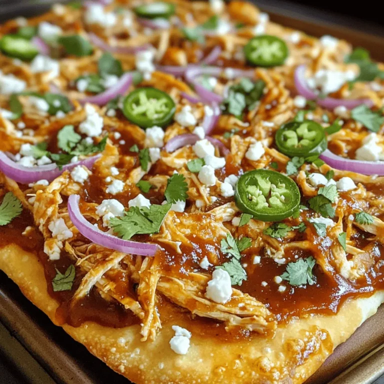 - Flatbreads or naan - Cooked chicken - BBQ sauce The main ingredients make this dish simple and tasty. You can use flatbreads or naan, which are easy to find. For the chicken, any cooked chicken works, but shredded is best. Choose a BBQ sauce you love. The sauce gives the dish its sweet and smoky flavor. - Red onion - Shredded mozzarella cheese - Crumbled feta cheese Red onion adds a nice crunch and flavor. The shredded mozzarella gives that melty goodness we crave. Crumbled feta cheese adds a tangy touch that balances the BBQ sauce. These ingredients work together to create a delicious bite. - Garlic powder - Fresh cilantro - Jalapeño slices Garlic powder adds a savory note to the flatbread. Fresh cilantro brings a bright flavor that pops. If you like spice, jalapeño slices add heat. These seasonings and toppings let you customize the dish to your taste. This simple list of ingredients helps you create a flavorful BBQ chicken flatbread. If you want the full recipe, check out the BBQ Chicken Flatbread Delight! First, preheat your oven to 400°F (200°C). This step is crucial for getting that nice, crispy flatbread. While the oven heats, grab your cooked chicken. In a bowl, mix the shredded chicken with your favorite BBQ sauce. Make sure the chicken is coated well. Adjust the sauce to your liking. Now, take a baking sheet and line it with parchment paper. Lay your flatbreads or naan on top. Brush the tops with olive oil. This will help them become golden and tasty. Next, spoon the BBQ chicken mixture on each flatbread. Spread it out evenly so every bite is full of flavor. Time to add some toppings! Sprinkle the thinly sliced red onion over the chicken. Then, add a layer of shredded mozzarella cheese and crumbled feta cheese. For extra flavor, dust the flatbreads with garlic powder, salt, and black pepper. If you like it spicy, add fresh jalapeño slices on top. Place the baking sheet in the oven and bake for 12-15 minutes. Keep an eye on them! You want the cheese to melt and bubble, with the edges turning golden brown. When they look perfect, take them out and let them cool slightly. Then, slice into triangles and serve. Enjoy your BBQ chicken flatbread! For the detailed instructions, check the Full Recipe. To boost the taste of your BBQ chicken flatbread, think about adding garlic powder or smoked paprika. Both spices add a great depth. If you like a touch of sweetness, try brown sugar in your BBQ sauce. It brings a nice balance. As for BBQ sauce, choose one that fits your taste. Sweet, tangy, or spicy sauces all work well. My go-to is a honey BBQ sauce for a touch of sweetness. A crispy crust makes all the difference. Brush olive oil on your flatbreads before baking. It helps them crisp up nicely. Make sure your oven is hot enough at 400°F (200°C). For melty cheese, use a mix of mozzarella and feta. Mozzarella melts well, while feta adds a creamy bite. If you want more gooeyness, add extra mozzarella on top. To wow your guests, serve the BBQ chicken flatbread on a wooden board. It looks rustic and inviting. Cut the flatbread into triangles for easy eating. Pair it with a fresh salad or coleslaw for crunch. For drinks, iced tea or lemonade complements the meal perfectly. You can also add lime wedges for a zesty twist. For the Full Recipe, check out the details above. {{image_4}} You can easily change the proteins in your BBQ chicken flatbread. Pulled pork works great for a different taste. Tofu is a fantastic choice for a plant-based option. It absorbs flavors well and adds some nice texture. For cheese, try gouda or cheddar instead of mozzarella. Gouda brings a smoky flavor, while cheddar adds a sharp zest. Mixing cheeses can also create a delightful taste. If you want a meat-free flatbread, use veggies instead. Grilled bell peppers, zucchini, and mushrooms can add great flavor. You can also try a mix of your favorite vegetables, like spinach or artichokes. Another option is to use BBQ sauce with beans. Black beans or chickpeas can give you a hearty texture. You can enjoy the same BBQ flavor without meat. Switching up the BBQ sauce can change your flatbread game. Try a spicy sauce for a kick or a sweet sauce for balance. Different brands offer unique flavors, so explore your options. You can also add fruits to your flatbread. Pineapple gives a sweet touch that pairs well with BBQ sauce. Slices of peaches or apples can also add a fun twist. Experiment with these different flavors to find your favorite. To store leftover flatbreads, allow them to cool completely. Place them in an airtight container. You can also wrap them in plastic wrap or aluminum foil. This keeps moisture in and prevents them from drying out. Store them in the fridge for up to three days. For best freshness, reheat them before serving. For reheating, I recommend using an oven or an air fryer. Preheat the oven to 350°F (175°C). Place the flatbread on a baking sheet and heat for about 10 minutes. If you use an air fryer, set it to 350°F (175°C) for 5-7 minutes. To retain crispiness, avoid microwaving. Microwaving makes the flatbread soggy. Yes, you can freeze BBQ chicken flatbread. To freeze, wrap each flatbread tightly in plastic wrap. Then, place them in a freezer-safe bag. This prevents freezer burn. They can last up to three months in the freezer. When ready to eat, thaw overnight in the fridge. Reheat them using the same methods mentioned above. Enjoy your flavorful flatbread even after freezing! You can keep BBQ chicken flatbread in the fridge for up to three days. Be sure to store it in an airtight container. This helps keep the flavors fresh and the flatbread from drying out. Yes, you can use store-bought BBQ sauce! Many brands offer great flavors. Look for one that you like best. It saves time and still makes the flatbread tasty. BBQ chicken flatbread is great for meal prep! You can make it ahead and store it in the fridge. Just reheat in the oven or microwave. It stays delicious and easy to enjoy later. Pair your flatbread with fresh coleslaw or a crisp green salad. You might also enjoy it with sweet potato fries or corn on the cob. These sides add a nice touch to your meal. You can find the Full Recipe for BBQ Chicken Flatbread Delight right here. It guides you step-by-step to create this fun meal! In this article, we covered all you need for BBQ chicken flatbread. You learned about the main and extra ingredients, step-by-step instructions, and helpful tips for flavor and texture. I shared easy variations and storage info to keep your flatbread fresh. Whether you stick with the classic recipe or try something new, you can enjoy a tasty meal. This dish is perfect for gatherings or quick dinners. Dive in, get creative, and make your BBQ flatbread your own!