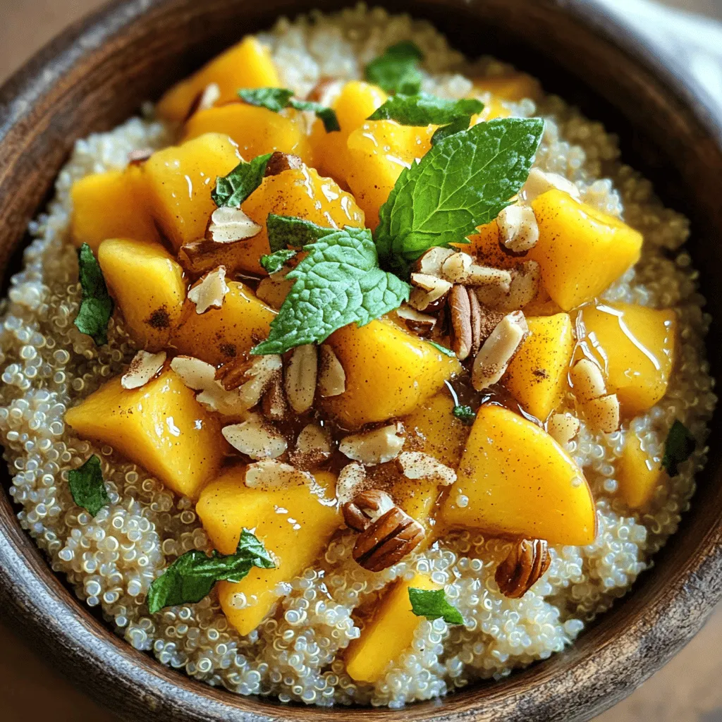 - 1 cup quinoa, thoroughly rinsed - 2 cups almond milk (or your preferred milk type) - 2 ripe peaches, diced into bite-sized pieces - 1 tablespoon honey or maple syrup - 1 teaspoon ground cinnamon - 1/2 teaspoon pure vanilla extract - 1/4 cup chopped nuts (almonds or walnuts) - 2 tablespoons chia seeds - Fresh mint leaves for garnish To create Peach Breakfast Quinoa, gather your main ingredients. First, rinse your quinoa well. This step is key. Rinsing removes bitter saponins. Next, measure your almond milk. You can use any milk you like. Choose what fits your taste. For the peaches, select ripe ones. Their sweetness shines in this dish. Dice them into small pieces for easy eating. Now, if you want a touch of sweetness, have honey or maple syrup handy. You can add ground cinnamon for warmth. A hint of vanilla extract adds depth too. Now, for toppings, I love using chopped nuts. Almonds or walnuts work best. They add crunch. Chia seeds are also a great choice for nutrition. Lastly, fresh mint leaves give a pop of color and freshness. This simple list of ingredients makes breakfast fun and flavorful. For the full recipe, check below to see all the steps to make this energizing morning delight. - Combine 1 cup of rinsed quinoa and 2 cups of almond milk in a saucepan. - Bring the mixture to a boil over medium-high heat. Then, reduce the heat and let it simmer. The quinoa cooks in about 15 minutes. You want it fluffy and tender. The almond milk adds a creamy texture that makes it special. - In a bowl, mix 2 diced peaches with 1 tablespoon of honey or maple syrup, 1 teaspoon of ground cinnamon, and 1/2 teaspoon of vanilla extract. - Stir gently to coat the peaches, then let it sit for a few minutes. This step helps the flavors blend together. The peaches become sweet and fragrant, making your dish pop. - Once the quinoa is done, fluff it with a fork and mix in 2 tablespoons of chia seeds. - Spoon the quinoa into bowls and top with the peach mixture. Add 1/4 cup of chopped nuts for crunch. The nuts give a nice texture and flavor. You can use almonds or walnuts, whichever you prefer. Enjoy this energizing breakfast! Check out the Full Recipe for more details. - Rinse quinoa beforehand to eliminate bitterness. - Adjust almond milk for desired creaminess. Rinsing quinoa helps remove saponins, which can taste bitter. This step makes your dish taste better. I recommend using cold water and a fine mesh strainer. Just rinse until the water runs clear. For creaminess, start with two cups of almond milk. If you want a thicker texture, add more milk. This way, you control how rich your quinoa becomes. - Pair with Greek yogurt for extra richness. - Serve warm or chilled. Greek yogurt adds protein and creaminess. It makes your breakfast more filling. To top it off, a dollop of yogurt gives a nice twist to the dish. You can enjoy this quinoa warm right after cooking. However, it tastes great chilled too. This means you can prepare it the night before for an easy breakfast. - Use mint leaves for garnish. - Choose colorful bowls to enhance visual appeal. Mint leaves add a fresh touch and a pop of color. Just sprinkle some on top for a nice look. Using colorful bowls makes your dish stand out. It adds fun to your breakfast table. Plus, a beautiful presentation can make a meal feel special. For the full recipe, check the details above. Enjoy! {{image_4}} You can swap peaches for other fruits. Berries like strawberries or blueberries make a great choice. Bananas add a nice creaminess, too. Want a tropical twist? Use coconut milk instead of almond milk. It brings a rich, sweet flavor to your quinoa. To make this dish vegan, skip the honey or maple syrup. Just enjoy the natural sweetness from the fruits. If you have nut allergies, use gluten-free nuts. Pumpkin seeds or sunflower seeds can work well as substitutes. Want to boost your energy? Add protein powder to your quinoa. It blends well and keeps you full longer. For a fun twist, layer your quinoa with yogurt or granola. This creates a parfait-style meal that's both tasty and filling. You can find the Full Recipe to get started on this energizing breakfast! Store leftover Peach Breakfast Quinoa in an airtight container. This keeps it fresh and tasty. I recommend eating it within 3-5 days. This way, you enjoy its best flavor and texture. To warm up your quinoa, you have two easy options. The first is to use the microwave. Just add a splash of almond milk and heat it up. The second option is to reheat on the stovetop. Use low heat and stir frequently to avoid sticking. Both methods work well to bring back the warmth. If you want to save some for later, freezing is a great choice. Divide the quinoa into individual portions. This makes for easy breakfasts on busy days. To enjoy, thaw it overnight in the refrigerator before reheating. This keeps the flavor and texture nice and fresh. You can use oatmeal, farro, or rice. Each option will change the taste and texture. Oatmeal gives a creamier feel. Farro brings a nutty flavor. Rice offers a mild taste that absorbs flavors well. Choose what you like best. To make this recipe gluten-free, use gluten-free nuts and check all other ingredients. Some oats are gluten-free, but not all. Always read labels to ensure safety for those with gluten sensitivities. Yes, this recipe is great for meal prep. You can store it in the fridge for busy mornings. Prepare a big batch and divide it into containers. Just reheat when you're ready to eat. It saves time and keeps you on track. Check out the Full Recipe for more tips! In this guide, we explored a simple and tasty quinoa breakfast. We covered the main ingredients, cooking methods, and tips for perfecting your dish. You can customize it with seasonal fruits and toppings. Remember to store leftovers properly to enjoy later. This recipe is not just healthy; it’s also easy to prepare. Try it out for a quick, nutritious meal. Enjoy the journey of making this versatile dish your own!