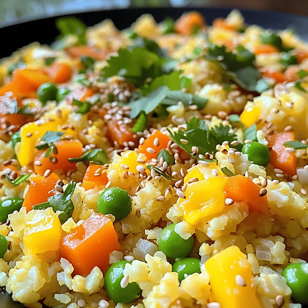 - Riced cauliflower - Vegetable oil - Eggs - Mixed vegetables - Green onions - Garlic - Soy sauce - Sesame oil - Salt and pepper Cauliflower fried rice is a simple dish with fresh and healthy ingredients. The star of the show is the riced cauliflower. You can buy it pre-riced or make it at home. Just chop the cauliflower into small pieces and pulse it in a food processor until it looks like rice. This veggie is low in carbs and full of vitamins. Next, you’ll need vegetable oil. It helps cook your ingredients and adds flavor. Eggs are a must for protein and richness. I like to use large eggs, but any eggs will do. Mixed vegetables give color and crunch. You can use frozen peas, carrots, and bell peppers. They are easy and quick! Green onions add a fresh taste. Garlic brings a wonderful aroma and depth to the dish. Soy sauce gives that classic salty kick. If you want a nutty flavor, add sesame oil. Finally, season with salt and pepper to taste. - Fresh cilantro - Sesame seeds For a pop of color and flavor, you can garnish your dish. Fresh cilantro brightens up the meal. Sesame seeds add a nice crunch. These garnishes make your cauliflower fried rice look beautiful and taste even better. For the full recipe, check the detailed instructions above. Enjoy making this tasty dish! 1. Start by cutting the cauliflower into small florets. This makes it easier to rice. 2. Next, use a food processor to rice the cauliflower. Pulse until it resembles rice grains. Pour the riced cauliflower into a bowl and set it aside. 1. Heat two tablespoons of vegetable oil in a large skillet over medium-high heat. Wait until it is hot but not smoking. 2. Add two cloves of minced garlic to the oil. Sauté for about 30 seconds until it smells good. Keep stirring to avoid burning. 3. Push the garlic aside. Pour in two large, beaten eggs. Let them cook for a moment before scrambling. Mix the eggs back with the garlic when they are cooked. 1. Toss in one cup of mixed vegetables like peas and carrots. Stir-fry for about three to four minutes. The veggies should be bright and tender but still crunchy. 2. Now, add the riced cauliflower to the skillet. Pour in two tablespoons of soy sauce and one tablespoon of sesame oil. Mix everything well and cook for about five to seven minutes. The cauliflower should be tender but not mushy. 3. Finally, add three chopped green onions. Season with salt and pepper to taste. Stir well and let it cook for one more minute. Enjoy this quick and healthy meal! For the full recipe, check out the details above. To rice cauliflower, a food processor works best. It quickly breaks the cauliflower into tiny pieces. If you don’t have one, you can use a box grater. Just remember, you want rice-sized bits. Aim for small, even pieces to cook well. When cooking cauliflower rice, avoid overcooking it. Overcooked cauliflower turns mushy and loses its texture. Stir-fry it just until tender. Adjust the soy sauce to fit your taste. Start with a little, and add more if needed. This lets you control the saltiness. Timing is key for mixing eggs and garlic. After you sauté the garlic, push it to the side. Pour in the beaten eggs next. Let them sit for a moment to cook. Then scramble them gently. This helps keep the eggs fluffy and light. {{image_4}} You can mix in many kinds of veggies. Try seasonal vegetables for freshness. Bell peppers, peas, or carrots work well. If you want a protein boost, add chicken or shrimp. They will make your dish heartier and more filling. You can boost the flavor with different sauces. Teriyaki sauce adds sweetness, while sriracha adds spice. Herbs like basil or cilantro can also brighten the dish. Don't be afraid to experiment with spices too. A little ginger or pepper can make a big difference. Want it keto? Skip the peas and use more low-carb veggies like zucchini. For gluten-free options, use tamari instead of soy sauce. You can still enjoy a tasty meal while meeting your dietary needs. There are many ways to make this dish fit your lifestyle. To keep your cauliflower fried rice fresh, follow these tips: - Refrigeration guidelines: Store leftovers in an airtight container. They can last up to 4 days in the fridge. Make sure to cool the rice to room temperature before sealing it. This step helps prevent moisture build-up. - Freezing recommendations: If you want to store it longer, freeze the fried rice. Use a freezer-safe bag or container. It can last up to 3 months. When ready to eat, thaw it in the fridge overnight before reheating. Reheating your cauliflower fried rice correctly helps keep it tasty. - Best methods for reheating leftovers: Use a skillet or wok over medium heat. Add a little oil to keep it moist. Stir often and heat until warm. You can also microwave it. Place it in a bowl, cover it loosely, and heat for 1-2 minutes. - Tips to retain texture and flavor: Add a splash of water or soy sauce while reheating. This step helps keep the rice from drying out. Stir frequently to ensure even heating. Enjoy your meal just like fresh! Cauliflower fried rice is a tasty dish made from riced cauliflower instead of regular rice. I love this dish as it is low in carbs and full of flavor. It has all the fun of traditional fried rice but with less guilt. You can add any veggies you like, making it a versatile meal. To make this dish vegetarian, just skip the eggs or use plant-based options. You can replace eggs with tofu or chickpeas for protein. Adding more mixed vegetables can boost nutrients too. Try mushrooms, bell peppers, or spinach for great flavor. Yes, you can meal prep cauliflower fried rice! I suggest cooking it fully and then storing it in airtight containers. You can keep it in the fridge for up to four days. For longer storage, freeze it for up to three months. Just reheat it in a pan or microwave when you’re ready to eat. Cauliflower is low in calories and high in fiber. It is rich in vitamins like C and K. Cauliflower also has antioxidants that help fight inflammation. Using cauliflower instead of regular rice can lower carbs and calories in your meal. This makes it a smart choice for a healthy diet. Cauliflower fried rice offers a healthy twist to your favorite dish. We covered the main ingredients, cooking steps, tips, and variations. You can easily customize it to suit your taste. Remember to store leftovers properly to enjoy later. This dish is not only nutritious but also versatile. With the right techniques, you can make it perfect every time. Get creative and have fun in the kitchen with different proteins and flavors. Enjoy your cooking adventure!