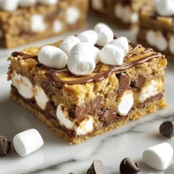 To create the perfect S'mores Cookie Bars, you need the right mix of ingredients. Each one plays a key role in making these bars chewy and delicious. Here’s the full list of what you’ll need: - 2 cups all-purpose flour - 1 teaspoon baking soda - ½ teaspoon salt - ½ cup unsalted butter, softened - ½ cup granulated sugar - ½ cup brown sugar, packed - 1 large egg - 1 teaspoon pure vanilla extract - 1 cup graham cracker crumbs - 1 cup chocolate chips - 1 cup mini marshmallows - ½ cup additional chocolate chips Each ingredient adds its own unique flavor and texture. The flour gives structure, while the butter adds richness. The sugars blend to create sweetness, and the egg binds everything together. The graham cracker crumbs bring in that classic s'mores taste, and the chocolate chips provide gooey bites. Finally, the mini marshmallows melt into a soft, sweet layer. When you get all these ingredients together, you’re set for a fun and tasty treat. For the full recipe, check out the detailed instructions later on. Start by preheating your oven to 350°F (175°C). This step is key for even baking. Next, take a 9x13 inch baking dish. Grease it lightly or line it with parchment paper. This helps with easy removal later. In a large mixing bowl, combine the softened butter, granulated sugar, and brown sugar. Use an electric mixer on medium speed. Beat until the mix is smooth and creamy, about 2-3 minutes. Then, add the egg and vanilla extract. Mix until everything blends well. In a medium bowl, whisk together the flour, baking soda, and salt. This makes sure they’re evenly mixed. Slowly add this dry mix to the wet ingredients. Stir gently until just combined. Be careful not to overmix. This keeps the bars soft. Pour half of the cookie dough into the prepared baking dish. Spread it evenly across the bottom. Next, sprinkle mini marshmallows and half of the additional chocolate chips on top. This will create a gooey, melty center. Finally, dollop the remaining cookie dough over the marshmallows and chocolate. Spread it gently to cover without disturbing the layers. Place the baking dish in the oven. Bake for about 25-30 minutes. The edges should turn golden brown. To check for doneness, insert a toothpick into the center. If it comes out clean, your cookie bars are ready. After baking, let the cookie bars cool in the pan for at least 10 minutes. This helps them set. Once cool, cut them into squares or rectangles. Serve them warm for the best taste. You can drizzle melted chocolate on top for extra yum. Sprinkle extra marshmallows around the plate for a fun touch. Enjoy your treat! For the full recipe, check the ingredients section. To make the best S'mores cookie bars, focus on the dough’s texture. Cream your butter and sugars well. This step adds air, making the bars light and chewy. Don’t overmix when combining wet and dry ingredients. Overmixing can lead to tough bars. Use a toothpick to check for doneness. The center should be slightly soft but not wet. You can mix things up with different toppings. Try adding toffee bits for a crunchy twist. Peanut butter chips also work great with chocolate and marshmallows. You could swap mini marshmallows for large ones, but cut them in half. This ensures they melt evenly. For a fun flavor, add a splash of almond extract. Serve your cookie bars warm for a gooey treat. Drizzle melted chocolate over the top for a rich touch. Sprinkle extra mini marshmallows around the plate for a fun look. You can also dust graham cracker crumbs on top. This gives a rustic vibe, perfect for gatherings. For a special touch, pair them with vanilla ice cream. It's a classic combo that everyone will love. Enjoy making these treats your own! {{image_4}} To make gluten-free s'mores cookie bars, swap regular flour with a gluten-free blend. This mix should contain xanthan gum for the best texture. You can use the same amount as in the recipe. The flavors will stay the same, and your bars will still be chewy and delicious! For a vegan version, replace the butter with coconut oil or a plant-based butter. Use a flax egg instead of the regular egg—just mix one tablespoon of ground flaxseed with 2.5 tablespoons of water. Let it sit for a few minutes until it thickens. Choose dairy-free chocolate chips to keep it all vegan. Your cookie bars will still taste amazing! Feel free to mix things up with your flavors! Try adding peanut butter to the dough for a nutty twist. Just replace 1/2 cup of butter with 1/2 cup of peanut butter. You can also add nuts, like chopped pecans or walnuts, for extra crunch. Another fun twist is to use white chocolate chips instead of semi-sweet ones. The options are endless! For the full recipe, check the earlier section. To keep your S'mores cookie bars fresh, store them in an airtight container. Make sure they cool completely before sealing them up. This helps keep them chewy and prevents them from becoming hard. You can keep them at room temperature for up to four days. If you want to keep them longer, consider freezing. To freeze your S'mores cookie bars, first cut them into squares. Wrap each piece tightly in plastic wrap. Then, place them in a freezer-safe bag or container. They can last in the freezer for up to three months. Just label the bag with the date, so you know when you made them. When you're ready to enjoy your cookie bars, you can reheat them. Place a square in the microwave for about 10-15 seconds. This will warm them up and make the chocolate soft again. If you prefer, you can also thaw them in the fridge overnight before eating. Enjoy your delicious treat just like the day you made them! To make S'mores Cookie Bars chewy, focus on a few key steps: - Use a mix of brown and white sugar. Brown sugar adds moisture. - Don’t overbake them. Pull them out when they are slightly undercooked. - Allow them to cool in the pan. This helps them set without becoming hard. These tips will ensure your bars stay soft and chewy. Absolutely! You can use various chocolate chips, like: - Dark chocolate - White chocolate - Butterscotch chips - Peanut butter chips Feel free to mix and match. Each type adds a unique flavor twist to your bars. If you don’t have graham cracker crumbs, try these: - Digestive biscuits - Vanilla wafers - Crushed shortbread cookies These substitutes work well and keep the flavor profile intact. Yes, S'mores Cookie Bars are perfect for any occasion! They are great for: - Birthday parties - Picnics - Family gatherings Their fun and delicious taste makes them a hit with both kids and adults. For the full recipe, check out the main article. You learned how to make tasty S'mores Cookie Bars with simple steps. We covered the needed ingredients, from flour to chocolate chips. The instructions lay out mixing and layer techniques for the best results. Tips helped you enhance flavors and serve well. Variations allow for gluten-free and vegan options. Finally, I shared how to store and reheat these treats to keep them fresh. Enjoy baking and sharing these sweet bars with friends!
