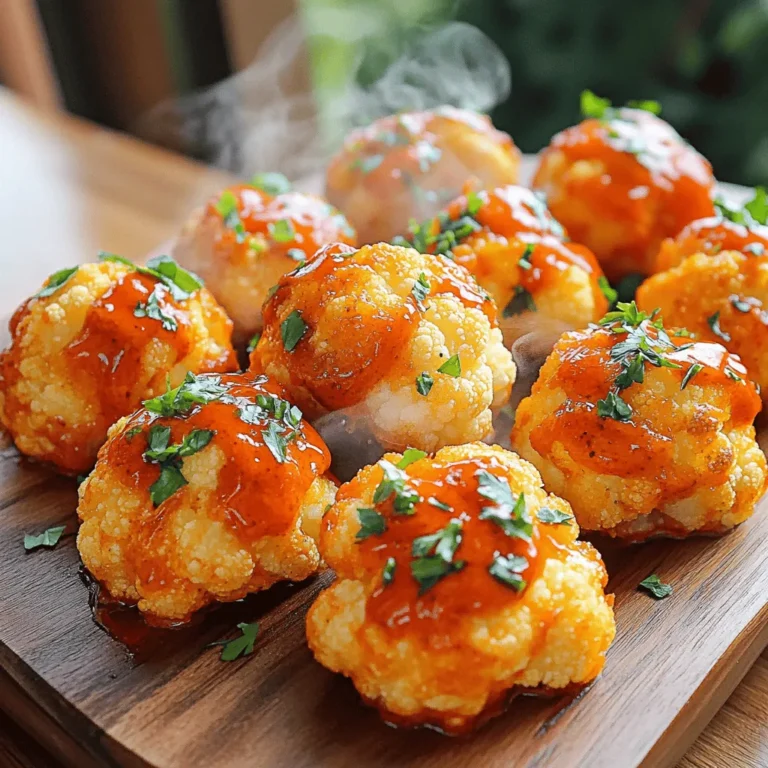 - 1 medium head of cauliflower, cut into bite-sized florets - 1 cup all-purpose flour - 1 cup water - 1 teaspoon garlic powder - 1 teaspoon onion powder - 1 teaspoon smoked paprika - 1/2 teaspoon cayenne pepper - Salt and black pepper to taste - 1 cup buffalo sauce - 2 tablespoons unsalted butter, melted - Fresh parsley for garnish To make delicious buffalo cauliflower bites, you need a few simple ingredients. Start with one medium head of cauliflower, cut into bite-sized florets. This is the base of your dish. Next, measure out one cup of all-purpose flour and one cup of water. These will create a thick batter that coats the cauliflower. Add flavors with one teaspoon each of garlic powder and onion powder. The smoked paprika adds a nice depth, while cayenne pepper brings the heat. Adjust the cayenne to fit your spice level. Don’t forget salt and black pepper for taste. For the sauce, use one cup of buffalo sauce mixed with two tablespoons of melted unsalted butter. This will create a rich flavor that sticks to the cauliflower. Finally, fresh parsley adds color and freshness to your bites. - Calories per serving: Approximately 150 - Macronutrient breakdown: - Protein: 5g - Fats: 8g - Carbs: 18g These bites are a great snack or appetizer. They offer a good balance of protein and healthy fats. If you need dietary options, they can be vegan and gluten-free with simple swaps. Enjoy your tasty and healthy buffalo cauliflower bites! For the full recipe, check out the steps I shared earlier. 1. Preheat your oven to 450°F (232°C). This high heat will help make the bites crispy. 2. Line a large baking sheet with parchment paper. This keeps the bites from sticking and makes cleanup easy. 3. In a mixing bowl, combine the batter ingredients. Mix 1 cup of flour, 1 cup of water, 1 teaspoon of garlic powder, 1 teaspoon of onion powder, 1 teaspoon of smoked paprika, and salt and pepper. Whisk until the mixture is smooth and thick. This batter should coat the cauliflower well. 1. Take each cauliflower floret and dip it into the batter. Make sure to let any extra batter drip off. 2. Arrange the coated florets on the baking sheet. Spread them in a single layer for even cooking. 1. Bake the cauliflower for 20 minutes. This helps them start to get crispy. 2. Flip the florets halfway through baking. This ensures they become golden and crispy on both sides. 3. While baking, prepare the buffalo sauce. In a bowl, mix 1 cup of buffalo sauce with 2 tablespoons of melted butter. Stir until well combined. 1. Once the initial bake is done, toss the florets in buffalo sauce. Make sure each piece is well coated. 2. Return the coated cauliflower to the baking sheet. Bake for another 10 minutes. This step gives them a sticky, crispy finish. 3. Let the bites cool for a few minutes before serving. Sprinkle with fresh parsley for a nice touch. You can find the Full Recipe for more detailed steps and tips. To keep your cauliflower bites crispy, start with dry florets. Pat them with a towel before battering. The batter should cling, not drip. Bake them on parchment to help with even cooking. Flipping the florets halfway is key. This step ensures they get golden on both sides. It also helps the batter crisp up nicely. You can spice up your buffalo cauliflower bites. Try adding paprika or chili powder to the batter for extra kick. Herbs like dried oregano or thyme can also enhance the flavor. If you want a twist, swap the buffalo sauce for a tangy barbecue sauce. This change can give a sweet and smoky taste that’s delicious. Dipping sauces are a must. Serve your buffalo bites with ranch or blue cheese dressing. You can also offer a yogurt dip for a lighter option. For presentation, arrange them on a colorful platter. Add fresh celery sticks and carrot sticks for crunch. A sprinkle of parsley on top adds a fresh look and taste. For the full recipe, check the details in this article. {{image_4}} To amp up the heat, add more cayenne pepper. You can also switch up your hot sauce. Try using a brand known for extra heat, like a ghost pepper sauce. Each sauce gives a unique flavor. Experiment with different brands to find your favorite. If you need a gluten-free option, use almond flour or chickpea flour instead. These substitutes work well in the batter. For a vegan “egg” replacement, try flaxseed meal or aquafaba. These options keep your bites tasty and friendly for various diets. For cheese lovers, sprinkle some shredded cheese on top before the last bake. Vegan cheese melts nicely too. You can also add veggies like diced bell peppers or green onions. These toppings boost flavor and add color to your dish. For the full recipe, check the details above. To keep your buffalo cauliflower bites fresh, place leftovers in a container. Use an airtight container to prevent moisture. This helps maintain flavor and texture. Let the bites cool before storing them in the fridge. They can stay good for up to three days. When it comes to reheating, the oven works best. Preheat your oven to 350°F (175°C). Place the bites on a baking sheet. Bake for about 10 minutes, or until they are hot and crispy again. This method keeps them crunchy. You can use the microwave if you're short on time. However, the bites may become a bit soggy. To avoid this, heat them for only a short time. Start with 30 seconds and check. If needed, heat them in 10-second intervals until warm. To make buffalo cauliflower bites gluten-free, you can use alternatives to all-purpose flour. Good substitutes include: - Almond flour - Rice flour - Chickpea flour - Gluten-free all-purpose flour These options will give you a crispy coating without gluten. Yes, you can make buffalo cauliflower bites in an air fryer! Here are some tips: - Preheat your air fryer for about 5 minutes. - Lightly coat the basket with oil to prevent sticking. - Arrange the cauliflower in a single layer. - Cook at 400°F for about 15 minutes, shaking halfway. Adjust the cooking time based on your air fryer model. Buffalo cauliflower bites pair well with many dishes. Here are some ideas: - Serve with ranch or blue cheese dressing for dipping. - Pair with celery sticks for crunch. - Include them in a platter with other appetizers like wings or nachos. These combinations create a fun snack spread or meal. Buffalo cauliflower bites can last for about 3 to 5 days in the fridge. To keep them fresh: - Store in an airtight container. - Place a paper towel inside to absorb moisture. Reheat before serving to regain some crispiness. In this blog post, we explored how to make delicious buffalo cauliflower bites. We detailed the needed ingredients, step-by-step instructions, and clever tips to enhance flavor and texture. You learned about nutritional value and various options for storage and reheating. Buffalo cauliflower bites are fun, tasty, and easy to prepare. They fit many diets and are perfect for any gathering. Enjoy making this flavorful dish and impress your friends with your cooking skills!
