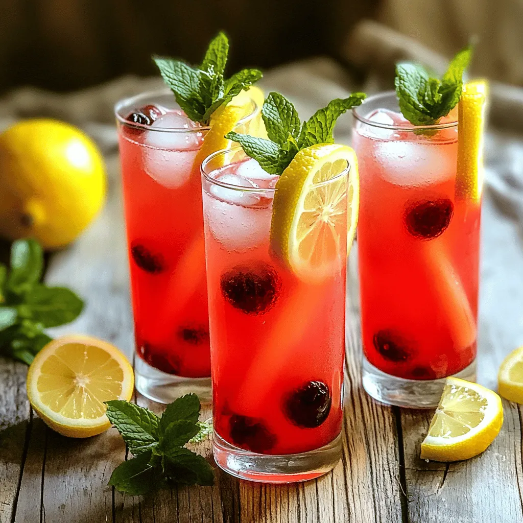 To make a tasty sour cherry lemonade, gather these simple items: - 1 cup pitted sour cherries - 1 cup freshly squeezed lemon juice (from 4-5 lemons) - 1 cup granulated sugar - 4 cups cold water - 1 teaspoon vanilla extract - Fresh mint leaves for garnish - Slices of lemon for garnish Sour cherries pack a punch of nutrients. They are rich in antioxidants, which help fight free radicals. This can support your overall health. Cherries also have anti-inflammatory properties. They may help reduce muscle soreness after a workout. Lemons bring fresh flavor and vitamin C. This vitamin boosts your immune system. It can also help your skin look bright and healthy. The sugar in this recipe adds sweetness, but you can adjust it to your liking. Using less sugar can make this drink even healthier. Feel free to get creative with your sour cherry lemonade! You can swap out sour cherries for sweet cherries if you want a milder taste. You might also try using limes instead of lemons for a zesty twist. For a fun flavor, add other fruits like raspberries or strawberries. If you're looking for a herbal note, mix in fresh basil or rosemary. These herbs can add a unique taste that enhances the cherry flavor. Don't hesitate to explore these variations to find your perfect drink! Start by making the sour cherry base. Take 1 cup of pitted sour cherries and put them in a blender. Add 1 cup of cold water. Blend this mix on high speed. You want it smooth and well mixed. This cherry base gives your drink a rich flavor. Next, you need to strain the cherry mixture. Grab a fine mesh strainer and place it over a pitcher. Pour the blended cherries through the strainer. Use a spatula to press the mix down. This helps you get all the juice. Throw away the leftover pulp. Now, you have smooth cherry juice. Add 1 cup of freshly squeezed lemon juice to the pitcher. Pour in 3 more cups of cold water. Add 1 cup of granulated sugar next. Stir it all well until the sugar melts. Taste the mix and adjust the sweetness if needed. Now it's time to chill your lemonade. Put the pitcher in the fridge for at least 1 hour. This makes it nice and cold. You can also serve it right away over ice if you can't wait! When serving, fill glasses with ice. Pour in your sour cherry lemonade. Add fresh mint leaves and a lemon slice for a pretty touch. This makes your drink look and taste great! You can find the full recipe for more details on this refreshing drink. When sweetening your sour cherry lemonade, start with granulated sugar. This sugar dissolves well and works great in drinks. I often use one cup of sugar, but you can adjust it to your taste. If you want a healthier option, try honey or agave nectar. These natural sweeteners add a unique flavor. Always taste the lemonade as you sweeten. Add sugar slowly until you reach the right balance. For the best sour cherry lemonade, pick ripe sour cherries. Look for deep red cherries that are firm and glossy. You want cherries that are sweet but have a tart kick. Fresh cherries are always best, but frozen sour cherries work too. Just remember to let them thaw before blending. This will help you get a smooth cherry base for your drink. Herbs and spices can elevate your lemonade's taste. Fresh mint is a classic choice. It adds a refreshing twist that pairs well with sour cherries. You can also try basil for a unique flavor. Just muddle the herbs in the pitcher before adding the lemonade. A pinch of cinnamon or a splash of ginger can add warmth and depth. Experiment with these flavors to find your perfect blend! For the complete recipe, check out the Full Recipe section. {{image_4}} You can add other fruits to your sour cherry lemonade for extra taste. Try mixing in sliced strawberries, raspberries, or even watermelon. Each fruit brings its own flavor, making your drink unique. You can also use peach or mango for a tropical twist. Just blend the fruits with the sour cherries and follow the same steps in the full recipe. Herbs can enhance the taste of your lemonade. Fresh mint is a classic choice, offering a cool note. Simply muddle some mint leaves before adding them to the drink. Basil is another great option, adding a sweet and slightly spicy kick. Just remember to add the herbs early in the process to let the flavors mix well. For a grown-up twist, you can add alcohol to your lemonade. Vodka or gin works well with the sour cherry flavor. A splash of sparkling wine can turn your drink into a fancy cocktail. This adds bubbles and a celebratory feel. Mix in the alcohol after chilling for the best taste. Enjoy your refreshing summer drink! If you have leftover sour cherry lemonade, store it in a pitcher. Use a tight lid to keep it fresh. This way, it stays cold and tasty. Place the pitcher in the fridge. Drink it within a week to enjoy the best flavor. Sour cherry lemonade lasts about 5 to 7 days in the fridge. The taste may change over time. If you notice the lemonade looks cloudy or smells off, it's best to throw it out. Always check for signs of spoilage before drinking. You can freeze cherry juice for later use. Pour the juice into ice cube trays. Once frozen, transfer the cubes to a freezer bag. This keeps the juice fresh for up to 6 months. Use the cubes in smoothies or to make more lemonade later. Sour cherry lemonade is a fruity drink made from tart sour cherries and fresh lemons. It combines sweet and tangy flavors, creating a refreshing beverage perfect for summer. This drink is vibrant and can brighten any gathering. I love how the tartness of the cherries balances the sweetness of sugar. Yes, you can use frozen sour cherries! They work well in this recipe. Just let them thaw a bit before blending. Frozen cherries still provide that nice tart flavor. They can make your lemonade just as tasty as fresh cherries. To make sour cherry lemonade without sugar, use a sugar substitute like honey or agave syrup. You can also try pureeing more cherries. This adds natural sweetness without added sugar. Just adjust the amount to match your taste. You can enjoy a healthier drink without losing flavor. You can find pre-made sour cherry lemonade at many grocery stores. Check the juice aisle or the refrigerated drink section. Local markets may also carry fresh versions. If you prefer homemade, check out my Full Recipe for a delightful option! We explored the key ingredients for making sour cherry lemonade, along with their benefits. I shared step-by-step instructions, tips for sweetening, and flavor variations to try. Storing your lemonade properly can keep it fresh longer. Remember, experimenting with fruits and herbs can make your drink unique and tasty. Whether you prefer plain lemonade or a fun twist, enjoy making this refreshing drink your own.