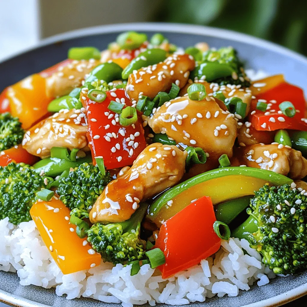 - 1 pound boneless chicken breast, thinly sliced - 2 cups mixed vegetables (bell peppers, broccoli florets, and snap peas) - 3 tablespoons honey - 4 cloves garlic, minced - 1 tablespoon soy sauce - 1 tablespoon cornstarch - 1 tablespoon vegetable oil - Salt and freshly ground black pepper to taste - 1 teaspoon sesame oil - 2 green onions, finely chopped (for garnish) - Toasted sesame seeds (for garnish) For a great dish, use fresh and bright ingredients. I love using thinly sliced chicken breast. It cooks fast and stays juicy. Mix in colorful vegetables like bell peppers, broccoli, and snap peas. The crunch adds a nice texture. Next, let's talk about the sauce. Honey gives it a sweet taste, while garlic adds depth. Soy sauce brings a savory flavor to balance everything. This sauce makes your meal shine! I also add cornstarch to coat the chicken. It helps the sauce stick better. Vegetable oil is key for frying; it heats well and keeps flavors intact. Don't forget salt and pepper for seasoning! Finally, finish your dish with sesame oil. It adds a nice nutty flavor. Green onions and toasted sesame seeds make for a lovely garnish. You can find the full recipe [here](#). Enjoy your cooking! - In a mixing bowl, combine the chicken, cornstarch, soy sauce, salt, and pepper. - Toss the mixture well until the chicken is coated. - Let this mixture marinate for 10 minutes. This step helps the chicken absorb the flavors. - In a small bowl, mix the honey and minced garlic. - Stir well and set this aside for later use. This sauce adds a sweet and savory touch. - Heat the vegetable oil in a large skillet over medium-high heat. - When the oil is hot, add the marinated chicken. Cook for about 5-7 minutes, stirring often, until the chicken turns golden brown. - After the chicken cooks through, add the mixed vegetables. Stir fry for 3-4 minutes. The veggies should be tender but still crisp. - Next, pour the honey garlic sauce over the chicken and vegetables. Stir everything together for about 2 minutes to coat well. - Finally, drizzle sesame oil over the stir fry and toss again. - Serve this dish hot, and enjoy the wonderful blend of flavors! You can find the Full Recipe for more details on serving sizes and additional tips. - Ensure chicken is cooked thoroughly (internal temperature of 165°F). - Stir continuously for even cooking. This helps the chicken brown nicely. - Serve over white rice or quinoa. Both options soak up the sauce well. - Garnish with green onions and toasted sesame seeds. This adds flavor and crunch. - Use vibrant bowls for serving. Bright colors make the dish pop. - Consider adding slices of lime for color. It also gives a fresh taste. For the full recipe, check the Honey Garlic Chicken Stir Fry details. {{image_4}} You can switch up the protein in this dish. For a twist, use shrimp or beef instead of chicken. Both add a unique flavor. If you want a vegetarian option, try tofu. Tofu absorbs flavors well and provides a nice texture. Feel free to get creative with the veggies. You can use your favorite vegetables like carrots or snap peas instead of mixed ones. Adding mushrooms or zucchini can bring a different taste to the stir fry. These vegetables are quick to cook and keep their crunch. Adjust the sauce to fit your taste. If you like it sweeter, add more honey. For those who enjoy heat, sprinkle in some chili flakes for a spicy kick. This will give your stir fry an exciting flavor boost. You can personalize it just how you like! For more details, check out the Full Recipe. After enjoying your Honey Garlic Chicken Stir Fry, store the leftovers in an airtight container. This keeps the meal fresh in the fridge. Make sure to seal it tightly to avoid any leaks or odors from mixing. When you want to enjoy the stir fry again, reheat it in a skillet or microwave. If using a skillet, heat it over medium until the food is hot. For the microwave, use a microwave-safe dish and heat until heated through. Stir halfway to ensure even heating. If you have more leftovers than you can eat, you can freeze the stir fry. It can stay fresh for up to two months. Just remember to thaw it before reheating. This way, you keep the flavors intact and enjoy a quick meal later. Total time is approximately 30 minutes. This includes prep and cooking. You can have a delicious meal in no time! Yes, it can be made in advance and stored correctly. Just keep it in an airtight container. It stays fresh for a few days in the fridge. It pairs well with rice, noodles, or a fresh salad. You can choose what you like best. Each option adds a nice touch to the meal. Overcooking vegetables or undercooking chicken are common mistakes. Keep an eye on the heat. Vegetables should be crisp, and chicken should reach 165°F. Yes, using a store-bought honey garlic sauce can save time. It’s a quick way to add flavor. Just make sure to check the ingredients for quality. To make it gluten-free, use tamari instead of soy sauce. This simple swap makes the dish safe for everyone to enjoy. This blog post shared a simple recipe for Honey Garlic Chicken Stir Fry. We covered key ingredients, cooking steps, and tips for delicious results. You learned how to personalize the dish with various proteins and veggies. Remember, you can store leftovers or even freeze them for later. Enjoy this easy meal for a quick dinner or impress guests. Cook it with love, and it will shine on your table!