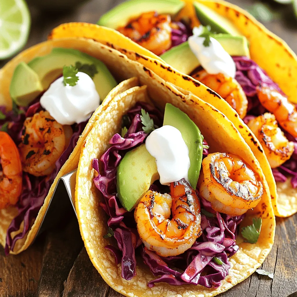 - 1 pound shrimp, peeled and deveined - 2 tablespoons olive oil - 2 teaspoons chili powder - 1 teaspoon ground cumin - 1/2 teaspoon smoked paprika - 1/4 teaspoon cayenne pepper (adjust to personal spice preference) - Salt and freshly ground black pepper to taste - 8 small corn tortillas - 1 avocado, sliced - 1/2 cup sour cream or Greek yogurt (for topping) The shrimp is the star of this dish. Buy fresh shrimp for the best taste. Olive oil helps the spices stick and adds richness. The spices give the shrimp a kick. Use chili powder, ground cumin, smoked paprika, and cayenne pepper. Adjust the cayenne for your spice level. Salt and pepper round out the flavors. The corn tortillas hold everything together. They are soft and have a slight sweetness. For toppings, I love creamy avocado and sour cream or Greek yogurt. These add coolness to balance the heat. - 1 cup red cabbage, finely shredded - 1/2 cup carrots, grated - 1/4 cup fresh cilantro, chopped - 2 tablespoons fresh lime juice The slaw adds crunch and freshness. I use red cabbage for its color and crispness. Grated carrots add sweetness and more crunch. Fresh cilantro brings a bright flavor that pairs well with the shrimp. Lime juice adds acidity. It helps balance the dish and enhances the flavors. When you mix these ingredients, you create a tasty slaw. Toss the cabbage, carrots, cilantro, and lime juice together. Season with salt and pepper. Let it sit for a bit. This allows the flavors to blend nicely. For the full recipe, please refer to the [Full Recipe]. To start, combine the shrimp with olive oil and spices. Use a mixing bowl for this. You will need: - 1 pound shrimp, peeled and deveined - 2 tablespoons olive oil - 2 teaspoons chili powder - 1 teaspoon ground cumin - 1/2 teaspoon smoked paprika - 1/4 teaspoon cayenne pepper - Salt and freshly ground black pepper Toss the shrimp to coat them well in the spice mix. Cover the bowl with plastic wrap and let it marinate for at least 15 minutes. This step lets the flavors sink in. While the shrimp marinates, prepare the slaw. In a separate bowl, mix together the following: - 1 cup red cabbage, finely shredded - 1/2 cup carrots, grated - 1/4 cup fresh cilantro, chopped - 2 tablespoons fresh lime juice Add a pinch of salt and freshly ground black pepper to the mix. Toss everything until well combined. Let it sit for a few minutes, so the flavors blend nicely. Next, heat a large skillet over medium-high heat. Once hot, carefully add the marinated shrimp in a single layer. Cook them for about 2-3 minutes on each side. You want the shrimp to be opaque and fully cooked. Once done, take the skillet off the heat. In another dry skillet, warm the corn tortillas. Heat them for about 30 seconds on each side. This keeps them soft and pliable. Cover the warmed tortillas with a clean kitchen towel to keep them warm. Now it's time to build your tacos! Take a warm tortilla and layer it with a few pieces of cooked shrimp. Top it with a generous spoonful of slaw. Add a couple of slices of avocado for some creaminess. You can drizzle sour cream or Greek yogurt on top for extra flavor. Feel free to garnish with lime wedges for an extra zesty kick. For the complete recipe, check out the Full Recipe section. To make Spicy Shrimp Tacos just right, adjust the spice levels. If you like heat, add more cayenne pepper. For a milder taste, reduce or skip it. Marinating shrimp is key. I recommend at least 15 minutes. This lets the flavors soak in. If you have time, let it marinate for 30 minutes. Your shrimp will taste even better. When cooking shrimp, keep a few things in mind. Use a hot skillet to get a nice sear. This adds flavor and texture. Cook shrimp for 2-3 minutes on each side. They should turn pink and opaque. This means they are done. To warm tortillas, use a separate skillet. Heat them for about 30 seconds on each side. This keeps them soft and easy to fold. Pair these tacos with some tasty side dishes. Consider serving with rice, beans, or a fresh salad. They balance well with the spicy shrimp. For garnishing, get creative. Fresh cilantro, lime wedges, or sliced radishes add flair. You can also drizzle some hot sauce for more heat. Enjoy your taco feast! {{image_4}} You can swap shrimp for other proteins. Fish works well in these tacos. Tilapia or cod gives a mild taste. Chicken is another great choice. Simply grill or sauté it with the same spices. For a vegetarian option, try black beans or mushrooms. They add a hearty texture. Use the same spices to keep the flavor profile. You can play with your slaw mix. Adding fruits like mango or pineapple gives a sweet touch. Nuts, such as almonds or walnuts, add crunch and richness. Change up the dressing, too. Instead of lime juice, try apple cider vinegar for a tangy kick. You can also mix in yogurt for a creamier slaw. Corn tortillas are classic and gluten-free. They add a nice flavor. Flour tortillas are another option and are soft and chewy. For gluten-free choices, look for brands made from almond or coconut flour. These can hold up well and taste great with the tacos. To keep your tacos fresh, store them properly. If you have assembled tacos, wrap them in foil or place them in a sealed container. This helps prevent them from getting soggy. If you have leftover shrimp and slaw, store them separately. Use airtight containers for both. - Assembled tacos: Wrap in foil or use a sealed container. - Separate ingredients: Use airtight containers. You can freeze shrimp and slaw if you have extras. Place cooked shrimp in a freezer bag. Remove as much air as possible. For slaw, use a separate bag or container. This keeps them fresh for about three months. - Freezing shrimp: Use a freezer bag, remove air. - Freezing slaw: Store in a separate bag or container. When ready to eat, thaw shrimp overnight in the fridge. For slaw, take it out and let it sit at room temperature for a bit. To enjoy your shrimp tacos later, reheating is key. The best method is using a skillet over medium heat. Heat shrimp for about 2-3 minutes or until warm. For tortillas, warm them in the skillet for about 30 seconds on each side. - Reheating shrimp: Use a skillet, about 2-3 minutes. - Reheating tortillas: Warm in skillet, 30 seconds per side. This keeps the flavors fresh and the texture nice. Enjoy your delicious tacos again! For the full recipe, refer back to the beginning. To make your tacos less spicy, adjust the seasoning. Use less cayenne pepper. You can also skip the chili powder if you want a milder flavor. Adding more sour cream or Greek yogurt will cool down the heat, too. Mixing in some diced avocado can help balance the spice. Yes, you can prep parts ahead of time. Marinate the shrimp a few hours before cooking. You can also make the slaw ahead. Just store it in the fridge until you are ready to serve. Keep the tortillas separate until you warm them up. This keeps them fresh and soft. Besides avocado and sour cream, you can use many fresh toppings. Try fresh salsa, diced tomatoes, or chopped onions for a crunch. You can also add sliced jalapeños for extra heat. Fresh herbs like cilantro or green onions give great flavor, too. Spicy Shrimp Tacos can be a healthy meal option. Shrimp is high in protein and low in calories. The slaw adds fiber and vitamins from the cabbage and carrots. Just watch the amount of sour cream you use for calories. Overall, they can fit into a balanced diet. Making Spicy Shrimp Tacos takes about 30 minutes. You’ll need 15 minutes to prep and marinate the shrimp. Cooking and assembling the tacos takes another 15 minutes. It’s a quick and tasty meal for any weeknight. For the full recipe, see above. Spicy shrimp tacos are easy and tasty. We covered the main ingredients and how to prepare them. Marinating the shrimp and making the slaw are key steps. You can adjust flavor levels and try different proteins. Storing and reheating the tacos properly keeps them fresh. Overall, these tacos are fun to make and share. Enjoy your cooking and make it your own!