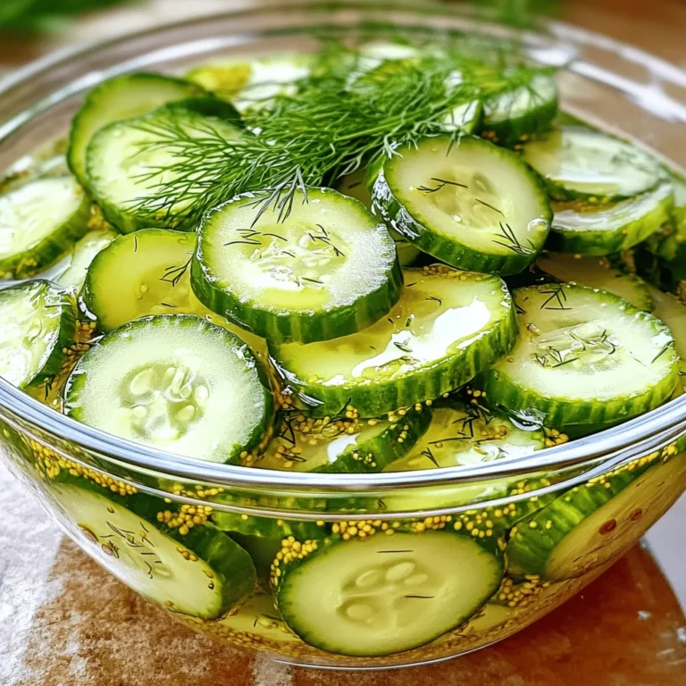To make quick pickled cucumbers, you need just a few key ingredients: - 4 medium cucumbers, washed and thinly sliced - 1 cup white vinegar - 1 cup water - 2 tablespoons granulated sugar - 1 tablespoon kosher salt - 1 teaspoon mustard seeds - 1 teaspoon dill seeds - 1 garlic clove, peeled and smashed - 1/2 teaspoon red pepper flakes (optional for a spicy kick) - Fresh dill sprigs, for garnish Each of these ingredients plays a vital role. The vinegar adds tang, while sugar balances the sourness. Salt enhances flavor, and spices like mustard and dill bring depth. Getting the right mix is crucial. Too much vinegar can make the pickles too tart. Too little sugar may leave them bland. Here’s how to measure: - For cucumbers, aim for medium-sized ones. They should be firm and fresh. - Use a standard measuring cup for liquids. This ensures accuracy for vinegar and water. - When measuring sugar and salt, level off the spoon for exact amounts. - For spices, a teaspoon should be filled but not heaped. Following these tips helps create a balanced flavor that you will love. You can jazz up your quick pickles with extra ingredients. Consider adding: - Sliced onions for a sweet crunch. - Carrots for color and sweetness. - Jalapeños for heat. - Black peppercorns for a spicy note. Feel free to experiment! Each addition can give your pickles a unique twist. Start by washing the cucumbers well. This helps remove dirt and any chemicals. Trim off the ends of each cucumber. Then slice them thinly. A mandoline helps achieve even slices. A sharp knife works too. Place the slices in a large glass jar or bowl. Make sure there is room for the brine. In a medium saucepan, combine white vinegar and water. Add granulated sugar and kosher salt. Then, toss in mustard seeds, dill seeds, and a smashed garlic clove. If you like heat, add red pepper flakes. Stir this mixture well to mix the flavors. Heat it over medium heat. Keep stirring until the sugar and salt dissolve. Once dissolved, let it simmer, then take it off the heat. Pour the hot brine over the cucumber slices. Make sure all slices are submerged. This helps them soak up the flavors. Let the cucumbers cool at room temperature for about 30 minutes. After cooling, seal the jar with an airtight lid. Place it in the fridge. For a quick bite, let them marinate for two hours. For the best taste, refrigerate overnight. When ready to serve, garnish with fresh dill sprigs. This adds a lovely touch and extra flavor. You can find the [Full Recipe] for more details. When making quick pickled cucumbers, there are a few traps to watch out for. One common mistake is not slicing the cucumbers thin enough. Thin slices absorb the brine better, giving you more flavor. Another mistake is skipping the cooling step. If you pour hot brine over cucumbers and seal them right away, they can become soggy. It's important to let them cool first. Lastly, don't forget to fully submerge the cucumbers in the brine. If they float, they won't pick up the great tangy taste. To make your pickles shine even more, think about adding extra spices. Try adding a few slices of fresh ginger or a few sprigs of thyme. You can also swap out white vinegar for apple cider vinegar for a fruity twist. If you enjoy heat, add more red pepper flakes or a few slices of jalapeño. Each of these tweaks will change the flavor and make your pickles unique. Don't hesitate to experiment until you find your favorite mix. Timing plays a big role in how your pickled cucumbers taste. For a quick snack, let them marinate for at least two hours. However, for deeper flavor, refrigerate them overnight. The longer they sit, the more the flavors blend. If you can wait, let them sit for up to 24 hours. This extra time allows the cucumbers to soak in every bit of the brine. You’ll be amazed at how the taste improves with just a little patience. {{image_4}} If you crave heat, try spicy pickled cucumbers. Add red pepper flakes for a kick. You can also use sliced jalapeños or a dash of hot sauce. The spice makes the cucumbers more exciting. They pair well with sandwiches or tacos. Enjoy the balance of cool and spicy flavors. For those who like a sweeter taste, add more sugar. A tablespoon or two can change the flavor. You can also use honey or maple syrup instead of sugar. Sweet and tangy cucumbers are great with grilled meats or salads. This twist makes for a fun snack or side dish. Infusing herbs adds a fresh twist to your pickles. Try adding fresh dill, thyme, or basil. You can toss in a few peppercorns or mustard seeds for extra flavor. Each herb brings its own unique taste. These herb-infused cucumbers enhance your meals beautifully. They also work well in summer salads or as a refreshing appetizer. For the full recipe, check out the detailed steps above. Store your quick pickled cucumbers in a clean glass jar. Make sure the jar has a tight lid. This keeps the cucumbers fresh and tasty. After making them, let them cool to room temp. Then, seal the jar and place it in the fridge. Remember to keep them submerged in the brine. This helps maintain their crunch. When stored properly, quick pickled cucumbers last about two weeks in the fridge. You may notice the flavor gets stronger over time. If they start to look slimy or smell off, it’s best to toss them. Always check for signs of spoilage before enjoying them. Freezing pickled cucumbers is not recommended. The texture can become mushy after thawing. They taste best when kept in the fridge. Refrigeration keeps them crisp and flavorful, so enjoy them fresh! For the best taste, consume your quick pickles within two weeks. If you want to try different flavors, make new batches instead. Yes, you can use different types of cucumbers. English cucumbers work well because they are long and have fewer seeds. Persian cucumbers are also great. They are smaller, and so they offer a nice crunch. If you prefer, you can even try pickling Kirby cucumbers. They are thick-skinned and perfect for pickling. The pickles need at least two hours to marinate. This time allows the cucumbers to soak up the brine. For the best flavor, let them sit overnight. This way, the taste becomes more intense and delicious. Yes, you can double the recipe. Just make sure you have a larger jar or bowl. Keep the same ratio of ingredients for the brine. This way, you will still get that perfect tangy flavor. Adjust the chilling time as needed to ensure all cucumbers marinate well. For more details, check the Full Recipe. You’ve learned how to make quick pickled cucumbers. We covered the key ingredients, methods, and ways to avoid common mistakes. Each tip helps you create tasty pickles. Remember, adjusting flavors can make your pickles unique. Storing them properly ensures they last longer. Use these insights to enjoy your pickled cucumbers. Have fun experimenting with different flavors! You now have the tools for a crunchy, tangy treat anytime.