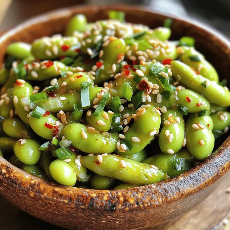 - 2 cups edamame in pods (fresh or frozen) - 2 tablespoons extra virgin olive oil - 4 cloves garlic, finely minced - 1 teaspoon red pepper flakes (or more for extra heat) - 1 tablespoon soy sauce - 1 teaspoon toasted sesame oil - 1 tablespoon rice vinegar - Sea salt, to taste - Freshly chopped green onions & toasted sesame seeds, for garnish Gathering these ingredients is the first step to making spicy garlic edamame. Edamame adds both taste and nutrition. Fresh or frozen, they are packed with protein and fiber. The olive oil brings a smooth richness, while minced garlic gives a fragrant kick. Red pepper flakes heat things up, but feel free to add more if you love spice. Soy sauce and toasted sesame oil add depth and umami. Rice vinegar brings a tangy brightness that balances the flavors. Finally, sea salt, green onions, and sesame seeds add finishing touches that make this dish pop. For the full recipe, check out the Spicy Garlic Edamame Delight 🧄. To start, cook the frozen edamame. Follow the package instructions, usually boiling them for about five minutes. Once cooked, drain any excess water. Let them cool slightly in the pot while you prepare the next steps. Next, heat two tablespoons of extra virgin olive oil in a large skillet. Use medium heat until the oil shimmers. Then, add four cloves of finely minced garlic and one teaspoon of red pepper flakes. Sauté for one to two minutes, stirring often, until the garlic smells great and turns a light golden. Be careful not to burn the garlic, as it can turn bitter. Now, it’s time to mix in the cooked edamame. Pour them into the skillet and stir well to coat them with the garlic oil. Drizzle in one tablespoon of soy sauce, one teaspoon of toasted sesame oil, and one tablespoon of rice vinegar. Toss everything together until well mixed. Keep sautéing for another two to three minutes. This helps meld the flavors and ensures the edamame heats through. Taste and add sea salt if needed. Finally, transfer the edamame to a serving dish. Garnish with freshly chopped green onions and toasted sesame seeds for a delightful finish. For the full recipe, check out the [Full Recipe]. Cooking garlic can be tricky. To avoid burnt garlic, keep the heat low. I recommend medium heat when you sauté garlic. This helps it cook evenly without burning. Stir often to watch for color changes. You want a light golden hue, not brown or black. To modify the spice, add more or less red pepper flakes. If you like it milder, use just a pinch. For more heat, double the flakes. You can also add other spices. Consider a splash of hot sauce or diced jalapeños for an extra kick. Spicy garlic edamame pairs well with many drinks. I love serving it with iced tea or a light beer. For a fun twist, try it with a cocktail. Garnish the dish with fresh herbs like cilantro or a squeeze of lime. This adds color and flavor, making it look just as good as it tastes. For the full recipe, check out our Spicy Garlic Edamame Delight! {{image_4}} You can easily switch up the flavor of your edamame. Here are two tasty ideas: - Lemon garlic edamame: Add the zest of one lemon and a splash of lemon juice. It gives a fresh touch. - Spicy chili garlic version: Swap the red pepper flakes for a spicy chili paste. This adds a deeper heat. Dietary needs can change how we prepare meals. Here are some options: - Gluten-free substitutes: Use tamari instead of soy sauce. It tastes great and is safe for gluten-free diets. - Vegan-friendly tips: This recipe is already vegan. Just ensure your soy sauce is vegan, and you’re good to go. You can also adapt this dish based on the season. Here are a couple of fun ideas: - Incorporating seasonal vegetables: Add some fresh corn or snap peas in spring. They pair well with edamame. - Festive twists for gatherings: For winter, toss in pomegranate seeds. They add color and a sweet burst. Try these variations for a new twist on spicy garlic edamame. For the full recipe, check back to the earlier section! To keep your spicy garlic edamame fresh, place it in an airtight container. Let it cool to room temperature first. This helps keep moisture out. Store it in the fridge to enjoy later. It should last for about three days. When you’re ready to eat again, reheating is easy. You can use a skillet over medium heat. Just add a splash of water to help steam it. Stir it often to heat evenly. This keeps the flavor and texture nice. Avoid the microwave if you can, as it may make them rubbery. If you want to save some for longer, freezing works well. Place the cooled edamame in a freezer bag. Squeeze out as much air as you can. Label the bag with the date. When you are ready to use it, thaw it slowly in the fridge. This helps keep the texture just right. Edamame are young soybeans in pods. They are green and often found in Asian dishes. Edamame is a good source of protein, fiber, and vitamins. They provide various health benefits, such as: - High Protein: Great for vegetarians and vegans. - Fiber-Rich: Helps digestion and keeps you full. - Vitamins and Minerals: Contains vitamin K, folate, and iron. Eating edamame can support heart health and aid weight management. Yes, you can prepare spicy garlic edamame in advance! Here are some best practices: - Cook and Cool: Make the edamame and let it cool. - Store Properly: Keep it in an airtight container in the fridge. - Reheat Gently: Warm it on the stove to keep the flavors fresh. You can make it a day ahead for parties or meal prep. You can easily adjust the spice in spicy garlic edamame. Here are some tips: - Start Small: Use less red pepper flakes if you prefer mild heat. - Add More Later: You can always add more spice when cooking. - Try Different Peppers: Use fresh chili peppers or hot sauce for a different flavor. Experiment to find the heat level you love without losing flavor. Spicy garlic edamame pairs well with many dishes. Here are some ideas: - Rice Dishes: Serve alongside fried rice or sushi. - Salads: Add to a fresh green salad for crunch. - Drinks: Pair with light beers or sake. These combinations create a delightful meal experience. For the full recipe, check out Spicy Garlic Edamame Delight. Spicy garlic edamame is a simple dish you can make at home. You learned about the main ingredients, preparation steps, and tips to avoid mistakes. Adjust spice levels and try fun variations to suit your tastes. Proper storage keeps leftovers fresh and tasty. Enjoy serving this dish to friends and family. A mix of flavors and textures makes it a winner at any gathering. Embrace these ideas, and you will create a delicious treat every time.