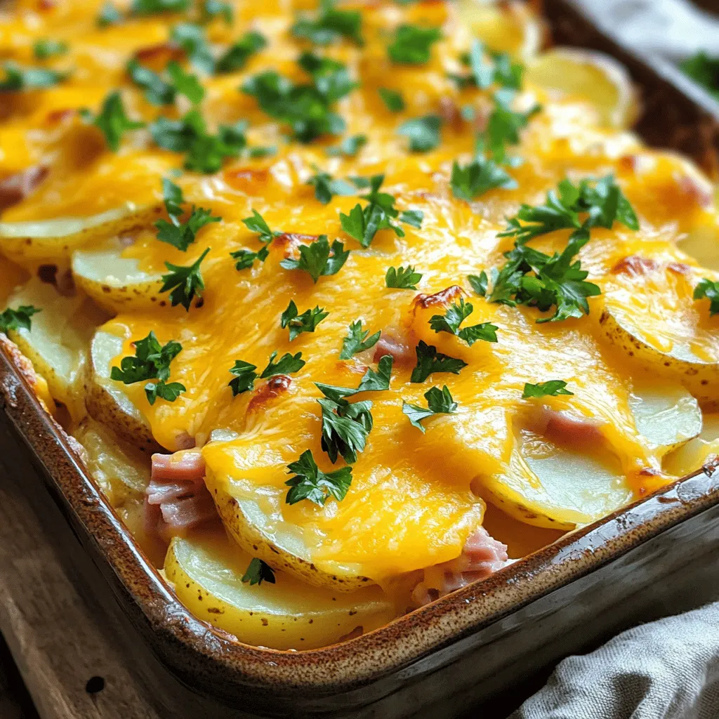 - Potatoes: I like using russet potatoes for this dish. They are starchy and creamy. Peel and slice them thinly for even cooking. You can also use Yukon Gold for a buttery flavor. - Ham: Choose cooked ham for the best flavor. Diced or cubed ham works great. You can use leftovers from a holiday meal for added taste. - Cheese: Sharp cheddar cheese is my favorite. It melts well and adds a rich taste. You can mix in some mild cheddar for balance. - Additional seasonings and toppings: Use garlic powder and dried thyme for flavor. Salt and black pepper enhance the taste. Don’t forget fresh parsley for a pop of color on top. This simple list makes a hearty and tasty meal. Plus, you can find all these ingredients easily in your local store. For the full recipe, check out the details above. Prepping the potatoes and ham Start by peeling and slicing the potatoes thinly. Thin slices cook evenly and blend well with the sauce. Next, chop the cooked ham into small pieces. This allows the flavors to mix better. Making the creamy cheese sauce In a large saucepan, melt the butter over medium heat. Add the finely chopped onion and cook until soft. Stir in the flour to create a roux. This thickens the sauce. Gradually whisk in the milk until smooth, then cook until it thickens. Mix in the garlic powder, thyme, salt, and pepper. Finally, add 1 1/2 cups of cheddar cheese, stirring until it melts. Your creamy cheese sauce is ready! Layering the casserole In a greased baking dish, layer half of the sliced potatoes. Then, sprinkle half of the diced ham on top. Pour half of the creamy cheese sauce over this layer. Repeat the layers with the remaining potatoes, ham, and sauce. Finish by topping with the last 1/2 cup of cheddar cheese for a delicious cheesy crust. Covering and baking Cover the baking dish with aluminum foil. This keeps the casserole moist while it bakes. Place it in the preheated oven at 350°F (175°C) and bake for 45 minutes. Final baking for a cheesy crust After 45 minutes, remove the foil. Bake for an additional 15-20 minutes. This helps create a bubbly and golden crust on top. To check if it is done, poke the potatoes with a fork. They should be tender. How to serve the casserole Once baked, let the casserole cool for about 5 minutes. Serve it warm, scooping generous portions onto plates. You can add a sprinkle of parsley for color. Pairing recommendations This casserole pairs well with a fresh side salad. The crisp greens balance the rich flavors of the dish. You can also serve it with bread for a complete meal. For the full recipe, check out the link above. - To ensure potatoes are tender, slice them evenly. Thin slices cook best. - Cover the dish with foil for the first baking. This keeps moisture in. - For a golden cheese crust, uncover it for the last 15-20 minutes. - If you need alternatives, use turkey or chicken instead of ham. - For a vegetarian dish, swap ham for mushrooms or spinach. - Use dairy-free cheese and almond milk for a vegan option. - Use leftover ham from a previous meal. This cuts down on prep time. - Prep your ingredients the night before. Slice potatoes and chop onions. - Make the cheese sauce in advance. Store it in the fridge until ready. For more details, check the Full Recipe for Cheesy Ham and Potato Casserole. {{image_4}} You can tweak this recipe to make it unique. Adding vegetables boosts nutrition and flavor. Consider using broccoli, spinach, or bell peppers. Just chop them up and mix them in layers. You can also change the cheese for different tastes. Try gouda, mozzarella, or pepper jack. Each cheese brings a new flavor to your dish. This keeps your casserole fresh and exciting. Spices can really add a kick. Try adding paprika for smokiness or cayenne for heat. A sprinkle of Italian herbs can also add depth. Experimenting with spices is fun and can suit any taste. For a fun twist, serve individual portions. Use small baking dishes for mini casseroles. This makes each serving special and easy to share. Kids love having their own little dish! You can also turn this into a breakfast casserole. Just add beaten eggs on top before baking. This creates a hearty breakfast packed with protein. It's a great way to start the day. For more ideas, check out the Full Recipe. Enjoy experimenting with your own variations! To keep your cheesy ham and potato casserole fresh, you should store leftovers properly. First, let the casserole cool down to room temperature. Next, cover it tightly with plastic wrap or foil. You can also use an airtight container. This helps to avoid any drying out. Store it in the fridge for up to three days. When you’re ready to enjoy it again, reheating is key. Preheat your oven to 350°F (175°C). Place the casserole in an oven-safe dish. Cover it with foil to keep it moist. Heat for about 20-25 minutes. This helps maintain the creamy texture and cheesy top. If you prefer the microwave, heat it in short bursts, stirring in between. This ensures even warming without drying it out. You can freeze your casserole both before and after baking. If you freeze it unbaked, cover it well with plastic wrap and foil. This way, you can bake it straight from the freezer. Just add an extra 10-15 minutes to the baking time. If you freeze it after baking, let it cool completely first. Cut it into portions for easier serving. Wrap each piece tightly, or place it in a freezer-safe container. You can store it in the freezer for up to three months. When you're ready to eat, thaw it in the fridge overnight. Reheat it in the oven at 350°F (175°C) for about 30-35 minutes. This method gives you that fresh-out-of-the-oven taste. For full details on how to make this delicious dish, check out the Full Recipe. What goes well with Cheesy Ham and Potato Casserole? You can serve this dish with a fresh salad, like a crisp garden salad. Roasted veggies also pair nicely. Bread rolls or garlic bread add a nice touch too. They soak up the cheesy sauce well. Can I make this casserole ahead of time? Yes! You can prepare it a day before. Just layer the ingredients as usual, but don’t bake it yet. Cover it and store it in the fridge. When ready, bake it as directed. This saves time on busy days. How do I know when the casserole is done? The casserole is done when the potatoes are tender. You can check this by piercing them with a fork. The cheese should be bubbly and golden brown on top. If the cheese is not brown, bake a little longer. What to do if the sauce is too thin? If the sauce seems too thin, make a slurry. Mix a tablespoon of flour with water. Stir it into the sauce and heat until thickened. This will help create that creamy texture you want. Fixing overcooked potatoes If you overcook the potatoes, they may become mushy. You can try blending the casserole into a creamy soup. Add more cheese and seasoning to improve flavor. Reviving leftovers for the next day To revive leftovers, add a splash of milk before reheating. This helps keep it creamy. Heat in the oven at 350°F (175°C) until warm. You can also add more cheese on top for extra flavor! For the complete recipe, check out the Full Recipe. This blog post guides you through making a Cheesy Ham and Potato Casserole. We covered ingredients, like types of potatoes and the best ham options. You learned how to prepare the dish step-by-step, from creamy cheese sauce to the perfect bake. I shared handy tips for cooking and ingredient swaps, plus tasty variations. Remember, leftovers are great too! Don’t hesitate to explore different flavors and serving styles. With these tips, your casserole will be a hit at any meal. Enjoy your cooking adventure!