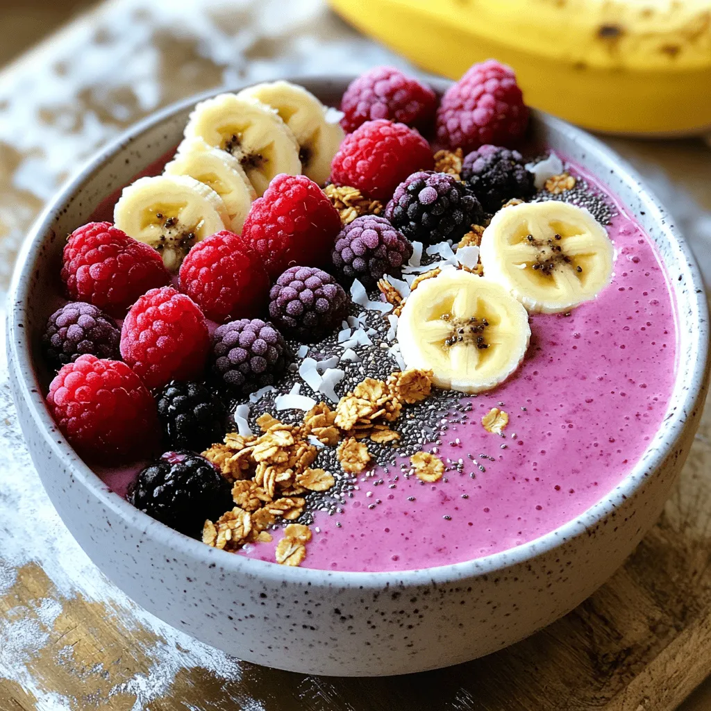 - 1 cup frozen mixed berries (a delightful combo of strawberries, blueberries, and raspberries) - 1 ripe banana, providing natural sweetness and creaminess - ½ cup coconut milk (or your choice of milk such as almond, soy, or oat) - 1 tablespoon honey or maple syrup (optional; adjust according to your preferred sweetness) To create a delicious berry smoothie bowl, you need the right mix of ingredients. Frozen mixed berries form the base. They give your smoothie a burst of flavor and vibrant color. A ripe banana adds natural sweetness and makes the smoothie creamy. Coconut milk makes it smooth. You can also use other milk like almond or oat. If you like sweeter bowls, add honey or maple syrup, but it’s not a must. - ¼ cup granola (for that perfect crunch) - 2 tablespoons chia seeds (rich in omega-3 fatty acids) - Fresh berries for topping (a medley of whole berries) - Sliced banana for an added garnish - Unsweetened coconut flakes for a tropical finish Toppings make your smoothie bowl fun and tasty. Granola adds a nice crunch. Chia seeds boost nutrition with healthy fats. Fresh berries on top look pretty and taste great. Sliced banana adds more sweetness. Finally, sprinkle unsweetened coconut flakes for a tropical touch. This mix of ingredients and toppings ensures your Berry Bliss Smoothie Bowl is not only refreshing but also packed with nutrients. For the complete recipe, check out the [Full Recipe]. First, gather your ingredients. You will need frozen mixed berries, a ripe banana, coconut milk, and optional sweeteners. - Combine ingredients in a blender: Add 1 cup of frozen mixed berries, 1 ripe banana, and ½ cup of coconut milk to your blender. If you want it sweeter, add 1 tablespoon of honey or maple syrup. - Achieve desired consistency: Blend on high until smooth. If the mixture is thick, add a splash more milk. Keep blending until you get a creamy texture. Once your smoothie base is ready, it's time to serve it. - Pour and smooth the mixture: Carefully pour the blended smoothie into a bowl. Use the back of a spoon to smooth the top. - Create an even surface: Make sure the top is even so you can add toppings nicely. Now comes the fun part—adding toppings! - Sprinkle granola and chia seeds: Evenly sprinkle about ¼ cup of granola and 2 tablespoons of chia seeds on top of your smoothie base. This will add great crunch and nutrition. - Garnish with fresh berries and coconut flakes: Finish by arranging fresh berries and sliced banana on top. Then, add unsweetened coconut flakes for a tropical touch. By following these steps, you will have a colorful and nutritious Berry Bliss Smoothie Bowl to enjoy! For more details, check out the Full Recipe. Use mixed berries for a great taste. Strawberries, blueberries, and raspberries work best. They add color and nutrients. You can use fresh or frozen berries. Frozen berries give a thick texture. Fresh berries taste great in summer. In winter, frozen berries are your best choice. Your smoothie bowl should be thick, but not too thick. If it is too thick, add more milk. If it’s too thin, add extra frozen berries. A strong blender helps make a smooth mix. Blend on high speed for the best results. Want more protein? Add yogurt or protein powder. Greek yogurt is a great choice. You can also add greens, like spinach. They blend well and add vitamins without changing the taste. For a full recipe, check out the Berry Bliss Smoothie Bowl. {{image_4}} If you want a dairy-free berry smoothie bowl, there are great choices. You can use almond milk, soy milk, or oat milk. Each type adds its own flavor. Almond milk is light, while coconut milk adds a creamy texture. Choose what fits your taste best. For sweeteners, try agave nectar or maple syrup. They keep your bowl vegan and sweet! Boost the taste of your smoothie bowl by adding spices. A pinch of cinnamon brings warmth. Vanilla extract can add a rich aroma. Both make your bowl extra special. You can also mix in tropical fruits. Mango or pineapple adds a fun twist. They provide sweetness and a burst of flavor! Make your smoothie bowl look as good as it tastes. Try creative arrangements with your toppings. Layer fresh berries and banana slices in fun patterns. Use bright bowls to make your dish pop. Different serving dishes, like mason jars or coconut shells, can add flair. A pretty presentation makes every bite more enjoyable! To store leftovers, place your smoothie bowl in an airtight container. This keeps it fresh. Try to eat your smoothie within one day for the best taste. When storing fresh ingredients, keep berries in the fridge. Use a breathable container to avoid moisture build-up. This helps them last longer. You can prep smoothie components for future use. Freeze berries and banana slices in bags. This way, they stay fresh and ready. For smoothies, blend your base and pour into freezer-safe containers. When you want to enjoy it, just thaw in the fridge overnight. If you need it fast, place the container in warm water to speed up thawing. Be aware of the expiration dates on your ingredients. Frozen berries can last up to six months. Fresh berries usually last about five to seven days in the fridge. When buying fresh berries, choose ones that are firm and vibrant. If they have mold or are mushy, skip them. This ensures you get the best flavor for your Berry Bliss Smoothie Bowl. For the full recipe, check out the earlier section. To make a thicker smoothie bowl, use less liquid. Start with your frozen mixed berries and banana. Then, add just enough coconut milk to blend. If it’s too thin, add more frozen fruit. You can also include ice cubes for extra thickness. Yes, you can use fresh berries. However, frozen berries give a creamier texture. If using fresh, add ice to keep it cold and thick. Fresh fruit can make the bowl thinner, so adjust the liquid accordingly. For toppings, I love granola, chia seeds, and fresh berries. You can also try sliced almonds or nuts for crunch. Other fun options are yogurt or nut butter. Mix and match to find your favorite combo. To make this recipe in bulk, simply multiply the ingredients. Blend in batches if your blender is small. Pour into bowls and layer toppings. You can prep ahead and store in the fridge for quick meals. Berry smoothie bowls are packed with nutrients. Berries are high in antioxidants and vitamins. They help fight inflammation and boost your immune system. Chia seeds add omega-3 fatty acids and fiber, promoting gut health. Overall, it's a tasty way to start your day! This blog post covered how to make a delicious berry smoothie bowl. We went over the main ingredients, like frozen berries and ripe bananas. I shared how to blend the base and prepare the bowl with tasty toppings. We also discussed tips for choosing berries, nutrition boosts, and storage. Remember, you can switch flavors and toppings to keep it fun. This bowl is not just a treat; it’s a healthy choice too. Enjoy your smoothie bowl journey!