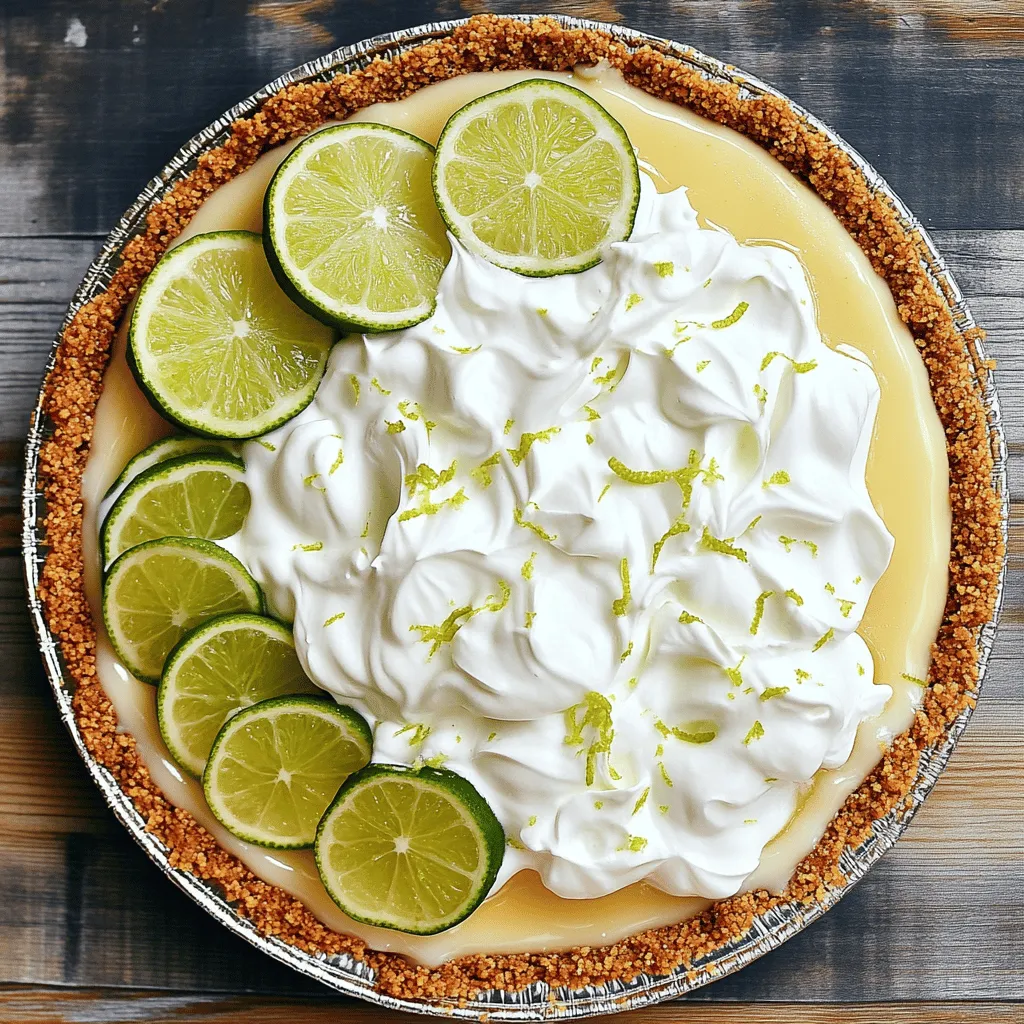 To create a No Bake Key Lime Pie, you need fresh and simple ingredients. Here’s what you’ll need: - 1 ½ cups graham cracker crumbs - ½ cup unsweetened shredded coconut - ⅓ cup granulated sugar - ½ cup unsalted butter, melted - 2 (14 oz) cans sweetened condensed milk - ¾ cup freshly squeezed key lime juice (about 15-20 key limes) - 1 tablespoon lime zest (plus more for garnish) - 1 cup heavy whipping cream - 2 tablespoons powdered sugar - Key lime slices for garnish These ingredients come together to make a creamy and tangy dessert. The graham cracker crumbs and coconut form a crunchy crust. The sweetened condensed milk and key lime juice give the pie its smooth filling. Whipping cream adds lightness, making each bite delightful. For the best flavor, always use fresh key limes instead of bottled juice. Each ingredient plays an essential role in crafting this tasty treat. If you want the full recipe, check out the detailed guide provided above. - In a medium bowl, combine 1 ½ cups of graham cracker crumbs, ½ cup of unsweetened shredded coconut, and ⅓ cup of granulated sugar. - Pour in ½ cup of melted unsalted butter and stir until the mixture looks like wet sand. - Firmly press this crumb mixture into the bottom and sides of a 9-inch pie dish. - Chill the crust in the refrigerator for at least 30 minutes to set properly. - In a large mixing bowl, mix 2 cans of sweetened condensed milk with ¾ cup of freshly squeezed key lime juice. - Add 1 tablespoon of lime zest for extra flavor. Whisk until smooth. - In a separate bowl, use an electric mixer to whip 1 cup of heavy cream. - Start on medium speed until soft peaks form. - Gradually add 2 tablespoons of powdered sugar. Continue whipping until stiff peaks form. - Carefully fold the whipped cream into the lime mixture using a rubber spatula. - Use a gentle motion to keep the whipped cream airy and ensure a smooth blend. - Spoon the lime filling into the prepared crust. - Use a spatula to smooth the top evenly. - Cover the pie with plastic wrap and refrigerate for at least 4 hours, or until firm. - Once set, slice the pie into wedges. - Garnish with lime zest and key lime slices for a fresh look. For a delicious treat, check out the Full Recipe for more detailed steps! To get the best texture, focus on your whipped cream. Whipping cream to soft peaks means it holds its shape but is still smooth. Stiff peaks stand tall and firm. Both are key for a light pie. When you fold whipped cream into the filling, use a gentle motion. This helps keep air in the cream, making your pie light and fluffy. Lime zest adds a punch of flavor. I suggest using fresh zest for the best taste. If the pie is too tart, you can adjust the sweetness. Try adding a bit more sugar or using sweetened condensed milk. Taste as you go to find the right balance. Presentation matters! Serve each slice on a nice plate. A dollop of whipped cream on top adds a nice touch. You can sprinkle more lime zest for color. Fresh mint leaves make a great garnish, too. They add a pop of green and a hint of freshness. For a fun twist, add key lime slices on the side. These small details make your pie even more inviting. For the full recipe, check the Zesty No Bake Key Lime Pie section above. {{image_4}} You can easily make a vegan version of this pie. Start by substituting dairy ingredients. Use coconut cream instead of heavy cream. For the filling, swap sweetened condensed milk with coconut milk. This keeps the creamy texture while making it plant-based. For whipped cream, consider using store-bought vegan whipped cream. Alternatively, whip coconut cream with a bit of powdered sugar. Both options will add a light touch to your pie. If you need a gluten-free pie, you can change the crust. Use almond flour or gluten-free graham crackers. Make sure to mix them with melted coconut oil instead of butter. This keeps the crust tasty and firm. Also, check for gluten in your sweetened condensed milk. Most brands are gluten-free, but it’s good to read labels. Feel free to get creative with flavors! You can add different fruit zests to the filling. Try orange, lemon, or grapefruit zest for a twist. Each adds a unique taste to your pie. You can also swirl in chocolate or berry puree. Just drop spoonfuls into the filling and gently swirl with a knife. This creates pretty patterns and extra flavor. For the full recipe, check out the [Full Recipe]. To store leftovers, cover the pie with plastic wrap. This keeps it fresh and prevents odors. You can also use a pie keeper for better storage. The pie stays good in the fridge for about 3 to 4 days. After that, the filling may lose its creamy texture. To freeze the pie, wrap it tightly with plastic wrap and then foil. This helps avoid freezer burn. You can freeze it for up to 2 months. When you're ready to eat, thaw it in the fridge overnight. This method helps maintain its smooth texture. Avoid thawing at room temperature, as it may become too soft. Enjoy your delightful treat later with just the right creaminess! For the full recipe, check the earlier section. You can tell if the pie is set by its firmness. After chilling, gently touch the filling with your finger. If it feels firm and holds its shape, it is ready. You should not see any jiggle. The top may look slightly shiny but should feel solid. Letting it chill for at least four hours helps it firm up nicely. Yes, you can make this pie in advance! I recommend chilling it for at least four hours. For best results, you can store it in the fridge for up to three days. Just cover it tightly with plastic wrap to keep it fresh. This pie tastes even better the next day as the flavors blend nicely. Using bottled key lime juice is fine, but fresh juice is best. Fresh key limes give a bright, zesty flavor. Bottled juice can taste a bit flat or artificial. If you use bottled juice, look for one that says "100% juice" for a better taste. If you can, squeeze fresh limes for a real treat. To keep the crust from becoming soggy, bake it briefly before adding the filling. Bake it at 350°F for about 10 minutes. This helps firm it up. Also, make sure the filling is not too wet. Press the crust tightly into the pie dish to create a strong base. Chilling the crust before adding the filling also helps. If you want to substitute heavy whipping cream, you have options. You can use coconut cream for a dairy-free choice. Whipped topping is another easy option. For a lighter version, try Greek yogurt. Remember, each option will change the flavor slightly, but they can still make a tasty pie. This blog post covers how to make a delicious no-bake key lime pie. We discussed the ingredients, step-by-step instructions, and helpful tips for the perfect texture and flavor. You can also explore variations like vegan and gluten-free options. Storing leftovers properly and preparing the pie in advance were also shared. In conclusion, enjoy your baking and experiment with different flavors to make this dessert your own. With practice, you’ll impress friends and family with your tasty key lime pie.