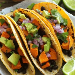 To make these tasty tacos, gather these main items: - 2 medium sweet potatoes, peeled and diced into 1-inch cubes - 1 can (15 oz) black beans, rinsed and drained - 1 tablespoon extra virgin olive oil - 1 teaspoon ground cumin - 1 teaspoon smoked paprika - ½ teaspoon garlic powder - ½ teaspoon chili powder - Salt and freshly cracked black pepper to taste - 8 small corn tortillas These ingredients create a warm, savory mix of flavors. The sweet potatoes bring sweetness, while the black beans add protein and texture. The seasoning blend gives each bite a delightful kick. You can add extra touch with these toppings: - ½ cup finely diced red onion - ½ cup fresh cilantro, roughly chopped - 1 ripe avocado, pitted and sliced - Lime wedges for garnish These toppings not only add color but also enhance taste. Red onion and cilantro offer fresh crunch. Avocado adds creaminess, while lime juice brightens each bite. Each serving of these tacos offers: - Calories: Approx. 300-350 - Protein: 10-12 grams - Carbohydrates: 50-55 grams - Fiber: 10 grams - Fat: 8-10 grams These tacos are not only delicious but also nutritious. They provide a good balance of carbohydrates, protein, and healthy fats. Enjoy this meal knowing it fuels your body with wholesome ingredients. For the full recipe, check out the Sweet Potato & Black Bean Tacos. Start by peeling the sweet potatoes. Then, dice them into 1-inch cubes. This size helps them cook evenly. In a large bowl, mix the sweet potato cubes with olive oil, cumin, smoked paprika, garlic powder, chili powder, salt, and pepper. Toss everything well to coat each piece. This step is key for flavor. Preheat your oven to 400°F (200°C). Spread the seasoned sweet potatoes on a baking sheet in one layer. This helps them roast evenly. Bake for 25-30 minutes. Halfway through, stir the sweet potatoes for even cooking. They should be tender and slightly caramelized when done. While the sweet potatoes roast, heat the black beans. Pour the rinsed beans into a small saucepan over medium-low heat. Stir occasionally until they’re warm. Season with salt and pepper if you like. For the tortillas, warm them in a skillet or microwave. This makes them soft and easy to fold. To assemble your tacos, grab a warm tortilla. Add a scoop of roasted sweet potatoes first. Next, spoon in the heated black beans. Top it off with red onion, fresh cilantro, and avocado slices. For extra flavor, serve lime wedges on the side. Squeezing lime juice adds a fresh kick to every bite. For the full recipe, check out the Full Recipe for more details! Roasting sweet potatoes brings out their natural sweetness. To start, peel and dice them into 1-inch cubes. This size helps them cook evenly. Toss the cubes with olive oil and spices. Lay them out on a baking sheet in a single layer. This allows heat to reach all sides, creating a crispy exterior. Remember to stir them halfway through roasting. This ensures they caramelize well. Seasonings make a big difference in flavor. I like to use cumin and smoked paprika for a warm taste. Garlic and chili powder add depth and a slight kick. Feel free to adjust the spices to match your taste. A sprinkle of salt and pepper can lift the flavors too. Don’t forget to season your black beans for extra flavor. Presentation is key for a taco feast! Arrange the tacos on a colorful platter. Top each taco with diced red onion and fresh cilantro. Add avocado slices for creaminess. A squeeze of lime juice brightens the whole dish. For extra fun, serve colorful hot sauce on the side. This invites guests to customize their tacos. Enjoy the vibrant colors and flavors on your table! For the full recipe, check out the Sweet Potato and Black Bean Tacos. {{image_4}} You can add more protein to your tacos for extra taste and nutrition. Tofu works well here. Just press it, then cube and sauté it for flavor. Tempeh is another great choice. It has a nutty taste and holds up well when cooked. You can also try chicken or shrimp if you want something different. These proteins add texture and make your meal more filling. Feel free to mix in other veggies. Bell peppers add sweetness and color. Zucchini brings a nice crunch. Corn adds a pop of sweetness, too. You can also use spinach or kale for greens. Just sauté them lightly before adding to your tacos. This way, you can create a colorful and tasty dish packed with nutrients. To make your tacos more exciting, try different flavors. For a spicy kick, add jalapeños or hot sauce. You can also mix in fresh herbs like oregano or thyme. If you want a citrusy twist, squeeze fresh lime juice over the top. A splash of orange juice in the beans can brighten the taste, too. These simple changes can turn your tacos into a new favorite. For the full recipe, check out the Sweet Potato & Black Bean Tacos. Store leftover tacos in an airtight container. Keep them in the fridge for up to three days. If you separate the sweet potatoes and black beans from the tortillas, they will last longer. This keeps the tortillas from getting soggy. To reheat tacos, use an oven or a skillet. If using an oven, set it to 350°F (175°C). Place tacos on a baking sheet for about 10 minutes. For the skillet, heat it over medium heat. Warm each taco for 2-3 minutes on each side. This will help the tortillas stay crisp and warm. You can freeze the sweet potatoes and black beans separately. Cool them completely before freezing. Place them in freezer-safe bags. Remove as much air as possible to prevent freezer burn. They can last for up to three months in the freezer. When ready to use, thaw overnight in the fridge and reheat as mentioned above. Check out the Full Recipe for more detailed instructions! Yes, you can make these tacos gluten-free. Just use corn tortillas, which are naturally gluten-free. Always check the package to ensure it says gluten-free. You can also use lettuce wraps instead of tortillas for a fresh twist. If you don't have avocado, try using Greek yogurt or sour cream. You could also use a dollop of hummus for creaminess. For a fresh touch, try diced mango or salsa to add a burst of flavor. To spice up the black beans, add some chopped jalapeños or diced green chiles while heating. You can also toss in a splash of lime juice or a sprinkle of cayenne pepper for extra heat. Fresh cilantro can add a nice touch too! Yes, you can prepare these tacos ahead of time. Roast the sweet potatoes and heat the beans in advance. Store them separately in the fridge. When ready to eat, just warm them up and assemble the tacos fresh. This saves time and keeps flavors bright! These Sweet Potato and Black Bean Tacos are easy to make and tasty. We covered key ingredients, cooking steps, and tips for the best flavors. Remember to try different toppings and veggies. You can also store leftovers for later. Enjoying these tacos is all about creativity. Mix flavors to suit your taste and make them your own. Tacos are fun and fit many diets. So, grab your ingredients, cook, and take your meals to the next level.