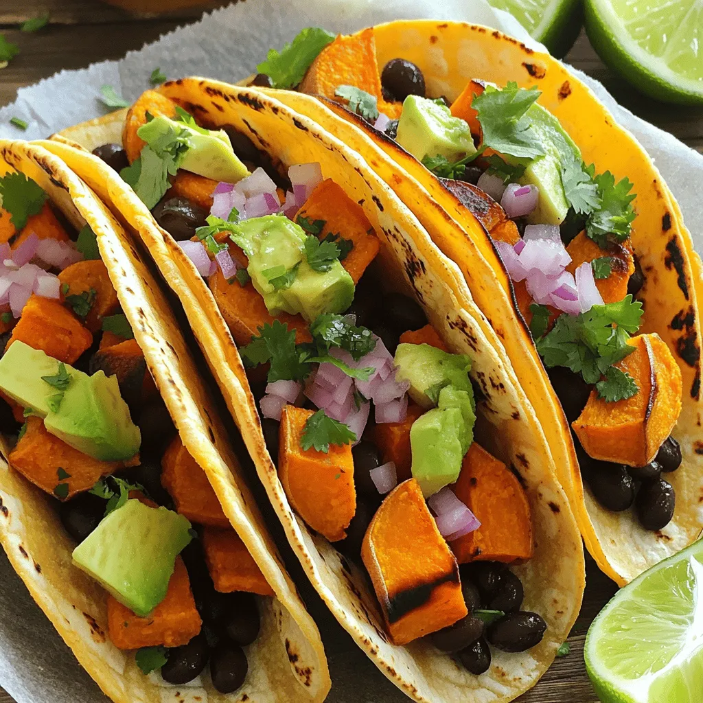 To make these tasty tacos, gather these main items: - 2 medium sweet potatoes, peeled and diced into 1-inch cubes - 1 can (15 oz) black beans, rinsed and drained - 1 tablespoon extra virgin olive oil - 1 teaspoon ground cumin - 1 teaspoon smoked paprika - ½ teaspoon garlic powder - ½ teaspoon chili powder - Salt and freshly cracked black pepper to taste - 8 small corn tortillas These ingredients create a warm, savory mix of flavors. The sweet potatoes bring sweetness, while the black beans add protein and texture. The seasoning blend gives each bite a delightful kick. You can add extra touch with these toppings: - ½ cup finely diced red onion - ½ cup fresh cilantro, roughly chopped - 1 ripe avocado, pitted and sliced - Lime wedges for garnish These toppings not only add color but also enhance taste. Red onion and cilantro offer fresh crunch. Avocado adds creaminess, while lime juice brightens each bite. Each serving of these tacos offers: - Calories: Approx. 300-350 - Protein: 10-12 grams - Carbohydrates: 50-55 grams - Fiber: 10 grams - Fat: 8-10 grams These tacos are not only delicious but also nutritious. They provide a good balance of carbohydrates, protein, and healthy fats. Enjoy this meal knowing it fuels your body with wholesome ingredients. For the full recipe, check out the Sweet Potato & Black Bean Tacos. Start by peeling the sweet potatoes. Then, dice them into 1-inch cubes. This size helps them cook evenly. In a large bowl, mix the sweet potato cubes with olive oil, cumin, smoked paprika, garlic powder, chili powder, salt, and pepper. Toss everything well to coat each piece. This step is key for flavor. Preheat your oven to 400°F (200°C). Spread the seasoned sweet potatoes on a baking sheet in one layer. This helps them roast evenly. Bake for 25-30 minutes. Halfway through, stir the sweet potatoes for even cooking. They should be tender and slightly caramelized when done. While the sweet potatoes roast, heat the black beans. Pour the rinsed beans into a small saucepan over medium-low heat. Stir occasionally until they’re warm. Season with salt and pepper if you like. For the tortillas, warm them in a skillet or microwave. This makes them soft and easy to fold. To assemble your tacos, grab a warm tortilla. Add a scoop of roasted sweet potatoes first. Next, spoon in the heated black beans. Top it off with red onion, fresh cilantro, and avocado slices. For extra flavor, serve lime wedges on the side. Squeezing lime juice adds a fresh kick to every bite. For the full recipe, check out the Full Recipe for more details! Roasting sweet potatoes brings out their natural sweetness. To start, peel and dice them into 1-inch cubes. This size helps them cook evenly. Toss the cubes with olive oil and spices. Lay them out on a baking sheet in a single layer. This allows heat to reach all sides, creating a crispy exterior. Remember to stir them halfway through roasting. This ensures they caramelize well. Seasonings make a big difference in flavor. I like to use cumin and smoked paprika for a warm taste. Garlic and chili powder add depth and a slight kick. Feel free to adjust the spices to match your taste. A sprinkle of salt and pepper can lift the flavors too. Don’t forget to season your black beans for extra flavor. Presentation is key for a taco feast! Arrange the tacos on a colorful platter. Top each taco with diced red onion and fresh cilantro. Add avocado slices for creaminess. A squeeze of lime juice brightens the whole dish. For extra fun, serve colorful hot sauce on the side. This invites guests to customize their tacos. Enjoy the vibrant colors and flavors on your table! For the full recipe, check out the Sweet Potato and Black Bean Tacos. {{image_4}} You can add more protein to your tacos for extra taste and nutrition. Tofu works well here. Just press it, then cube and sauté it for flavor. Tempeh is another great choice. It has a nutty taste and holds up well when cooked. You can also try chicken or shrimp if you want something different. These proteins add texture and make your meal more filling. Feel free to mix in other veggies. Bell peppers add sweetness and color. Zucchini brings a nice crunch. Corn adds a pop of sweetness, too. You can also use spinach or kale for greens. Just sauté them lightly before adding to your tacos. This way, you can create a colorful and tasty dish packed with nutrients. To make your tacos more exciting, try different flavors. For a spicy kick, add jalapeños or hot sauce. You can also mix in fresh herbs like oregano or thyme. If you want a citrusy twist, squeeze fresh lime juice over the top. A splash of orange juice in the beans can brighten the taste, too. These simple changes can turn your tacos into a new favorite. For the full recipe, check out the Sweet Potato & Black Bean Tacos. Store leftover tacos in an airtight container. Keep them in the fridge for up to three days. If you separate the sweet potatoes and black beans from the tortillas, they will last longer. This keeps the tortillas from getting soggy. To reheat tacos, use an oven or a skillet. If using an oven, set it to 350°F (175°C). Place tacos on a baking sheet for about 10 minutes. For the skillet, heat it over medium heat. Warm each taco for 2-3 minutes on each side. This will help the tortillas stay crisp and warm. You can freeze the sweet potatoes and black beans separately. Cool them completely before freezing. Place them in freezer-safe bags. Remove as much air as possible to prevent freezer burn. They can last for up to three months in the freezer. When ready to use, thaw overnight in the fridge and reheat as mentioned above. Check out the Full Recipe for more detailed instructions! Yes, you can make these tacos gluten-free. Just use corn tortillas, which are naturally gluten-free. Always check the package to ensure it says gluten-free. You can also use lettuce wraps instead of tortillas for a fresh twist. If you don't have avocado, try using Greek yogurt or sour cream. You could also use a dollop of hummus for creaminess. For a fresh touch, try diced mango or salsa to add a burst of flavor. To spice up the black beans, add some chopped jalapeños or diced green chiles while heating. You can also toss in a splash of lime juice or a sprinkle of cayenne pepper for extra heat. Fresh cilantro can add a nice touch too! Yes, you can prepare these tacos ahead of time. Roast the sweet potatoes and heat the beans in advance. Store them separately in the fridge. When ready to eat, just warm them up and assemble the tacos fresh. This saves time and keeps flavors bright! These Sweet Potato and Black Bean Tacos are easy to make and tasty. We covered key ingredients, cooking steps, and tips for the best flavors. Remember to try different toppings and veggies. You can also store leftovers for later. Enjoying these tacos is all about creativity. Mix flavors to suit your taste and make them your own. Tacos are fun and fit many diets. So, grab your ingredients, cook, and take your meals to the next level.