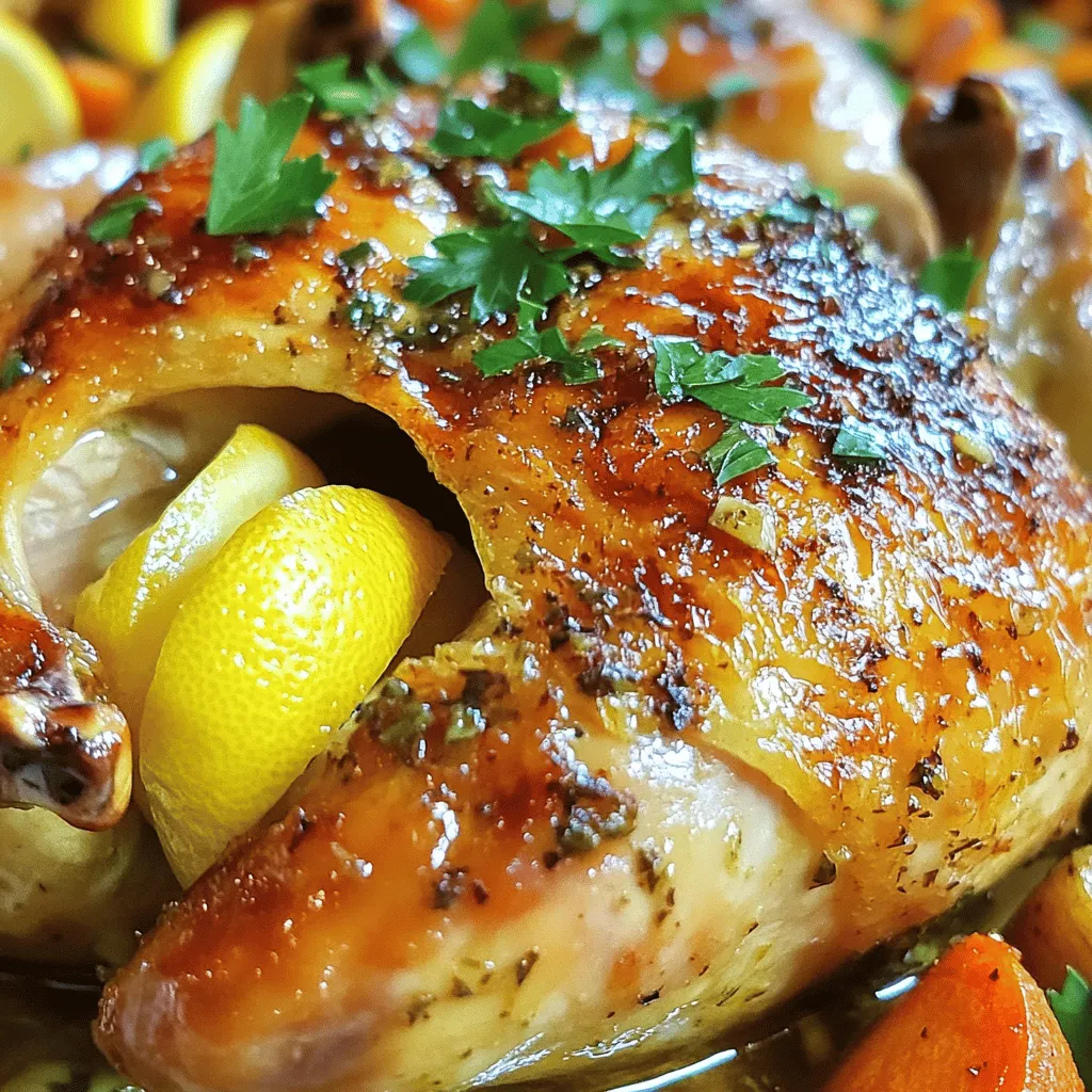 - 1 whole chicken (4-5 pounds) - 4 cloves of garlic, finely minced - 2 fresh lemons (one for juicing, one for wedges) - 4 tablespoons extra virgin olive oil - 2 teaspoons dried thyme - 2 teaspoons dried rosemary - Kosher salt and freshly ground black pepper to taste You need a whole chicken for this dish. A bird weighing 4-5 pounds works best. The garlic adds a strong, savory flavor. Use fresh lemons for the best taste. Olive oil keeps the chicken moist. Thyme and rosemary give it a nice herbal note. Salt and pepper balance everything out. - Fresh parsley, chopped, for garnish Fresh parsley adds brightness to the dish. It also makes the chicken look nice when served. You can add more herbs if you like. Try adding herbs like oregano or basil. They will give a different taste profile. - Lemon wedges - Extra garlic cloves Lemon wedges are perfect for serving. They add extra zesty flavor. You can also roast more garlic cloves with the chicken. These can boost the taste and make a lovely side. For the full recipe, check out the complete guide on how to make this dish shine. Start by preheating your oven to 425°F (220°C). This high heat helps crisp the skin. Next, grab some paper towels. Use them to pat the chicken dry. This step is very important for a crispy finish. The drier the skin, the better it will roast. Now, let’s make the marinade. Take a small bowl and add four minced garlic cloves. Squeeze the juice from one lemon into the bowl. Add four tablespoons of olive oil, two teaspoons of dried thyme, and two teaspoons of dried rosemary. Don't forget to season with salt and pepper. Mix everything well until it becomes fragrant. It’s time to rub the marinade on the chicken. Take a handful of the mix and spread it all over. Be sure to get some under the skin. This adds great flavor to the meat. Next, cut the second lemon into wedges. Stuff these wedges into the chicken's cavity. You can add a few more garlic cloves if you want extra flavor. Place the chicken breast-side up on a roasting rack inside a pan. This allows heat to circulate for even cooking. Roast the chicken in your hot oven for about 1 hour and 20 minutes. Check the internal temperature; it should reach 165°F (75°C). Halfway through, baste the chicken with its juices for extra moisture. After roasting, take the chicken out of the oven. Let it rest for at least 10-15 minutes. This helps the juices settle, making each bite tender. Before serving, sprinkle some chopped parsley on top. This adds a nice touch and color. Pair your chicken with roasted veggies or a fresh salad for a complete meal. For the full recipe, check the earlier section. To get that perfect crispy skin, start with a dry chicken. Use paper towels to pat it dry. This step helps the skin crisp up nicely in the oven. The high heat of 425°F (220°C) also plays a big role. Keep the chicken uncovered in the fridge for an hour before cooking. This helps to dry out the skin even more. For extra flavor, consider adding fresh herbs. Thyme and rosemary work well, but you can also try sage or oregano. You can stuff the chicken with lemon wedges and garlic cloves. This adds flavor from the inside out. Basting the chicken halfway through cooking with its own juices also helps keep it moist and flavorful. The best temperature for roasting is 425°F (220°C). Roast your chicken for about 1 hour and 20 minutes. To check if it’s ready, use a meat thermometer. Make sure the inside reaches 165°F (75°C). Remember to let it rest for 10-15 minutes after cooking. This allows the juices to settle, making each bite tender and juicy. For the full recipe, check out the instructions above. {{image_4}} You can change the herbs to suit your taste. Some great options include: - Oregano - Basil - Sage - Cilantro Each herb brings a unique flavor. For example, oregano adds a warm taste. Basil gives a fresh note. Experiment with your favorite herbs. Mix and match them for new flavors. You can cook Lemon Garlic Roasted Chicken in two main ways. The oven gives you crispy skin and a nice browning. It usually takes about 1 hour and 20 minutes at 425°F. In contrast, a slow cooker makes the chicken tender and juicy. It cooks over several hours, which means less hands-on time. If you choose the slow cooker, set it on low for 6-8 hours. The chicken will soak up all the flavors. When serving this chicken, think about sides that complement its flavor. Here are some tasty ideas: - Roasted vegetables like carrots and potatoes - A fresh green salad with a light dressing - Garlic bread or crusty rolls You can also serve it with a simple rice dish. For a bright touch, add some lemon wedges and fresh parsley on the side. These additions bring out the chicken's zesty taste. For more details, check out the Full Recipe. After you enjoy your meal, let the chicken cool. Place any leftovers in an airtight container. Store it in the fridge. This keeps the chicken fresh for up to four days. Always label your container with the date. This way, you won’t forget when you made it. If you want to keep the chicken longer, freeze it. Slice the chicken into portions for easier use. Wrap each piece tightly in plastic wrap. Then, place them in freezer bags. Remove as much air as possible. This helps prevent freezer burn. The chicken can stay frozen for up to three months. To enjoy your leftover chicken, reheating is key. The best way is to use an oven. Preheat the oven to 350°F (175°C). Place the chicken in a baking dish with a splash of chicken broth. Cover it with foil to keep moisture in. Heat for about 20-25 minutes. If you’re in a rush, use a microwave. Just make sure to cover it to avoid drying out. Always check that the chicken is hot throughout before serving. Enjoy your flavorful meal again! For the complete recipe, check out the [Full Recipe]. Roasting a chicken at 425°F takes about 1 hour and 20 minutes. You want to check the chicken's internal temperature. It should reach 165°F to ensure it's safe to eat. This high heat gives you crispy skin and tender meat. If you don’t have fresh herbs, dried herbs work great too. Use 1 teaspoon of dried thyme or rosemary for each tablespoon of fresh herbs. You can also try Italian seasoning as a good mix. Just remember, dried herbs are stronger. Use less than you would of fresh. Yes, you can! Chicken parts like thighs, breasts, or drumsticks work well. Adjust the cooking time since smaller pieces cook faster. Aim for 30-40 minutes, checking the internal temperature to ensure it reaches 165°F. Lemon Garlic Roasted Chicken pairs nicely with many sides. Here are some tasty options: - Roasted vegetables like carrots, potatoes, or Brussels sprouts - A crisp green salad with lemon vinaigrette - Creamy mashed potatoes - Quinoa or rice with herbs - Garlic bread for a delicious touch These sides will enhance your meal and balance the lemony flavors. For the full recipe, check out the detailed steps and tips to make your cooking fun and easy! This blog post shared how to make Lemon Garlic Roasted Chicken. We covered the main ingredients, tasty flavor boosts, and garnish ideas. I gave step-by-step instructions to ensure success, from preparing the chicken to serving it hot. I also shared tips for crispy skin and other cooking methods. Don't forget to store leftovers properly to enjoy later. With these pointers, you can create a delicious meal that impresses anyone. Enjoy cooking and savoring every bite of your lemon garlic chicken!