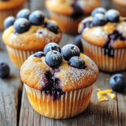 To make the best blueberry muffins, gather these ingredients: - 2 cups all-purpose flour - 1 cup granulated sugar - 1 tablespoon baking powder - 1/2 teaspoon baking soda - 1/2 teaspoon salt - 1/2 cup unsalted butter, melted and cooled - 1 large egg, at room temperature - 1 teaspoon vanilla extract - 1 cup buttermilk (or milk mixed with 1 tablespoon of lemon juice) - 1 1/2 cups fresh blueberries (frozen can be used, but do not thaw) - Zest of 1 lemon You will need a few tools to make your muffins: - 12-cup muffin tin - Paper liners or non-stick spray - Large mixing bowl - Whisk - Spatula or wooden spoon - Ice cream scoop or spoon - Cooling rack Want to take your muffins up a notch? Try these options: - A sprinkle of cinnamon for warmth - Chopped nuts for crunch - A touch of almond extract for a twist - A spoonful of honey for extra sweetness These additions bring new flavors and textures to your muffins. Enjoy experimenting! For the full recipe, check out the recipe section above. Start by heating your oven to 375°F (190°C). This gives it time to warm up. Next, take a 12-cup muffin tin. Line it with paper liners or grease it with butter. This helps the muffins not stick. In a big bowl, add the flour, sugar, baking powder, baking soda, and salt. Use a sifter to mix them well. Whisk these dry ingredients together until they look uniform. This step ensures even flavor in every muffin. In a separate bowl, mix the melted butter, egg, vanilla extract, buttermilk, and lemon zest. Whisk until the mixture is smooth. The lemon zest adds a bright flavor. Make sure everything is well blended for the best taste. Now, pour the wet mixture into the dry ingredients. Use a spatula or wooden spoon to gently fold them together. Stop when the batter is slightly lumpy. Overmixing can make your muffins tough, so be careful! Next, gently fold in the blueberries. Make sure they are spread evenly in the batter. Using a spoon or scoop, fill each muffin cup about two-thirds full. Bake them for 18-22 minutes. A toothpick should come out clean or with a few crumbs. After baking, let the muffins cool in the pan for about 5 minutes. Then, transfer them to a wire rack to cool completely. Serve warm, dusted with powdered sugar or with fresh blueberries. Enjoy their delightful blueberry flavor! To get the best texture, you want your muffins to be fluffy and moist. Start by measuring your flour correctly. Spoon the flour into your measuring cup and level it off with a knife. Too much flour makes muffins dense. Mix your dry and wet ingredients separately first. Then, combine them gently. Leave some lumps in the batter. This helps keep the muffins light. To prevent sticking, line your muffin tin with paper liners or use non-stick spray. Greasing is not always enough. Avoid overmixing your batter. When you mix too much, the muffins can turn tough. Just mix until you can no longer see dry flour. This keeps them soft and tender. Fresh blueberries taste great, but frozen ones work too. If you use frozen blueberries, do not thaw them first. This keeps them from bleeding into the batter. Both options can yield tasty muffins. Fresh blueberries tend to burst and release juice, while frozen ones hold their shape better. Adding lemon zest boosts the flavor of your muffins. It adds a bright, fresh taste that pairs well with blueberries. Just grate the outer yellow skin of a lemon. Mix it in with your wet ingredients. This small step makes a big difference. You’ll taste the lemon in every bite! For a complete recipe, check the Full Recipe section. {{image_4}} You can switch out blueberries for other fruits. Try fresh strawberries or raspberries for a fun twist. Chopped bananas work great too, adding natural sweetness. Use about 1 ½ cups of any fruit you like. Mix and match to find your favorite! If you want gluten-free muffins, use a 1-to-1 gluten-free flour blend. This will keep the texture light and fluffy. Just follow the same steps in the Full Recipe. You might want to add a bit of extra baking powder for lift. To make vegan muffins, replace the egg with a flax egg. Mix 1 tablespoon of flaxseed meal with 2.5 tablespoons of water. Let it sit for 5 minutes to thicken. Swap buttermilk with plant-based milk mixed with a little vinegar. These simple changes keep your muffins tasty and ethical! To keep your muffins fresh, store them in an airtight container. Place them at room temperature for up to three days. If you live in a humid area, refrigerate them for extra freshness. Use parchment paper between layers to prevent sticking. To reheat your muffins, use the microwave. Heat them for 10 to 15 seconds. Check if they are warm enough. If you want a crispy top, use your oven. Preheat it to 350°F (175°C). Place the muffins on a baking sheet for about 5 minutes. Freezing muffins is simple and smart. First, let the muffins cool completely. Wrap each muffin in plastic wrap. Then, place them in a freezer bag or container. They can last up to three months. When you're ready to enjoy, just thaw them overnight in the fridge. You can also reheat from frozen directly in the microwave or oven. Enjoy your muffins anytime! For the full recipe, check out Blueberry Bliss Muffins. To make muffins moist, use buttermilk or yogurt. These ingredients add richness. Also, do not overmix the batter. This helps keep the muffins light. Overmixing can make them dense and dry. Lastly, be sure to melt the butter and let it cool. This gives the muffins a nice texture. Yes, you can use frozen blueberries. Just do not thaw them before adding. Thawing can make the batter too wet. Frozen blueberries will also keep the muffins cool while baking. This helps them rise better and keeps the color bright. To reduce sugar, cut the amount by a third. You can also use applesauce or mashed bananas. These options add natural sweetness. Try using honey or maple syrup for a different flavor. If you want to cut down, use these substitutes wisely. To prevent overflow, fill each muffin cup only two-thirds full. This gives them room to rise. Another tip is to keep an eye on the oven temperature. Too hot can lead to overflow. Finally, check the muffins a few minutes before they finish baking. This way, you can catch overflow before it happens. For more detailed steps, refer to the Full Recipe. You learned how to make classic blueberry muffins in this post. We covered key ingredients, tools, and optional items to boost flavor. Step-by-step instructions made the process easy, from mixing to baking. Tips helped you avoid common pitfalls, like overmixing and sticking. We also explored variations for different diets and preferences. Finally, storage tips ensure your muffins stay fresh longer. Enjoy your baking adventure and share these yummy muffins with others!
