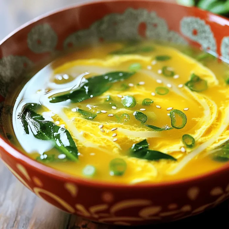 To make a great egg drop soup, gather these simple items: - 4 cups chicken broth (or vegetable broth for a vegetarian option) - 1 tablespoon fresh ginger, finely grated - 2 green onions, finely chopped (reserve some for garnish) - 2 large eggs, well beaten - 2 tablespoons cornstarch - 3 tablespoons cold water - Salt and freshly ground black pepper to taste - Sesame oil, for a flavorful drizzle - Optional: A handful of fresh spinach or kale, roughly chopped These ingredients come together to create a warm and tasty soup that feels like a hug in a bowl. If you have dietary needs, here are some easy swaps: - Use low-sodium broth for less salt. - Replace chicken broth with vegetable broth for a vegan option. - Cornstarch can be swapped with arrowroot powder for a gluten-free thickener. - If you can't find fresh ginger, use ground ginger but use less. These changes keep the soup delicious while fitting your diet. Garnishes make the soup look special and add flavor: - Extra chopped green onions for crunch. - A sprinkle of sesame seeds for texture. - Fresh herbs like cilantro or parsley for brightness. Choose your favorite garnishes to make your bowl of soup shine. For the full recipe, check out the complete instructions above. Enjoy your soup! To start, grab a medium pot and pour in 4 cups of chicken broth. If you prefer, use vegetable broth. Place the pot over medium heat. Add 1 tablespoon of finely grated ginger to the pot. Heat it until the mixture starts to boil gently. While the broth heats, mix 2 tablespoons of cornstarch with 3 tablespoons of cold water in a small bowl. Stir until it is completely smooth. Once the broth boils, whisk this mixture into the pot. This will help thicken your soup a bit. Let the broth simmer for about 5 minutes. Taste it and add salt and freshly ground black pepper as you like. If you want to add greens, like spinach or kale, now is the time. Stir in a handful of chopped greens and let them wilt for about a minute. After that, lower the heat to a gentle simmer. Now, it’s time for the eggs! Carefully drizzle 2 well-beaten eggs into the hot broth. Stir gently with a fork or whisk as you do this. This will create those lovely, silky ribbons of egg we all love. Take the pot off the heat and fold in 2 finely chopped green onions for a nice crunch and flavor. Your soup is now ready to serve! To make the best egg ribbons, use room temperature eggs. Cold eggs can clump up when added to hot broth. Drizzle the eggs in slowly while stirring. This helps them cook evenly and prevents them from becoming scrambled. The goal is to have nice, long ribbons in your bowl. If you’re a visual learner, check out online videos for a step-by-step guide. Watching someone drizzle the eggs into the broth can give you a better idea of how to create those silky ribbons. A quick search for "egg drop soup tutorial" can show you exactly what to do. Don’t hesitate to pause and try it yourself as you watch! This recipe is simple, quick, and totally rewarding. You can find the Full Recipe above to get all the details you need. Enjoy your cooking! When making egg drop soup, avoid these common mistakes: - Overcooking the eggs: Pour the eggs slowly. Stir gently to keep them silky. - Not seasoning enough: Taste the broth. Add salt and pepper as needed. - Thickening too much: Mix cornstarch and water well to avoid lumps. - Skipping the ginger: Fresh ginger adds a nice kick. Don’t leave it out. To boost flavor and texture in your soup: - Use homemade broth: It gives a rich taste. Store-bought works too. - Add herbs: Fresh cilantro or basil can brighten your soup. - Experiment with spices: A dash of garlic powder or chili flakes can add warmth. - Incorporate vegetables: Spinach or peas add color and nutrients. Serve your egg drop soup like a pro: - Use warm bowls: This keeps the soup hot longer. - Garnish just before serving: Add green onions and sesame oil right before serving. - Pair with sides: Serve with rice or dumplings for a filling meal. - Serve fresh: This soup tastes best right after cooking. Try to avoid leftovers if you can. For the full recipe, check out the complete guide to making silky ginger egg drop soup. {{image_4}} You can easily make egg drop soup vegetarian or vegan. For a vegetarian base, use vegetable broth instead of chicken broth. This keeps the soup flavorful. If you want a vegan version, skip the eggs. You can add silken tofu for protein. It adds a creamy texture and is rich in nutrients. You can add many ingredients to boost flavor. Consider adding: - Fresh spinach or kale - Mushrooms, sliced thin - Peas or corn - Cooked chicken or shrimp - Sesame seeds for crunch These add-ins make your soup heartier and more filling. Just stir them in with the broth, letting them warm through. If you like heat, try these spicy twists. Add a splash of soy sauce and a teaspoon of chili paste. For extra zing, sprinkle red pepper flakes on top. You can also use sriracha or hot sauce for a kick. Adjust heat to your taste. This adds depth and excitement to your egg drop soup. For the full recipe, check out the detailed instructions above. To store leftover egg drop soup, let it cool first. Use an airtight container. This will keep it fresh. Place it in the fridge if you plan to eat it within three days. For longer storage, use the freezer. When you are ready to eat, reheat the soup on the stove. Use a medium heat setting. Stir often to avoid sticking. You can also use a microwave. Heat it in short bursts, stirring in between. This keeps the soup from getting too hot. To freeze egg drop soup, pack it in a freezer-safe container. Leave some space at the top. The soup will expand when it freezes. Label the container with the date. You can freeze it for up to three months. When ready to eat, thaw it in the fridge overnight. Then, reheat as described above. For the best flavor, try to eat it fresh. Check out the Full Recipe for more details! To make egg drop soup thicker, use cornstarch. Mix two tablespoons of cornstarch with three tablespoons of cold water. Stir this mix into the hot broth. Let it simmer for about five minutes. The soup will become nice and thick. You can adjust the amount of cornstarch to fit your taste. You can use milk, but the flavor will change. Milk adds a creaminess, while broth gives a savory taste. If you want a richer soup, try half broth and half milk. This mix can still create a tasty dish. Adjust the seasoning to keep the balance right. Yes, it is safe to reheat egg drop soup. Store it in an air-tight container in the fridge for up to three days. When you reheat, warm it gently on low heat. Stir often to avoid burning. The soup might lose some texture, but it will still taste great. This blog post covered all you need for egg drop soup. We discussed ingredients, cooking steps, and helpful tips. I shared tasty variations and how to store leftovers. Lastly, the FAQs answered common queries. Egg drop soup is simple, fun, and tasty. You can make it your own with added flavors. Enjoy your cooking and savor every spoonful. Happy cooking!