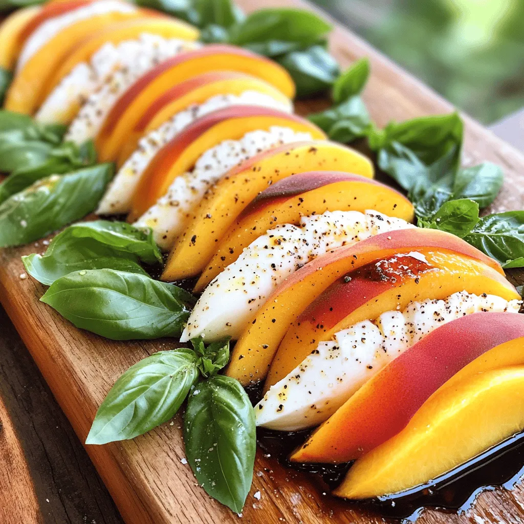 For this Peach Caprese Salad, you need fresh and ripe ingredients. Here is what you will need: - 3 ripe peaches, sliced into wedges - 8 ounces fresh mozzarella cheese, sliced into rounds - 1 cup fresh basil leaves, gently washed These ingredients bring a bright and juicy flavor to the dish. The peaches add sweetness, while mozzarella provides creaminess. Fresh basil gives a lovely herbal note. Seasoning is key to enhancing the flavors. Here’s what to add: - 2 tablespoons balsamic glaze - 2 tablespoons extra virgin olive oil - Salt, to taste - Freshly cracked black pepper, to taste The balsamic glaze adds sweetness and tang. Olive oil enriches the salad, while salt and pepper elevate the taste. Serving makes a big difference in presentation. Use these tips: - Arrange the salad on a rustic wooden board or colorful platter. - Garnish with extra basil leaves and a sprinkle of flaky sea salt. This eye-catching display makes the dish inviting and fun. Enjoy the fresh flavors of your Peach Caprese Salad! For the detailed recipe, check the Full Recipe. Start by washing the peaches carefully. Use cool running water to remove dirt. Pat them dry with a clean towel. Slice the peaches into even wedges. This makes them easy to layer. Next, slice the fresh mozzarella cheese into rounds. Match the thickness of the cheese to the peach slices. This helps with a nice presentation. Grab a serving platter to showcase your work. Arrange the peach and mozzarella slices in an alternating pattern. Place each peach wedge next to a mozzarella round. This colorful mix creates a beautiful display. Now, tuck fresh basil leaves between the fruit and cheese. The green basil adds color and smells amazing. Drizzle balsamic glaze over the entire salad. This adds a sweet and tangy flavor. Next, drizzle extra virgin olive oil across the salad. It enriches the taste of both the peaches and cheese. Sprinkle salt and freshly cracked black pepper on top. This enhances the sweetness of the peaches and the creaminess of the mozzarella. Let the salad rest for about five minutes. This allows the flavors to blend together. For the full recipe, check the section above. When choosing peaches, look for ones that feel firm but not hard. They should have a sweet, fruity scent. The skin should be smooth and slightly fuzzy. A little give when gently pressed means they are ripe and ready. Avoid peaches with dark spots or bruises. Yellow and red hues indicate good flavor. This salad shines with a few tasty additions. Try adding sliced prosciutto for a savory kick. Grilled chicken can add protein and substance. Nuts like pistachios or walnuts add crunch. You might also sprinkle some feta cheese for a tangy twist. Each of these options complements the sweet peaches and creamy mozzarella. To boost the flavors, try mixing fresh herbs into the salad. Mint or arugula can add a refreshing twist. A pinch of chili flakes can provide a touch of heat. A squeeze of fresh lemon juice brightens up the dish, too. For a fun twist, consider drizzling honey over the salad. It pairs well with the tangy balsamic glaze. Keep experimenting to find your favorite flavor combinations! {{image_4}} To make your Peach Caprese Salad more filling, try adding protein. Grilled chicken or shrimp pairs well with the sweet peaches. For a heartier dish, use sliced prosciutto or bacon. These options not only add taste but also bring a nice texture to the salad. Just make sure to keep the balance between flavors. If you want a vegan version, swap mozzarella for a plant-based cheese. Look for ones made from nuts or soy. They melt well and still give a creamy texture. You can also add chickpeas or lentils for extra protein. These choices make the salad tasty and healthy. Get creative by changing up the ingredients! Instead of peaches, use ripe strawberries or juicy nectarines. You can also switch basil for mint or arugula. Each swap brings a unique twist to the dish. If you're feeling adventurous, try adding nuts like walnuts or pistachios for crunch. These variations can help you enjoy Peach Caprese Salad in new and exciting ways. Explore the [Full Recipe] for all the details and tips! To store leftovers of your Peach Caprese Salad, place them in an airtight container. This keeps the salad fresh. Ideally, you should store it in the fridge. The salad tastes best within one day. If you wait too long, the peaches may become mushy. To maintain freshness, keep the dressing separate from the salad. Balsamic glaze and olive oil can make everything soggy over time. Store the cheese and peaches away from direct light. Check the container daily for any signs of spoilage. You don’t need to heat this salad. Serve it cold for the best flavor. If you feel it needs a little lift, add a drizzle of fresh olive oil. A sprinkle of salt can help too. Enjoy the fresh taste right after you prepare it. For the best experience, serve it within a few hours of making it. If you cannot find mozzarella cheese, don't worry. You can use burrata, which is creamy and delicious. Feta cheese is another option. It adds a salty kick. You could also try goat cheese for a tangy twist. Each cheese gives a different flavor, so choose what you like. Yes, you can prepare the salad ahead of time. Slice the peaches and cheese, but keep them separate. Wait to add the basil and dressings until just before serving. This keeps everything fresh and tasty. If you mix too early, the peaches may get mushy. Making balsamic glaze at home is easy and fun. Start with 1 cup of balsamic vinegar in a small saucepan. Heat it over medium heat until it simmers. Reduce the heat to low and let it cook for about 15-20 minutes. Stir it often. It should thicken and coat the back of a spoon. Let it cool before using. This glaze will add a sweet and tangy flavor to your Peach Caprese Salad. For the complete recipe, check out the Full Recipe section. This blog post covered how to make a fresh and delicious salad. We reviewed key ingredients like produce, dairy, and seasonings. I shared step-by-step instructions for preparation, assembly, and adding final touches. You learned tips for choosing peaches and enhancing flavors. We explored protein options and creative variations. Lastly, I shared storage info to keep your salad fresh and tasty. Now, you have the tools and knowledge to create this delightful dish. Enjoy experimenting!