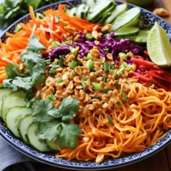 To make a delicious Spicy Thai Noodle Salad, you'll need fresh and vibrant ingredients. Below is the list of what you'll need: - 8 oz rice noodles - 1 cup shredded carrots - 1 cup cucumber, thinly sliced - 1 red bell pepper, julienned - 1 cup red cabbage, shredded - 1/4 cup fresh cilantro, chopped - 1/4 cup green onions, chopped - 1/2 cup unsalted roasted peanuts, roughly chopped - 1/4 cup soy sauce (or tamari for gluten-free) - 3 tablespoons freshly squeezed lime juice - 2 tablespoons sesame oil - 1 tablespoon brown sugar - 1-2 tablespoons Sriracha sauce (adjust according to your desired spice level) - Salt and pepper, to taste These ingredients bring a mix of textures and flavors. The rice noodles offer a soft base, while the fresh vegetables add crunch. The dressing ties everything together, giving it a spicy and tangy kick. For the full experience, follow the [Full Recipe] for detailed steps. To start, bring a pot of water to a boil. Add 8 oz of rice noodles. Cook them according to the package instructions. This usually takes around 5-7 minutes. Once the noodles are soft, drain them in a colander. Rinse the noodles under cold water to stop the cooking. This step keeps them from getting mushy. Set the noodles aside to cool completely. Next, grab a small mixing bowl. Combine 1/4 cup of soy sauce, 3 tablespoons of lime juice, and 2 tablespoons of sesame oil. Add 1 tablespoon of brown sugar and 1-2 tablespoons of Sriracha sauce. Whisk these ingredients together until they blend well. If you want more heat, add extra Sriracha. Taste it to find your perfect spice level. In a large mixing bowl, add the fresh veggies. Toss in 1 cup of shredded carrots, 1 cup of thinly sliced cucumber, 1 julienned red bell pepper, and 1 cup of shredded red cabbage. Mix the vegetables gently so they are evenly distributed. Now, it's time to combine the noodles. Add the cooled rice noodles to the bowl with the veggies. Make sure the noodles mix well with the vegetables. Drizzle the dressing over the noodle and vegetable mix. Use tongs or two large forks to toss everything together. This ensures each noodle and veggie gets coated with the dressing. Fold in 1/4 cup of fresh cilantro and 1/4 cup of chopped green onions. Give it a taste. Adjust the salt and pepper as needed. This step will enhance all the flavors in the salad. For a great presentation, serve the salad in a large bowl. Sprinkle the 1/2 cup of roughly chopped peanuts on top for a crunchy finish. Garnish with extra cilantro for color. You can also add lime wedges on the side. This allows everyone to add a squeeze of lime right before enjoying the salad. For the full recipe, check out the complete guide. To cook noodles perfectly, follow these tips: - Use a large pot of boiling water. - Add a pinch of salt for flavor. - Stir the noodles often to prevent sticking. The key to great flavor in your salad is balance. You need a mix of salty, sweet, and spicy. Use soy sauce for saltiness, brown sugar for sweetness, and Sriracha for heat. Adjust these to suit your taste. Avoid overcooking the noodles. They should be soft but still firm. If you cook them too long, they will turn mushy. Always rinse your noodles after cooking. This stops the cooking process and helps prevent stickiness. Here are some essential tools for your salad: - A large pot for boiling noodles. - A colander for draining. - A mixing bowl to combine ingredients. - A whisk for mixing the dressing. For chopping and mixing, use a sharp knife and a cutting board. This helps you chop veggies quickly and safely. A pair of tongs is helpful for tossing the salad evenly. These tips will help you create a delicious Spicy Thai Noodle Salad that impresses. Enjoy your cooking! {{image_4}} You can make easy swaps to fit your needs. If you need a gluten-free option, use rice noodles instead of wheat noodles. They work great and taste just as good. For more color and crunch, add bell peppers, snap peas, or even radishes. These veggies bring extra flavor and texture. Adding protein can make this salad filling. Tofu is a great choice for a vegetarian or vegan option. Just cube and pan-fry for a crispy touch. Shrimp can add a nice seafood flavor. Cook them quickly in a hot pan. Chicken is another option—grilled or shredded, it works well. Each protein brings new tastes to the dish. Want to control the heat? Start with less Sriracha. You can always add more later. If Sriracha is too spicy, try sweet chili sauce. It adds flavor without the heat. Another great option is using chili flakes or fresh jalapeños for a different kick. Adjusting the spice lets you enjoy the salad just the way you like it! To store your Spicy Thai Noodle Salad, place it in an airtight container. Refrigerate it right after serving. This keeps it fresh and safe to eat. The salad stays good for about 3 days in the fridge. The noodles and veggies will hold their crunch if stored correctly. If you want to keep the salad for longer, consider freezing it. However, I do not recommend freezing the noodles. Instead, you can freeze the dressing and veggies. Use a freezer-safe container to store them. When you are ready to eat, thaw the dressing and veggies in the fridge overnight. To refresh the flavors after storage, squeeze some fresh lime juice over the salad. This will brighten up the taste. Add a sprinkle of fresh herbs like cilantro or green onions. For leftovers, serve them cold or at room temperature. If the noodles feel dry, add a bit of dressing to bring them back to life. Enjoy your delicious meal once again! Spicy Thai Noodle Salad is a vibrant dish that mixes rice noodles with fresh veggies. The flavor is a mix of sweet, sour, salty, and spicy. You get crunch from the veggies and heat from the Sriracha sauce. This salad is a true taste of Thailand, bursting with bright colors and bold flavors. Yes, you can prepare this salad in advance. To keep it fresh, store the dressing separately. Mix the noodles and veggies together, then add the dressing right before serving. This keeps everything crisp and tasty. This salad pairs well with many sides. Try spring rolls or grilled chicken. For drinks, iced tea or a light beer works well. These pairings enhance the salad's spicy kick. To reduce the heat, cut back on the Sriracha. You can use just one tablespoon or leave it out completely. For a milder flavor, try using sweet chili sauce instead. This keeps the salad tasty without the heat. Yes, this recipe is vegan-friendly as it includes no animal products. For vegan swaps, use tofu instead of meat. You can also choose gluten-free soy sauce for a different option. This makes the salad suitable for everyone. In this blog post, we explored how to make a Spicy Thai Noodle Salad. We covered ingredients like rice noodles and fresh veggies, along with a flavorful dressing. You learned step-by-step instructions for preparation, tossing, and serving. I shared tips to perfect your dish and avoid mistakes. You can customize the salad with ingredient swaps or protein options. Overall, this salad is fresh, tasty, and simple to prepare. Enjoy making this dish at home!