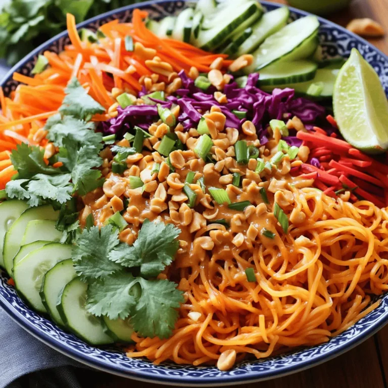 To make a delicious Spicy Thai Noodle Salad, you'll need fresh and vibrant ingredients. Below is the list of what you'll need: - 8 oz rice noodles - 1 cup shredded carrots - 1 cup cucumber, thinly sliced - 1 red bell pepper, julienned - 1 cup red cabbage, shredded - 1/4 cup fresh cilantro, chopped - 1/4 cup green onions, chopped - 1/2 cup unsalted roasted peanuts, roughly chopped - 1/4 cup soy sauce (or tamari for gluten-free) - 3 tablespoons freshly squeezed lime juice - 2 tablespoons sesame oil - 1 tablespoon brown sugar - 1-2 tablespoons Sriracha sauce (adjust according to your desired spice level) - Salt and pepper, to taste These ingredients bring a mix of textures and flavors. The rice noodles offer a soft base, while the fresh vegetables add crunch. The dressing ties everything together, giving it a spicy and tangy kick. For the full experience, follow the [Full Recipe] for detailed steps. To start, bring a pot of water to a boil. Add 8 oz of rice noodles. Cook them according to the package instructions. This usually takes around 5-7 minutes. Once the noodles are soft, drain them in a colander. Rinse the noodles under cold water to stop the cooking. This step keeps them from getting mushy. Set the noodles aside to cool completely. Next, grab a small mixing bowl. Combine 1/4 cup of soy sauce, 3 tablespoons of lime juice, and 2 tablespoons of sesame oil. Add 1 tablespoon of brown sugar and 1-2 tablespoons of Sriracha sauce. Whisk these ingredients together until they blend well. If you want more heat, add extra Sriracha. Taste it to find your perfect spice level. In a large mixing bowl, add the fresh veggies. Toss in 1 cup of shredded carrots, 1 cup of thinly sliced cucumber, 1 julienned red bell pepper, and 1 cup of shredded red cabbage. Mix the vegetables gently so they are evenly distributed. Now, it's time to combine the noodles. Add the cooled rice noodles to the bowl with the veggies. Make sure the noodles mix well with the vegetables. Drizzle the dressing over the noodle and vegetable mix. Use tongs or two large forks to toss everything together. This ensures each noodle and veggie gets coated with the dressing. Fold in 1/4 cup of fresh cilantro and 1/4 cup of chopped green onions. Give it a taste. Adjust the salt and pepper as needed. This step will enhance all the flavors in the salad. For a great presentation, serve the salad in a large bowl. Sprinkle the 1/2 cup of roughly chopped peanuts on top for a crunchy finish. Garnish with extra cilantro for color. You can also add lime wedges on the side. This allows everyone to add a squeeze of lime right before enjoying the salad. For the full recipe, check out the complete guide. To cook noodles perfectly, follow these tips: - Use a large pot of boiling water. - Add a pinch of salt for flavor. - Stir the noodles often to prevent sticking. The key to great flavor in your salad is balance. You need a mix of salty, sweet, and spicy. Use soy sauce for saltiness, brown sugar for sweetness, and Sriracha for heat. Adjust these to suit your taste. Avoid overcooking the noodles. They should be soft but still firm. If you cook them too long, they will turn mushy. Always rinse your noodles after cooking. This stops the cooking process and helps prevent stickiness. Here are some essential tools for your salad: - A large pot for boiling noodles. - A colander for draining. - A mixing bowl to combine ingredients. - A whisk for mixing the dressing. For chopping and mixing, use a sharp knife and a cutting board. This helps you chop veggies quickly and safely. A pair of tongs is helpful for tossing the salad evenly. These tips will help you create a delicious Spicy Thai Noodle Salad that impresses. Enjoy your cooking! {{image_4}} You can make easy swaps to fit your needs. If you need a gluten-free option, use rice noodles instead of wheat noodles. They work great and taste just as good. For more color and crunch, add bell peppers, snap peas, or even radishes. These veggies bring extra flavor and texture. Adding protein can make this salad filling. Tofu is a great choice for a vegetarian or vegan option. Just cube and pan-fry for a crispy touch. Shrimp can add a nice seafood flavor. Cook them quickly in a hot pan. Chicken is another option—grilled or shredded, it works well. Each protein brings new tastes to the dish. Want to control the heat? Start with less Sriracha. You can always add more later. If Sriracha is too spicy, try sweet chili sauce. It adds flavor without the heat. Another great option is using chili flakes or fresh jalapeños for a different kick. Adjusting the spice lets you enjoy the salad just the way you like it! To store your Spicy Thai Noodle Salad, place it in an airtight container. Refrigerate it right after serving. This keeps it fresh and safe to eat. The salad stays good for about 3 days in the fridge. The noodles and veggies will hold their crunch if stored correctly. If you want to keep the salad for longer, consider freezing it. However, I do not recommend freezing the noodles. Instead, you can freeze the dressing and veggies. Use a freezer-safe container to store them. When you are ready to eat, thaw the dressing and veggies in the fridge overnight. To refresh the flavors after storage, squeeze some fresh lime juice over the salad. This will brighten up the taste. Add a sprinkle of fresh herbs like cilantro or green onions. For leftovers, serve them cold or at room temperature. If the noodles feel dry, add a bit of dressing to bring them back to life. Enjoy your delicious meal once again! Spicy Thai Noodle Salad is a vibrant dish that mixes rice noodles with fresh veggies. The flavor is a mix of sweet, sour, salty, and spicy. You get crunch from the veggies and heat from the Sriracha sauce. This salad is a true taste of Thailand, bursting with bright colors and bold flavors. Yes, you can prepare this salad in advance. To keep it fresh, store the dressing separately. Mix the noodles and veggies together, then add the dressing right before serving. This keeps everything crisp and tasty. This salad pairs well with many sides. Try spring rolls or grilled chicken. For drinks, iced tea or a light beer works well. These pairings enhance the salad's spicy kick. To reduce the heat, cut back on the Sriracha. You can use just one tablespoon or leave it out completely. For a milder flavor, try using sweet chili sauce instead. This keeps the salad tasty without the heat. Yes, this recipe is vegan-friendly as it includes no animal products. For vegan swaps, use tofu instead of meat. You can also choose gluten-free soy sauce for a different option. This makes the salad suitable for everyone. In this blog post, we explored how to make a Spicy Thai Noodle Salad. We covered ingredients like rice noodles and fresh veggies, along with a flavorful dressing. You learned step-by-step instructions for preparation, tossing, and serving. I shared tips to perfect your dish and avoid mistakes. You can customize the salad with ingredient swaps or protein options. Overall, this salad is fresh, tasty, and simple to prepare. Enjoy making this dish at home!