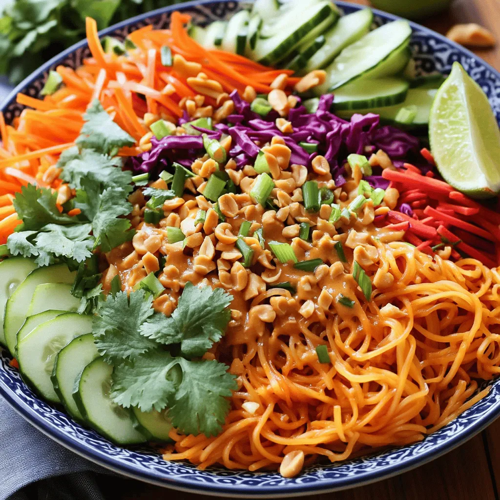 To make a delicious Spicy Thai Noodle Salad, you'll need fresh and vibrant ingredients. Below is the list of what you'll need: - 8 oz rice noodles - 1 cup shredded carrots - 1 cup cucumber, thinly sliced - 1 red bell pepper, julienned - 1 cup red cabbage, shredded - 1/4 cup fresh cilantro, chopped - 1/4 cup green onions, chopped - 1/2 cup unsalted roasted peanuts, roughly chopped - 1/4 cup soy sauce (or tamari for gluten-free) - 3 tablespoons freshly squeezed lime juice - 2 tablespoons sesame oil - 1 tablespoon brown sugar - 1-2 tablespoons Sriracha sauce (adjust according to your desired spice level) - Salt and pepper, to taste These ingredients bring a mix of textures and flavors. The rice noodles offer a soft base, while the fresh vegetables add crunch. The dressing ties everything together, giving it a spicy and tangy kick. For the full experience, follow the [Full Recipe] for detailed steps. To start, bring a pot of water to a boil. Add 8 oz of rice noodles. Cook them according to the package instructions. This usually takes around 5-7 minutes. Once the noodles are soft, drain them in a colander. Rinse the noodles under cold water to stop the cooking. This step keeps them from getting mushy. Set the noodles aside to cool completely. Next, grab a small mixing bowl. Combine 1/4 cup of soy sauce, 3 tablespoons of lime juice, and 2 tablespoons of sesame oil. Add 1 tablespoon of brown sugar and 1-2 tablespoons of Sriracha sauce. Whisk these ingredients together until they blend well. If you want more heat, add extra Sriracha. Taste it to find your perfect spice level. In a large mixing bowl, add the fresh veggies. Toss in 1 cup of shredded carrots, 1 cup of thinly sliced cucumber, 1 julienned red bell pepper, and 1 cup of shredded red cabbage. Mix the vegetables gently so they are evenly distributed. Now, it's time to combine the noodles. Add the cooled rice noodles to the bowl with the veggies. Make sure the noodles mix well with the vegetables. Drizzle the dressing over the noodle and vegetable mix. Use tongs or two large forks to toss everything together. This ensures each noodle and veggie gets coated with the dressing. Fold in 1/4 cup of fresh cilantro and 1/4 cup of chopped green onions. Give it a taste. Adjust the salt and pepper as needed. This step will enhance all the flavors in the salad. For a great presentation, serve the salad in a large bowl. Sprinkle the 1/2 cup of roughly chopped peanuts on top for a crunchy finish. Garnish with extra cilantro for color. You can also add lime wedges on the side. This allows everyone to add a squeeze of lime right before enjoying the salad. For the full recipe, check out the complete guide. To cook noodles perfectly, follow these tips: - Use a large pot of boiling water. - Add a pinch of salt for flavor. - Stir the noodles often to prevent sticking. The key to great flavor in your salad is balance. You need a mix of salty, sweet, and spicy. Use soy sauce for saltiness, brown sugar for sweetness, and Sriracha for heat. Adjust these to suit your taste. Avoid overcooking the noodles. They should be soft but still firm. If you cook them too long, they will turn mushy. Always rinse your noodles after cooking. This stops the cooking process and helps prevent stickiness. Here are some essential tools for your salad: - A large pot for boiling noodles. - A colander for draining. - A mixing bowl to combine ingredients. - A whisk for mixing the dressing. For chopping and mixing, use a sharp knife and a cutting board. This helps you chop veggies quickly and safely. A pair of tongs is helpful for tossing the salad evenly. These tips will help you create a delicious Spicy Thai Noodle Salad that impresses. Enjoy your cooking! {{image_4}} You can make easy swaps to fit your needs. If you need a gluten-free option, use rice noodles instead of wheat noodles. They work great and taste just as good. For more color and crunch, add bell peppers, snap peas, or even radishes. These veggies bring extra flavor and texture. Adding protein can make this salad filling. Tofu is a great choice for a vegetarian or vegan option. Just cube and pan-fry for a crispy touch. Shrimp can add a nice seafood flavor. Cook them quickly in a hot pan. Chicken is another option—grilled or shredded, it works well. Each protein brings new tastes to the dish. Want to control the heat? Start with less Sriracha. You can always add more later. If Sriracha is too spicy, try sweet chili sauce. It adds flavor without the heat. Another great option is using chili flakes or fresh jalapeños for a different kick. Adjusting the spice lets you enjoy the salad just the way you like it! To store your Spicy Thai Noodle Salad, place it in an airtight container. Refrigerate it right after serving. This keeps it fresh and safe to eat. The salad stays good for about 3 days in the fridge. The noodles and veggies will hold their crunch if stored correctly. If you want to keep the salad for longer, consider freezing it. However, I do not recommend freezing the noodles. Instead, you can freeze the dressing and veggies. Use a freezer-safe container to store them. When you are ready to eat, thaw the dressing and veggies in the fridge overnight. To refresh the flavors after storage, squeeze some fresh lime juice over the salad. This will brighten up the taste. Add a sprinkle of fresh herbs like cilantro or green onions. For leftovers, serve them cold or at room temperature. If the noodles feel dry, add a bit of dressing to bring them back to life. Enjoy your delicious meal once again! Spicy Thai Noodle Salad is a vibrant dish that mixes rice noodles with fresh veggies. The flavor is a mix of sweet, sour, salty, and spicy. You get crunch from the veggies and heat from the Sriracha sauce. This salad is a true taste of Thailand, bursting with bright colors and bold flavors. Yes, you can prepare this salad in advance. To keep it fresh, store the dressing separately. Mix the noodles and veggies together, then add the dressing right before serving. This keeps everything crisp and tasty. This salad pairs well with many sides. Try spring rolls or grilled chicken. For drinks, iced tea or a light beer works well. These pairings enhance the salad's spicy kick. To reduce the heat, cut back on the Sriracha. You can use just one tablespoon or leave it out completely. For a milder flavor, try using sweet chili sauce instead. This keeps the salad tasty without the heat. Yes, this recipe is vegan-friendly as it includes no animal products. For vegan swaps, use tofu instead of meat. You can also choose gluten-free soy sauce for a different option. This makes the salad suitable for everyone. In this blog post, we explored how to make a Spicy Thai Noodle Salad. We covered ingredients like rice noodles and fresh veggies, along with a flavorful dressing. You learned step-by-step instructions for preparation, tossing, and serving. I shared tips to perfect your dish and avoid mistakes. You can customize the salad with ingredient swaps or protein options. Overall, this salad is fresh, tasty, and simple to prepare. Enjoy making this dish at home!