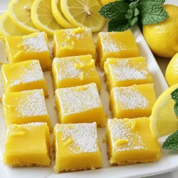 To make easy lemon bars, gather these fresh ingredients: - 1 ½ cups all-purpose flour - 1 cup granulated sugar - ½ cup unsalted butter, softened to room temperature - 2 large eggs - 1 cup freshly squeezed lemon juice (about 4-5 medium lemons) - Zest from 2 lemons - 2 teaspoons baking powder - ¼ teaspoon salt - Powdered sugar, for dusting You can swap ingredients for different options. Here are some ideas: - Use coconut oil instead of butter for a dairy-free option. - Swap granulated sugar with coconut sugar for a healthier choice. - Try almond flour instead of all-purpose flour for a gluten-free version. I always recommend using fresh lemon juice for the best flavor. Fresh lemons give a bright taste that bottled juice can't match. If you're in a pinch, bottled juice can work, but it often lacks the zing. Fresh lemon zest also adds a lovely aroma and boosts flavor. So, when making your easy lemon bars, reach for fresh lemons whenever you can. For the full recipe, you can check out the details above. To start, gather your tools. You will need a 9x9-inch baking pan, a mixing bowl, and a whisk. You can also use a hand mixer if you have one. Preheat your oven to 350°F (175°C). Grease the baking pan with butter or line it with parchment paper. This helps you lift the bars out easily after baking. 1. In a mixing bowl, combine the softened butter and granulated sugar. Whisk or mix until it looks light and fluffy. 2. Add the eggs one at a time. Make sure to mix well after each egg. This helps your batter stay smooth. 3. Stir in the lemon zest and freshly squeezed lemon juice. This gives your bars that bright lemon flavor. 4. In another bowl, mix the flour, baking powder, and salt. Gradually add this dry mix to the wet ingredients. Stir gently until everything is just combined. 5. Pour the batter into your prepared pan. Use a spatula to spread it out evenly. 6. Bake in your preheated oven for 20-25 minutes. The edges should turn lightly golden. 7. To check for doneness, insert a toothpick into the center. If it comes out clean, your lemon bars are ready. Keep an eye on your bars as they bake. The edges will look slightly golden when done. After baking, let them cool on a wire rack. Cooling helps set the texture. Once cool, dust the top with powdered sugar before cutting into squares. Enjoy these delicious lemon bars! For the full recipe, refer back to the earlier section. Making lemon bars can seem easy, but some mistakes can ruin them. First, avoid overmixing your batter. This can make the bars tough instead of light. Second, don't skip the cooling step. Letting them cool completely helps set the filling. Third, be careful with the oven temperature. An oven that is too hot can burn the edges before the center is set. Follow the [Full Recipe] to keep everything in check. To get that bright, zesty flavor, use fresh lemons. Bottled juice lacks the punch that fresh juice provides. When juicing, roll the lemon on the counter first. This makes it easier to extract more juice. Also, zest the lemons before juicing. The zest holds oils that bring intense lemon flavor. Use a microplane or fine grater for best results. For the perfect texture, start with room-temperature butter and eggs. Cold ingredients can lead to uneven mixing. Use a light hand when folding in the dry ingredients. You want a smooth batter, but a few lumps are okay. Bake until the edges are golden. This helps set the filling while keeping it soft. Finally, dust the bars with powdered sugar after cooling. This adds a sweet touch and enhances the look. {{image_4}} You can make gluten-free easy lemon bars using a simple swap. Just replace all-purpose flour with a gluten-free flour blend. Choose one that works well for baking, like almond flour or coconut flour. These will give your bars a great texture. The taste remains fresh and zesty. You still get that bright lemon flavor everyone loves. Want to add a twist? Try adding lavender or coconut to your lemon bars. For lavender, use dried culinary lavender. Just a teaspoon mixed into the batter will give a lovely floral note. If you prefer coconut, add a half cup of shredded coconut. This will add sweetness and a nice chew. Both flavors work well with the lemon. They create a fun new dessert! Lemon bar cheesecake bars combine two favorites into one. Start with the same base as the lemon bars. Then, mix in cream cheese to the batter. Use about 8 ounces of softened cream cheese for a rich texture. This will make your bars creamy and decadent. Bake as you normally would. The result is a delightful blend of tart and sweet that will impress everyone. For the full recipe, visit the [Full Recipe]. To keep your lemon bars fresh, store them in an airtight container. Make sure to place parchment paper between layers to prevent sticking. This method helps maintain their zesty flavor and soft texture. You can keep them at room temperature for up to two days. If you want them to last longer, refrigerate them. If you want to enjoy lemon bars later, freezing is a smart choice. First, cut the bars into squares. Then, wrap each piece in plastic wrap. After that, place them in a freezer-safe bag. This keeps them fresh and prevents freezer burn. When you're ready to eat, thaw them in the fridge overnight. You can also let them sit at room temperature for a couple of hours. Lemon bars last about 2 days at room temperature. If you store them in the fridge, they stay fresh for up to a week. When frozen, they can last for about 3 months. So, whether you make a full batch or just a few, you can enjoy these delightful treats whenever you like. For the full recipe, check out the details above! Yes, you can make Easy Lemon Bars ahead of time. They taste great after chilling in the fridge. I recommend baking them a day in advance. Once cooled, cover them tightly in plastic wrap or foil. This keeps them fresh and tasty. Just remember to dust with powdered sugar before serving. The bars will stay delicious for up to five days. To cut your lemon bars nicely, you need a few tips. First, let them cool completely. This helps them set and makes cutting easier. Use a sharp knife for clean edges. I like to dip my knife in warm water before each cut. Wipe the knife with a cloth between cuts. This keeps your bars looking pretty. You can cut them into squares or rectangles, depending on your serving style. You can check if your lemon bars are done by looking closely. The edges should be lightly golden, and the center should look slightly set. A toothpick test works well too. Insert a toothpick into the center. If it comes out clean or with just a few crumbs, they are ready. Remember, they will continue to firm up as they cool. Be patient; this step is key to perfect bars. In this blog post, we explored how to make delicious easy lemon bars. We covered key ingredients and substitutions, as well as tips for getting the best flavor and texture. You'll now know how to prep, bake, and store your lemon bars. Remember, tweaks can include gluten-free options or fun flavors like lavender. Enjoy your baking journey and share these treats with friends! Perfect lemon bars are just a recipe away. Happy baking!