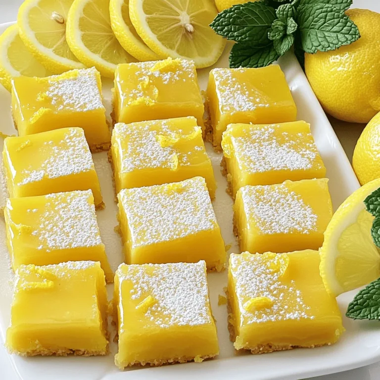 To make easy lemon bars, gather these fresh ingredients: - 1 ½ cups all-purpose flour - 1 cup granulated sugar - ½ cup unsalted butter, softened to room temperature - 2 large eggs - 1 cup freshly squeezed lemon juice (about 4-5 medium lemons) - Zest from 2 lemons - 2 teaspoons baking powder - ¼ teaspoon salt - Powdered sugar, for dusting You can swap ingredients for different options. Here are some ideas: - Use coconut oil instead of butter for a dairy-free option. - Swap granulated sugar with coconut sugar for a healthier choice. - Try almond flour instead of all-purpose flour for a gluten-free version. I always recommend using fresh lemon juice for the best flavor. Fresh lemons give a bright taste that bottled juice can't match. If you're in a pinch, bottled juice can work, but it often lacks the zing. Fresh lemon zest also adds a lovely aroma and boosts flavor. So, when making your easy lemon bars, reach for fresh lemons whenever you can. For the full recipe, you can check out the details above. To start, gather your tools. You will need a 9x9-inch baking pan, a mixing bowl, and a whisk. You can also use a hand mixer if you have one. Preheat your oven to 350°F (175°C). Grease the baking pan with butter or line it with parchment paper. This helps you lift the bars out easily after baking. 1. In a mixing bowl, combine the softened butter and granulated sugar. Whisk or mix until it looks light and fluffy. 2. Add the eggs one at a time. Make sure to mix well after each egg. This helps your batter stay smooth. 3. Stir in the lemon zest and freshly squeezed lemon juice. This gives your bars that bright lemon flavor. 4. In another bowl, mix the flour, baking powder, and salt. Gradually add this dry mix to the wet ingredients. Stir gently until everything is just combined. 5. Pour the batter into your prepared pan. Use a spatula to spread it out evenly. 6. Bake in your preheated oven for 20-25 minutes. The edges should turn lightly golden. 7. To check for doneness, insert a toothpick into the center. If it comes out clean, your lemon bars are ready. Keep an eye on your bars as they bake. The edges will look slightly golden when done. After baking, let them cool on a wire rack. Cooling helps set the texture. Once cool, dust the top with powdered sugar before cutting into squares. Enjoy these delicious lemon bars! For the full recipe, refer back to the earlier section. Making lemon bars can seem easy, but some mistakes can ruin them. First, avoid overmixing your batter. This can make the bars tough instead of light. Second, don't skip the cooling step. Letting them cool completely helps set the filling. Third, be careful with the oven temperature. An oven that is too hot can burn the edges before the center is set. Follow the [Full Recipe] to keep everything in check. To get that bright, zesty flavor, use fresh lemons. Bottled juice lacks the punch that fresh juice provides. When juicing, roll the lemon on the counter first. This makes it easier to extract more juice. Also, zest the lemons before juicing. The zest holds oils that bring intense lemon flavor. Use a microplane or fine grater for best results. For the perfect texture, start with room-temperature butter and eggs. Cold ingredients can lead to uneven mixing. Use a light hand when folding in the dry ingredients. You want a smooth batter, but a few lumps are okay. Bake until the edges are golden. This helps set the filling while keeping it soft. Finally, dust the bars with powdered sugar after cooling. This adds a sweet touch and enhances the look. {{image_4}} You can make gluten-free easy lemon bars using a simple swap. Just replace all-purpose flour with a gluten-free flour blend. Choose one that works well for baking, like almond flour or coconut flour. These will give your bars a great texture. The taste remains fresh and zesty. You still get that bright lemon flavor everyone loves. Want to add a twist? Try adding lavender or coconut to your lemon bars. For lavender, use dried culinary lavender. Just a teaspoon mixed into the batter will give a lovely floral note. If you prefer coconut, add a half cup of shredded coconut. This will add sweetness and a nice chew. Both flavors work well with the lemon. They create a fun new dessert! Lemon bar cheesecake bars combine two favorites into one. Start with the same base as the lemon bars. Then, mix in cream cheese to the batter. Use about 8 ounces of softened cream cheese for a rich texture. This will make your bars creamy and decadent. Bake as you normally would. The result is a delightful blend of tart and sweet that will impress everyone. For the full recipe, visit the [Full Recipe]. To keep your lemon bars fresh, store them in an airtight container. Make sure to place parchment paper between layers to prevent sticking. This method helps maintain their zesty flavor and soft texture. You can keep them at room temperature for up to two days. If you want them to last longer, refrigerate them. If you want to enjoy lemon bars later, freezing is a smart choice. First, cut the bars into squares. Then, wrap each piece in plastic wrap. After that, place them in a freezer-safe bag. This keeps them fresh and prevents freezer burn. When you're ready to eat, thaw them in the fridge overnight. You can also let them sit at room temperature for a couple of hours. Lemon bars last about 2 days at room temperature. If you store them in the fridge, they stay fresh for up to a week. When frozen, they can last for about 3 months. So, whether you make a full batch or just a few, you can enjoy these delightful treats whenever you like. For the full recipe, check out the details above! Yes, you can make Easy Lemon Bars ahead of time. They taste great after chilling in the fridge. I recommend baking them a day in advance. Once cooled, cover them tightly in plastic wrap or foil. This keeps them fresh and tasty. Just remember to dust with powdered sugar before serving. The bars will stay delicious for up to five days. To cut your lemon bars nicely, you need a few tips. First, let them cool completely. This helps them set and makes cutting easier. Use a sharp knife for clean edges. I like to dip my knife in warm water before each cut. Wipe the knife with a cloth between cuts. This keeps your bars looking pretty. You can cut them into squares or rectangles, depending on your serving style. You can check if your lemon bars are done by looking closely. The edges should be lightly golden, and the center should look slightly set. A toothpick test works well too. Insert a toothpick into the center. If it comes out clean or with just a few crumbs, they are ready. Remember, they will continue to firm up as they cool. Be patient; this step is key to perfect bars. In this blog post, we explored how to make delicious easy lemon bars. We covered key ingredients and substitutions, as well as tips for getting the best flavor and texture. You'll now know how to prep, bake, and store your lemon bars. Remember, tweaks can include gluten-free options or fun flavors like lavender. Enjoy your baking journey and share these treats with friends! Perfect lemon bars are just a recipe away. Happy baking!
