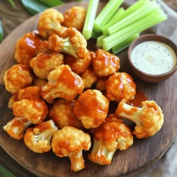 - 1 medium head of cauliflower - 1 cup all-purpose flour or chickpea flour - 1 cup almond milk - Hot buffalo sauce - Optional: melted vegan butter - Garlic powder - Onion powder - Smoked paprika - Ranch or blue cheese dressing - Fresh celery sticks - Additional dipping sauces For my Spicy Buffalo Cauliflower Wings, I start with a medium head of cauliflower. I cut it into bite-sized florets. This makes them easy to eat and perfect for snacking. Next, I prepare the batter. I mix flour with almond milk, garlic powder, onion powder, and smoked paprika. This batter gives the wings a nice crunch when baked. Now, let's talk about the buffalo sauce. You can use your favorite hot buffalo sauce. If you want a richer flavor, add melted vegan butter. It makes the sauce smooth and creamy. For serving, I love to pair these wings with fresh celery sticks. The crunch of the celery complements the spiciness of the wings. You can also serve additional dipping sauces like ranch or blue cheese dressing. They add a cooling touch to the heat. You can check out the Full Recipe for more details. - Preheat your oven to 450°F (230°C). - Line a baking sheet with parchment paper. This will help prevent sticking. - In a medium bowl, mix together the flour, almond milk, garlic powder, onion powder, smoked paprika, salt, and black pepper. - Whisk until all ingredients are smooth and lump-free. - Take each cauliflower floret and dip it into the batter. - Make sure each piece is well-coated. - Allow any excess batter to drip off, then place the florets on the baking sheet. - Arrange them with space between each for even cooking. - Bake in the preheated oven for 20-25 minutes. - Look for a golden brown color and a slight crisp. - While the cauliflower bakes, mix the hot buffalo sauce with melted vegan butter in a bowl. - After baking, remove the cauliflower from the oven. - Toss the hot florets in the buffalo sauce mixture. - Ensure each piece is fully coated in the spicy sauce. - Return the wings to the oven and bake for another 10-15 minutes. - This gives them a nice crisp and enhances the flavor. Enjoy crafting these spicy buffalo cauliflower wings! Check out the Full Recipe for more details. To get that perfect crunch, you can follow a few easy tips. - Baking tips for extra crunch: Make sure to preheat your oven to 450°F (230°C). This high heat helps create a crispy texture. Use parchment paper on your baking sheet to keep the wings from sticking. - Avoiding sogginess: Ensure the cauliflower florets are well-coated but not drenched in batter. This helps them bake evenly. After the first bake, toss them in the buffalo sauce while they are hot for the best flavor. You can customize this recipe to fit your needs. - Gluten-free options: Swap regular flour for chickpea flour. It works great and keeps everything gluten-free. - Adjusting spice level: If you like it milder, use less hot buffalo sauce. You can also mix in some honey for a sweet touch. Presentation can make your wings even more appetizing. - Arranging the wings for presentation: Place the wings neatly on a serving platter. This makes them look inviting. - Garnishing tips for visual appeal: Add fresh celery sticks around the wings. You can drizzle extra buffalo sauce on top for color. Include a small bowl of ranch or blue cheese dressing for dipping. Enjoy your spicy snack! {{image_4}} You can change the taste of your spicy buffalo cauliflower wings by trying different sauces. Instead of traditional buffalo sauce, try: - BBQ sauce for a sweet twist - Teriyaki sauce for an Asian flair - Garlic parmesan for a rich flavor You can also add unique spices to the batter. Some great options include: - Cayenne pepper for more heat - Cumin for a smoky touch - Nutritional yeast for a cheesy taste If you want to make your wings vegan or gluten-free, you can easily adapt the recipe. Use chickpea flour instead of all-purpose flour. This makes the batter light and crispy without gluten. For a creamy dip, try a dairy-free ranch made with cashews. For nutritional modifications, consider: - Reducing the amount of hot sauce for less heat - Adding more vegetables to increase fiber - Using less oil to cut calories You can serve spicy buffalo cauliflower wings in many ways. Pair them with side dishes like: - Fresh carrot sticks for crunch - Homemade coleslaw for a cool contrast - Quinoa salad for a healthy addition These wings can also shine as a main course or snack. Serve them at parties or enjoy them during a movie night. They are perfect for sharing or for a fun meal at home. For the full recipe, check out the details above. To store your leftover spicy buffalo cauliflower wings, let them cool. Place them in an airtight container. This keeps the wings fresh for later. Do not stack them too tightly. This helps maintain their crispy texture. You can enjoy them for up to three days in the fridge. If you want to freeze your cooked buffalo cauliflower wings, let them cool completely first. Arrange the wings in a single layer on a baking sheet. Freeze them for about an hour until firm. Then, transfer them to a freezer-safe bag. They will stay good for about three months. When you’re ready to eat, reheat them in the oven. Set it to 400°F (200°C). Bake them for 15-20 minutes until hot and crispy again. This method helps preserve their texture. In the fridge, the spicy buffalo cauliflower wings last up to three days. In the freezer, they can last up to three months. Always check for signs of spoilage. Look for any off smells or discoloration. If they seem slimy or have changed texture, it's best to toss them. Enjoy your spicy buffalo cauliflower wings while they're fresh! You can try many fun sauces with buffalo cauliflower wings. Here are some great options: - Honey mustard - BBQ sauce - Sriracha mayo - Avocado crema - Hummus These dips can add new flavors. You can mix and match to find your favorite. Each sauce brings a unique taste that pairs well with the spicy wings. Yes, you can prepare buffalo cauliflower wings in advance. Here’s how to do it: - Prep the cauliflower: Cut and coat the florets in batter. - Store them: Place the coated florets on a baking sheet and cover. Keep them in the fridge for up to 24 hours. - Bake before serving: When ready, bake them as usual. This saves time and makes it easy to serve. Spicy buffalo cauliflower wings have many health benefits. Here are a few points: - They are low in calories compared to traditional wings. - Cauliflower is high in fiber and vitamins. - You can make them gluten-free easily. However, check the hot sauce and dressing. Some may have added sugar and sodium. Enjoy these wings as a fun snack, but balance them with healthy meals too. You’ve learned how to make tasty buffalo cauliflower wings from scratch. We covered the key ingredients, step-by-step instructions, and helpful tips to get them crispy. You can also try different flavors and sauces. Remember, you can store leftovers easily and enjoy them later. Whether for a party or a snack, these wings suit any occasion. Try experimenting with flavors and dip options to make them your own. Now, get cooking and enjoy your delicious creation!