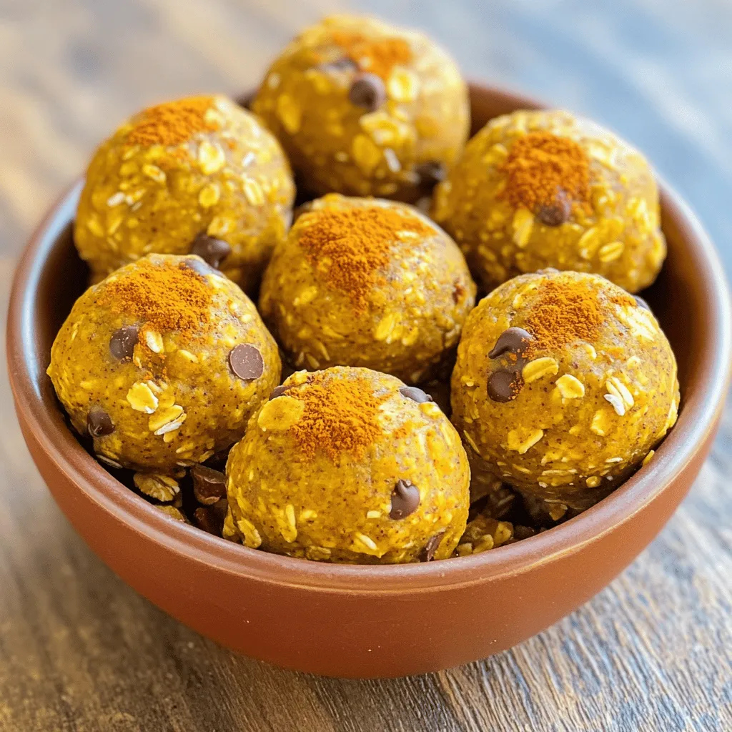- Rolled oats - Almond butter or peanut butter - Canned pumpkin puree The base of these energy bites is simple yet nutritious. Rolled oats give a hearty texture. You can use almond butter or peanut butter for creaminess. Canned pumpkin puree adds moisture and rich flavor. It's perfect for fall. - Honey or maple syrup - Pumpkin pie spice - Pure vanilla extract For sweetness, you can choose honey or maple syrup. Both give a nice touch. Pumpkin pie spice brings warmth with its mix of cinnamon, nutmeg, and ginger. A splash of pure vanilla extract enhances the taste. This blend makes these bites feel like a cozy fall treat. - Mini chocolate chips - Chopped walnuts or pecans - Pinch of salt Want to make your bites special? Add mini chocolate chips for sweetness. Chopped walnuts or pecans give a nice crunch. A tiny pinch of salt can really boost all the flavors. These choices let you customize bites to your liking. For the full recipe, check out the detailed instructions above. To start, gather your ingredients. Combine the rolled oats, almond butter, canned pumpkin puree, and honey or maple syrup in a large bowl. Use a spatula to mix until you have a thick and sticky dough. This base gives your energy bites a hearty texture. Next, it’s time to add flavor. Sprinkle in the pumpkin pie spice, pure vanilla extract, and a pinch of salt. Stir well to blend all the ingredients. This step brings out the warm, autumn flavors that make these bites so special. If you want to elevate your energy bites, fold in mini chocolate chips and chopped walnuts or pecans. This adds a fun crunch and a touch of sweetness. You can mix and match to fit your taste. Now, scoop out a small amount of the mixture. Roll it into bite-sized balls, about 1 inch wide. You can use clean hands or a cookie scoop for uniform shapes. Place the balls on a parchment-lined tray, leaving space between them. Chill in the refrigerator for at least 30 minutes. This makes them firm and ready to eat. For the full recipe, check the instructions above. To make your energy bites just right, start with a dough-like mixture. Mix the rolled oats, almond butter, pumpkin puree, and honey or maple syrup well. If it's too dry, add a splash of water. If it's too wet, add more oats. This balance helps all the flavors mix well. For sweetness, taste as you go. If you want it sweeter, add more honey or maple syrup. For spice, add a bit more pumpkin pie spice if you love that warm flavor. Just remember, a little goes a long way! Serving these bites can be fun. Use a nice bowl or platter. You can arrange the energy bites in a circle or stack them high for a tower effect. Sprinkle a dash of pumpkin spice or nutmeg on top for a pop of color. For festive occasions, add some decorative touches. You can place a pecan half on each bite or use festive liners. This adds a nice look and makes them stand out on your table. These energy bites are not only tasty but also healthy. Pumpkin is full of vitamins and fiber. It helps with digestion and keeps you full longer. Nuts add protein, good fats, and crunch. Oats provide energy and keep your heart healthy. Each ingredient in these bites supports your health. You get a mix of nutrients while enjoying a sweet treat. So, indulge in your pumpkin spice energy bites without guilt! {{image_4}} You can change the flavor of your energy bites easily. Try using different spices, like cardamom or allspice. These spices give a unique twist to the classic pumpkin taste. If you want a nutty touch, swap almond butter for cashew or sunflower seed butter. Each nut butter adds its own flavor and texture. This keeps your energy bites fresh and exciting each time! Making these bites fit any diet is simple. For vegan options, use maple syrup instead of honey. You can also choose nut butters that fit your needs. For gluten-free energy bites, ensure your oats are certified gluten-free. If you want to cut sugar, consider using stevia or monk fruit sweetener instead of honey or maple syrup. These options keep your bites sweet and healthy! As fall rolls in, you can add more flavors. Mix in chopped apples or cranberries for a fruity touch. This makes the bites taste even more festive! For the holidays, consider adding a dash of peppermint extract. It transforms your energy bites into a delightful holiday treat. You can impress friends and family with these simple changes! You can find the Full Recipe to get you started on these delicious energy bites. To keep your pumpkin spice energy bites fresh, store them in an airtight container. Glass or plastic containers work well. Make sure the lid is tight to prevent air from getting in. This will help maintain their soft texture and rich flavors. These energy bites last about one week in the fridge. After that, they may lose some flavor and texture. Always check for any changes in smell or appearance before eating. You can freeze these energy bites for longer storage. To freeze, place them in a single layer on a baking sheet. Freeze for about an hour, then transfer them to an airtight container. They will keep well for up to three months. To thaw, simply remove the bites from the freezer and let them sit at room temperature for 15 to 30 minutes. You can also microwave them for a few seconds if you want them warm. Enjoy your delicious snacks anytime! To make these energy bites vegan, swap the honey for maple syrup. Use a nut-free butter, like sunflower seed butter, instead of almond or peanut butter. This keeps the bites delicious while ensuring they are plant-based. You can use fresh pumpkin! Fresh pumpkin offers a rich flavor and bright color. However, you need to cook and puree it first. Canned pumpkin is convenient and has a smooth texture. It also saves time. Use whichever you prefer! If there are nut allergies, use seeds like sunflower or pumpkin seeds. You can also add oats for texture. Dried fruits, like raisins or cranberries, can add sweetness without nuts. These options keep the bites tasty and safe. Yes, pumpkin spice energy bites are great for kids! They provide fiber and protein. Just watch the portion sizes. A small bite or two makes a fun snack. Kids love the taste, and they can help make them too! To boost the flavor, add extra spices like ginger or nutmeg. A splash of maple extract can also deepen the taste. You might even mix in some shredded coconut for a tropical twist. Explore these options to find your favorite flavor! For the full recipe, check out the details above. You now know how to make pumpkin spice energy bites. Start with oats, nut butter, and pumpkin puree. Add sweeteners and spices for flavor. You can mix in nuts or chocolate chips if you’d like. Remember to chill them for a tasty snack. With these tips, you can adjust flavors and make them fit your diet. Store them well and enjoy their long shelf life. Try different twists for the seasons. I hope you enjoy making and sharing these bites!