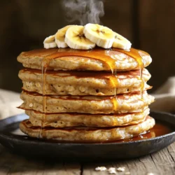 To make banana oatmeal pancakes, gather these simple items: - 1 cup rolled oats - 1 ripe banana, thoroughly mashed - 1 cup milk (or your choice of plant-based alternative) - 1 large egg - 1 tablespoon honey or maple syrup - 1 tablespoon baking powder - 1/2 teaspoon ground cinnamon - 1/4 teaspoon sea salt - 1 teaspoon pure vanilla extract - Coconut oil or butter for greasing the skillet Each ingredient plays a vital role in creating delicious pancakes. The oats provide a hearty base, while the banana adds natural sweetness. Milk and egg help bind the mixture and create a fluffy texture. Honey or maple syrup gives it a little extra sweetness. Baking powder helps the pancakes rise. Cinnamon adds warmth, and vanilla boosts flavor. You can easily swap some ingredients based on what you have: - Use almond milk or oat milk instead of cow's milk. - Substitute a flax egg for the large egg if you want a vegan option. - Try using agave syrup instead of honey or maple syrup for a different sweetness. - Add a scoop of protein powder for an extra boost. - Use gluten-free oats if you need a gluten-free option. These changes can help you match the recipe to your needs or taste preferences. These pancakes are not just tasty; they are also healthy! Here’s a quick look at the nutrition: - Each serving (about 2 pancakes) contains roughly: - Calories: 180 - Protein: 7g - Carbohydrates: 30g - Fiber: 4g - Sugars: 4g - Fat: 3g They offer a balanced meal packed with fiber and protein. This makes them a great choice for breakfast or brunch. You can enjoy them guilt-free while still getting great energy for your day! To start, gather your ingredients. You need rolled oats, a ripe banana, milk, and an egg. You will also need honey or maple syrup, baking powder, ground cinnamon, sea salt, and vanilla extract. Place the rolled oats in a blender and add the milk, mashed banana, and egg. Then, mix in the honey or maple syrup, baking powder, cinnamon, salt, and vanilla. Blend until smooth. If the batter is too thick, add a little more milk. Let the batter rest for 5 to 10 minutes. This allows the oats to soak up the liquid. This makes your pancakes fluffier. Next, heat a non-stick skillet over medium heat. Grease the skillet with coconut oil or butter. Once hot, ladle about 1/4 cup of batter for each pancake. Cook for 2 to 3 minutes. You will see bubbles form on top. This means it is time to flip. Cook the other side for another 2 to 3 minutes until golden brown. Keep cooking the rest of the batter, adding more oil or butter as needed. Now, it’s time to serve your tasty pancakes. Stack them on a plate. You can top them with sliced bananas, chopped nuts, or a drizzle of maple syrup. A dollop of yogurt adds a creamy touch. For a pretty finish, sprinkle some cinnamon on top. Enjoy your meal! For the full recipe, check the section above. To get the best pancake texture, start with the right batter. Blend your ingredients well until smooth. Letting the batter rest for 5 to 10 minutes helps, too. This time allows the oats to soak up moisture. A thicker batter gives you fluffier pancakes. If it seems too thick, add a splash of milk for balance. One common mistake is not measuring your ingredients. Be precise with your oats and liquids. Another pitfall is cooking on heat that’s too high. This can burn the pancakes before they cook through. Lastly, don’t skip the resting time; it’s key for great texture. Use a non-stick skillet for easy flipping. Preheat it over medium heat, then grease it lightly. Pour about 1/4 cup of batter for each pancake. Watch for bubbles on the surface; this is when to flip. Cook until golden brown on both sides. For the best results, keep the heat steady and avoid crowding the pan. For more tips and a detailed approach, refer to the Full Recipe for Banana Oatmeal Pancakes. {{image_4}} You can make your banana oatmeal pancakes even better by adding mix-ins. Try adding a handful of chocolate chips for a sweet treat. Blueberries or strawberries also work great. Nuts like walnuts or pecans give a nice crunch. If you like spices, consider adding some nutmeg or ginger for warmth. These twists make each pancake unique and fun! If you want to make these pancakes even healthier, swap the regular milk for almond or oat milk. You can use a flax egg instead of a chicken egg for a plant-based option. For sweetness, try using mashed dates or unsweetened applesauce. These swaps keep the flavor while cutting down on added sugars and fats. You can change the flavor of your pancakes based on the season. In fall, add pumpkin puree and spices like cinnamon and nutmeg. In winter, try using peppermint extract for a festive touch. For summer, mix in fresh berries or peach slices. These seasonal twists keep breakfast exciting and delicious all year long. For the complete list of ingredients and more details, check the Full Recipe. To store leftover pancakes, let them cool down first. Place them in a single layer on a plate. Cover the plate with plastic wrap or aluminum foil. You can keep them in the fridge for up to three days. If you want to keep them longer, consider freezing them. To reheat pancakes, you have a few options. You can use the microwave, skillet, or toaster. For the microwave, warm them for about 30 seconds. If you prefer a skillet, heat it on low and add a little butter or oil. Cook for one minute on each side. The toaster works great too—just pop them in until warm. Freezing pancakes is easy and a great way to save time. After they cool, stack them with parchment paper between each pancake. Place the stack in a freezer-safe bag or container. They can last for up to three months in the freezer. When you're ready to eat, just reheat them straight from frozen. Enjoy your tasty banana oatmeal pancakes anytime! For the full recipe, check out the earlier section. Yes, you can easily make these pancakes vegan. Instead of using a large egg, you can use a flaxseed meal or chia seed mix. To prepare this, combine 1 tablespoon of flaxseed meal or chia seeds with 3 tablespoons of water. Let it sit for about 5 minutes until it thickens. You can also substitute milk with almond milk or another plant-based milk. This keeps the pancakes tasty and fluffy. If you need to replace oats, you have good options. You can use ground almonds, almond flour, or even whole wheat flour. These alternatives will change the texture a bit but still give you delicious pancakes. Just remember to adjust the liquid amount in the recipe. For almond flour, use less milk, while whole wheat flour may need a little more. To make your pancakes fluffier, let the batter rest for 5 to 10 minutes. This helps the oats soak up liquid and makes the pancakes rise better. You can also add a bit more baking powder. This will give your pancakes a light and airy texture. For an extra boost, whip the egg whites separately and fold them into the batter. This trick adds air and fluffiness. For the complete recipe, check out the Full Recipe section above. In this blog post, we covered how to make delicious pancakes from start to finish. We explored the ingredients, step-by-step instructions, and handy tips. I also shared fun ways to change the recipes and store your pancakes. These pancakes can be tasty and healthy! With a few tricks, you can impress anyone. Enjoy trying out the mix-ins and flavors. You now have the knowledge to create not just good pancakes but great ones.