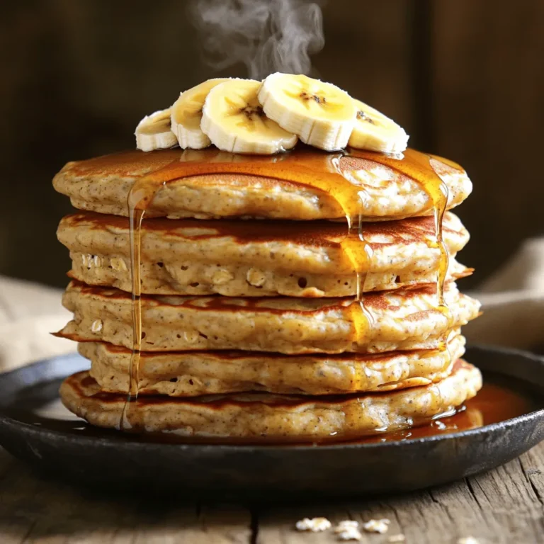 To make banana oatmeal pancakes, gather these simple items: - 1 cup rolled oats - 1 ripe banana, thoroughly mashed - 1 cup milk (or your choice of plant-based alternative) - 1 large egg - 1 tablespoon honey or maple syrup - 1 tablespoon baking powder - 1/2 teaspoon ground cinnamon - 1/4 teaspoon sea salt - 1 teaspoon pure vanilla extract - Coconut oil or butter for greasing the skillet Each ingredient plays a vital role in creating delicious pancakes. The oats provide a hearty base, while the banana adds natural sweetness. Milk and egg help bind the mixture and create a fluffy texture. Honey or maple syrup gives it a little extra sweetness. Baking powder helps the pancakes rise. Cinnamon adds warmth, and vanilla boosts flavor. You can easily swap some ingredients based on what you have: - Use almond milk or oat milk instead of cow's milk. - Substitute a flax egg for the large egg if you want a vegan option. - Try using agave syrup instead of honey or maple syrup for a different sweetness. - Add a scoop of protein powder for an extra boost. - Use gluten-free oats if you need a gluten-free option. These changes can help you match the recipe to your needs or taste preferences. These pancakes are not just tasty; they are also healthy! Here’s a quick look at the nutrition: - Each serving (about 2 pancakes) contains roughly: - Calories: 180 - Protein: 7g - Carbohydrates: 30g - Fiber: 4g - Sugars: 4g - Fat: 3g They offer a balanced meal packed with fiber and protein. This makes them a great choice for breakfast or brunch. You can enjoy them guilt-free while still getting great energy for your day! To start, gather your ingredients. You need rolled oats, a ripe banana, milk, and an egg. You will also need honey or maple syrup, baking powder, ground cinnamon, sea salt, and vanilla extract. Place the rolled oats in a blender and add the milk, mashed banana, and egg. Then, mix in the honey or maple syrup, baking powder, cinnamon, salt, and vanilla. Blend until smooth. If the batter is too thick, add a little more milk. Let the batter rest for 5 to 10 minutes. This allows the oats to soak up the liquid. This makes your pancakes fluffier. Next, heat a non-stick skillet over medium heat. Grease the skillet with coconut oil or butter. Once hot, ladle about 1/4 cup of batter for each pancake. Cook for 2 to 3 minutes. You will see bubbles form on top. This means it is time to flip. Cook the other side for another 2 to 3 minutes until golden brown. Keep cooking the rest of the batter, adding more oil or butter as needed. Now, it’s time to serve your tasty pancakes. Stack them on a plate. You can top them with sliced bananas, chopped nuts, or a drizzle of maple syrup. A dollop of yogurt adds a creamy touch. For a pretty finish, sprinkle some cinnamon on top. Enjoy your meal! For the full recipe, check the section above. To get the best pancake texture, start with the right batter. Blend your ingredients well until smooth. Letting the batter rest for 5 to 10 minutes helps, too. This time allows the oats to soak up moisture. A thicker batter gives you fluffier pancakes. If it seems too thick, add a splash of milk for balance. One common mistake is not measuring your ingredients. Be precise with your oats and liquids. Another pitfall is cooking on heat that’s too high. This can burn the pancakes before they cook through. Lastly, don’t skip the resting time; it’s key for great texture. Use a non-stick skillet for easy flipping. Preheat it over medium heat, then grease it lightly. Pour about 1/4 cup of batter for each pancake. Watch for bubbles on the surface; this is when to flip. Cook until golden brown on both sides. For the best results, keep the heat steady and avoid crowding the pan. For more tips and a detailed approach, refer to the Full Recipe for Banana Oatmeal Pancakes. {{image_4}} You can make your banana oatmeal pancakes even better by adding mix-ins. Try adding a handful of chocolate chips for a sweet treat. Blueberries or strawberries also work great. Nuts like walnuts or pecans give a nice crunch. If you like spices, consider adding some nutmeg or ginger for warmth. These twists make each pancake unique and fun! If you want to make these pancakes even healthier, swap the regular milk for almond or oat milk. You can use a flax egg instead of a chicken egg for a plant-based option. For sweetness, try using mashed dates or unsweetened applesauce. These swaps keep the flavor while cutting down on added sugars and fats. You can change the flavor of your pancakes based on the season. In fall, add pumpkin puree and spices like cinnamon and nutmeg. In winter, try using peppermint extract for a festive touch. For summer, mix in fresh berries or peach slices. These seasonal twists keep breakfast exciting and delicious all year long. For the complete list of ingredients and more details, check the Full Recipe. To store leftover pancakes, let them cool down first. Place them in a single layer on a plate. Cover the plate with plastic wrap or aluminum foil. You can keep them in the fridge for up to three days. If you want to keep them longer, consider freezing them. To reheat pancakes, you have a few options. You can use the microwave, skillet, or toaster. For the microwave, warm them for about 30 seconds. If you prefer a skillet, heat it on low and add a little butter or oil. Cook for one minute on each side. The toaster works great too—just pop them in until warm. Freezing pancakes is easy and a great way to save time. After they cool, stack them with parchment paper between each pancake. Place the stack in a freezer-safe bag or container. They can last for up to three months in the freezer. When you're ready to eat, just reheat them straight from frozen. Enjoy your tasty banana oatmeal pancakes anytime! For the full recipe, check out the earlier section. Yes, you can easily make these pancakes vegan. Instead of using a large egg, you can use a flaxseed meal or chia seed mix. To prepare this, combine 1 tablespoon of flaxseed meal or chia seeds with 3 tablespoons of water. Let it sit for about 5 minutes until it thickens. You can also substitute milk with almond milk or another plant-based milk. This keeps the pancakes tasty and fluffy. If you need to replace oats, you have good options. You can use ground almonds, almond flour, or even whole wheat flour. These alternatives will change the texture a bit but still give you delicious pancakes. Just remember to adjust the liquid amount in the recipe. For almond flour, use less milk, while whole wheat flour may need a little more. To make your pancakes fluffier, let the batter rest for 5 to 10 minutes. This helps the oats soak up liquid and makes the pancakes rise better. You can also add a bit more baking powder. This will give your pancakes a light and airy texture. For an extra boost, whip the egg whites separately and fold them into the batter. This trick adds air and fluffiness. For the complete recipe, check out the Full Recipe section above. In this blog post, we covered how to make delicious pancakes from start to finish. We explored the ingredients, step-by-step instructions, and handy tips. I also shared fun ways to change the recipes and store your pancakes. These pancakes can be tasty and healthy! With a few tricks, you can impress anyone. Enjoy trying out the mix-ins and flavors. You now have the knowledge to create not just good pancakes but great ones.