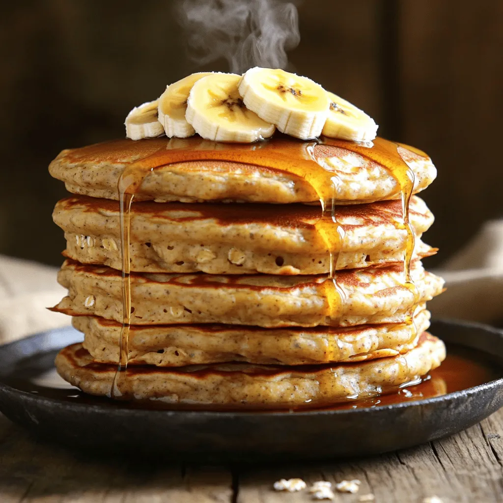 To make banana oatmeal pancakes, gather these simple items: - 1 cup rolled oats - 1 ripe banana, thoroughly mashed - 1 cup milk (or your choice of plant-based alternative) - 1 large egg - 1 tablespoon honey or maple syrup - 1 tablespoon baking powder - 1/2 teaspoon ground cinnamon - 1/4 teaspoon sea salt - 1 teaspoon pure vanilla extract - Coconut oil or butter for greasing the skillet Each ingredient plays a vital role in creating delicious pancakes. The oats provide a hearty base, while the banana adds natural sweetness. Milk and egg help bind the mixture and create a fluffy texture. Honey or maple syrup gives it a little extra sweetness. Baking powder helps the pancakes rise. Cinnamon adds warmth, and vanilla boosts flavor. You can easily swap some ingredients based on what you have: - Use almond milk or oat milk instead of cow's milk. - Substitute a flax egg for the large egg if you want a vegan option. - Try using agave syrup instead of honey or maple syrup for a different sweetness. - Add a scoop of protein powder for an extra boost. - Use gluten-free oats if you need a gluten-free option. These changes can help you match the recipe to your needs or taste preferences. These pancakes are not just tasty; they are also healthy! Here’s a quick look at the nutrition: - Each serving (about 2 pancakes) contains roughly: - Calories: 180 - Protein: 7g - Carbohydrates: 30g - Fiber: 4g - Sugars: 4g - Fat: 3g They offer a balanced meal packed with fiber and protein. This makes them a great choice for breakfast or brunch. You can enjoy them guilt-free while still getting great energy for your day! To start, gather your ingredients. You need rolled oats, a ripe banana, milk, and an egg. You will also need honey or maple syrup, baking powder, ground cinnamon, sea salt, and vanilla extract. Place the rolled oats in a blender and add the milk, mashed banana, and egg. Then, mix in the honey or maple syrup, baking powder, cinnamon, salt, and vanilla. Blend until smooth. If the batter is too thick, add a little more milk. Let the batter rest for 5 to 10 minutes. This allows the oats to soak up the liquid. This makes your pancakes fluffier. Next, heat a non-stick skillet over medium heat. Grease the skillet with coconut oil or butter. Once hot, ladle about 1/4 cup of batter for each pancake. Cook for 2 to 3 minutes. You will see bubbles form on top. This means it is time to flip. Cook the other side for another 2 to 3 minutes until golden brown. Keep cooking the rest of the batter, adding more oil or butter as needed. Now, it’s time to serve your tasty pancakes. Stack them on a plate. You can top them with sliced bananas, chopped nuts, or a drizzle of maple syrup. A dollop of yogurt adds a creamy touch. For a pretty finish, sprinkle some cinnamon on top. Enjoy your meal! For the full recipe, check the section above. To get the best pancake texture, start with the right batter. Blend your ingredients well until smooth. Letting the batter rest for 5 to 10 minutes helps, too. This time allows the oats to soak up moisture. A thicker batter gives you fluffier pancakes. If it seems too thick, add a splash of milk for balance. One common mistake is not measuring your ingredients. Be precise with your oats and liquids. Another pitfall is cooking on heat that’s too high. This can burn the pancakes before they cook through. Lastly, don’t skip the resting time; it’s key for great texture. Use a non-stick skillet for easy flipping. Preheat it over medium heat, then grease it lightly. Pour about 1/4 cup of batter for each pancake. Watch for bubbles on the surface; this is when to flip. Cook until golden brown on both sides. For the best results, keep the heat steady and avoid crowding the pan. For more tips and a detailed approach, refer to the Full Recipe for Banana Oatmeal Pancakes. {{image_4}} You can make your banana oatmeal pancakes even better by adding mix-ins. Try adding a handful of chocolate chips for a sweet treat. Blueberries or strawberries also work great. Nuts like walnuts or pecans give a nice crunch. If you like spices, consider adding some nutmeg or ginger for warmth. These twists make each pancake unique and fun! If you want to make these pancakes even healthier, swap the regular milk for almond or oat milk. You can use a flax egg instead of a chicken egg for a plant-based option. For sweetness, try using mashed dates or unsweetened applesauce. These swaps keep the flavor while cutting down on added sugars and fats. You can change the flavor of your pancakes based on the season. In fall, add pumpkin puree and spices like cinnamon and nutmeg. In winter, try using peppermint extract for a festive touch. For summer, mix in fresh berries or peach slices. These seasonal twists keep breakfast exciting and delicious all year long. For the complete list of ingredients and more details, check the Full Recipe. To store leftover pancakes, let them cool down first. Place them in a single layer on a plate. Cover the plate with plastic wrap or aluminum foil. You can keep them in the fridge for up to three days. If you want to keep them longer, consider freezing them. To reheat pancakes, you have a few options. You can use the microwave, skillet, or toaster. For the microwave, warm them for about 30 seconds. If you prefer a skillet, heat it on low and add a little butter or oil. Cook for one minute on each side. The toaster works great too—just pop them in until warm. Freezing pancakes is easy and a great way to save time. After they cool, stack them with parchment paper between each pancake. Place the stack in a freezer-safe bag or container. They can last for up to three months in the freezer. When you're ready to eat, just reheat them straight from frozen. Enjoy your tasty banana oatmeal pancakes anytime! For the full recipe, check out the earlier section. Yes, you can easily make these pancakes vegan. Instead of using a large egg, you can use a flaxseed meal or chia seed mix. To prepare this, combine 1 tablespoon of flaxseed meal or chia seeds with 3 tablespoons of water. Let it sit for about 5 minutes until it thickens. You can also substitute milk with almond milk or another plant-based milk. This keeps the pancakes tasty and fluffy. If you need to replace oats, you have good options. You can use ground almonds, almond flour, or even whole wheat flour. These alternatives will change the texture a bit but still give you delicious pancakes. Just remember to adjust the liquid amount in the recipe. For almond flour, use less milk, while whole wheat flour may need a little more. To make your pancakes fluffier, let the batter rest for 5 to 10 minutes. This helps the oats soak up liquid and makes the pancakes rise better. You can also add a bit more baking powder. This will give your pancakes a light and airy texture. For an extra boost, whip the egg whites separately and fold them into the batter. This trick adds air and fluffiness. For the complete recipe, check out the Full Recipe section above. In this blog post, we covered how to make delicious pancakes from start to finish. We explored the ingredients, step-by-step instructions, and handy tips. I also shared fun ways to change the recipes and store your pancakes. These pancakes can be tasty and healthy! With a few tricks, you can impress anyone. Enjoy trying out the mix-ins and flavors. You now have the knowledge to create not just good pancakes but great ones.
