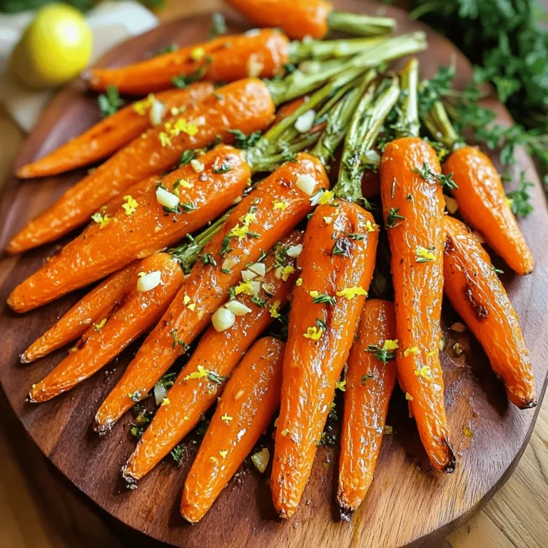 - 1 pound baby carrots - 4 cloves garlic - 2 tablespoons extra virgin olive oil - 1 teaspoon dried thyme - 1 teaspoon dried rosemary - Sea salt and freshly ground black pepper - 1 tablespoon fresh parsley - Zest of 1 lemon Garlic herb roasted carrots shine with simple, fresh ingredients. Baby carrots give a sweet crunch. Garlic adds rich flavor, making them irresistible. Extra virgin olive oil helps the herbs stick and adds healthy fats. For seasonings, dried thyme and rosemary are key. They bring out the natural sweetness of the carrots. Don’t forget sea salt and black pepper. These simple seasonings make a big difference. To add brightness, use fresh parsley and lemon zest. They lift the dish and add color. Together, these ingredients create a side dish that is both healthy and full of flavor. You can find the detailed preparation steps in the Full Recipe. Enjoy making this delightful side dish! First, I preheat the oven to 425°F (220°C). Next, I prepare a baking sheet by lining it with parchment paper. This helps with cleanup later. Then, I grab a large mixing bowl. I combine the peeled and trimmed baby carrots with 4 cloves of finely minced garlic. I want the garlic to flavor every bite. Now, I drizzle in 2 tablespoons of extra virgin olive oil. I add 1 teaspoon of dried thyme and 1 teaspoon of dried rosemary. These herbs give the carrots a nice taste. I toss everything in the bowl until all the carrots are coated in oil and herbs. To finish, I season with sea salt and freshly ground black pepper. This step enhances the flavors. Next, I arrange the carrots in a single layer on the baking sheet. I make sure they are not overcrowded. This helps them roast evenly. I place the baking sheet in the preheated oven. I roast the carrots for about 20-25 minutes. Halfway through, I stir the carrots gently. This ensures they caramelize and become tender. When they are golden brown and fork-tender, I take them out of the oven. I quickly toss them with lemon zest and chopped parsley for a fresh taste. Finally, I transfer the roasted carrots to a serving platter. I style them nicely for a beautiful presentation. To get the best results, cook your carrots based on their size. For baby carrots, 20 to 25 minutes at 425°F works well. If you use larger carrots, cut them into equal pieces. This helps them cook evenly. To ensure even cooking, stir the carrots halfway through their roasting time. This simple step helps them caramelize nicely and get that perfect golden color. You can add more herbs for extra flavor. Try using fresh thyme or dill. A sprinkle of cumin or paprika can also give a nice twist. For dipping, serve these carrots with yogurt or a tangy vinaigrette. It adds a fresh taste that pairs well with the roasted sweetness. Make your dish pop by arranging the carrots in a fan shape on a plate. Sprinkle fresh parsley on top for a bright look. If you're serving for a special occasion, consider using a colorful platter. This small touch makes the dish stand out and impresses your guests. {{image_4}} You can cook Garlic Herb Carrots in different ways. If you want a stovetop version, heat a large pan over medium heat. Add olive oil, then toss in the carrots and garlic. Stir often. Cook for about 15 minutes or until tender. This method gives a nice sear and adds flavor. For a faster option, try the Instant Pot. Just place the carrots in the pot with garlic and oil. Add a half cup of water. Cook on high pressure for 2 minutes. Quickly release the steam. The carrots will be soft and tasty, ready in no time. Want to change the taste? You can make sweet or spicy tweaks. Try adding a tablespoon of honey for sweetness. Or, mix in a pinch of red pepper flakes for heat. Both options elevate the dish. You can also explore different herbs. Swap thyme and rosemary for dill or basil. Each herb brings its own flair. Don’t be afraid to experiment and find your favorite mix. Garlic Herb Roasted Carrots pair well with many main dishes. They complement chicken, pork, or fish nicely. The flavors balance well, adding a touch of color and taste to your plate. You can also add them to salads. Toss warm roasted carrots with greens, nuts, and a light dressing. This adds both flavor and texture. Your salad will shine with vibrant colors and tastes. For the full recipe, check out the detailed instructions. To keep your garlic herb roasted carrots fresh, store them in an airtight container. Place them in the fridge right after they cool down. They will stay fresh for 3 to 5 days. This way, you can enjoy the flavors even later in the week. If you want to save roasted carrots for a longer time, freezing works great. First, let them cool completely. Then, spread them in a single layer on a baking sheet. Freeze until solid, about 1 to 2 hours. Once frozen, transfer the carrots to a freezer-safe bag. They can last up to 3 months in the freezer. When you are ready to eat them, thaw them in the fridge overnight. To reheat, place them in the oven at 350°F (175°C) for about 10-15 minutes. This method helps keep their nice texture and flavor. Don't let those tasty carrots go to waste! You can blend them into a soup for a creamy, rich taste. Chop them up and add to salads for extra crunch and flavor. They also make a great side dish with grilled chicken or fish. Try adding them to a veggie stir-fry for a colorful meal. The options are endless! To make Garlic Herb Roasted Carrots, start by preheating your oven to 425°F (220°C). Peel and trim 1 pound of baby carrots. In a bowl, mix the carrots with 4 minced garlic cloves and 2 tablespoons of olive oil. Add 1 teaspoon each of dried thyme and rosemary. Season with salt and pepper. Spread the carrots on a lined baking sheet and roast for 20-25 minutes. Toss with lemon zest and parsley before serving. For the full recipe, click [here](#). Yes, you can use regular carrots. However, there are pros and cons. - Pros of regular carrots: - They are often cheaper. - They have a stronger flavor. - You can cut them into desired shapes. - Cons of regular carrots: - They take longer to cook. - They might need more peeling and trimming. Garlic Herb Roasted Carrots pair well with many dishes. Here are some ideas: - Grilled chicken: The flavors balance nicely. - Roasted fish: A light option that complements the carrots. - Quinoa salad: Adds a healthy grain to your meal. - Pasta primavera: A veggie-packed dish that is colorful and filling. Feel free to mix and match based on your taste! This blog post covered all you need to make Garlic Herb Roasted Carrots. We explored the main ingredients, seasonings, and step-by-step instructions. I shared tips for perfect roasting, flavor variations, and how to store your leftovers. Remember, you can easily tweak this recipe to suit your taste. Enjoy experimenting, and don't forget to share your results! Roasted carrots can be a healthy and tasty side dish for many meals. Enjoy your cooking journey!