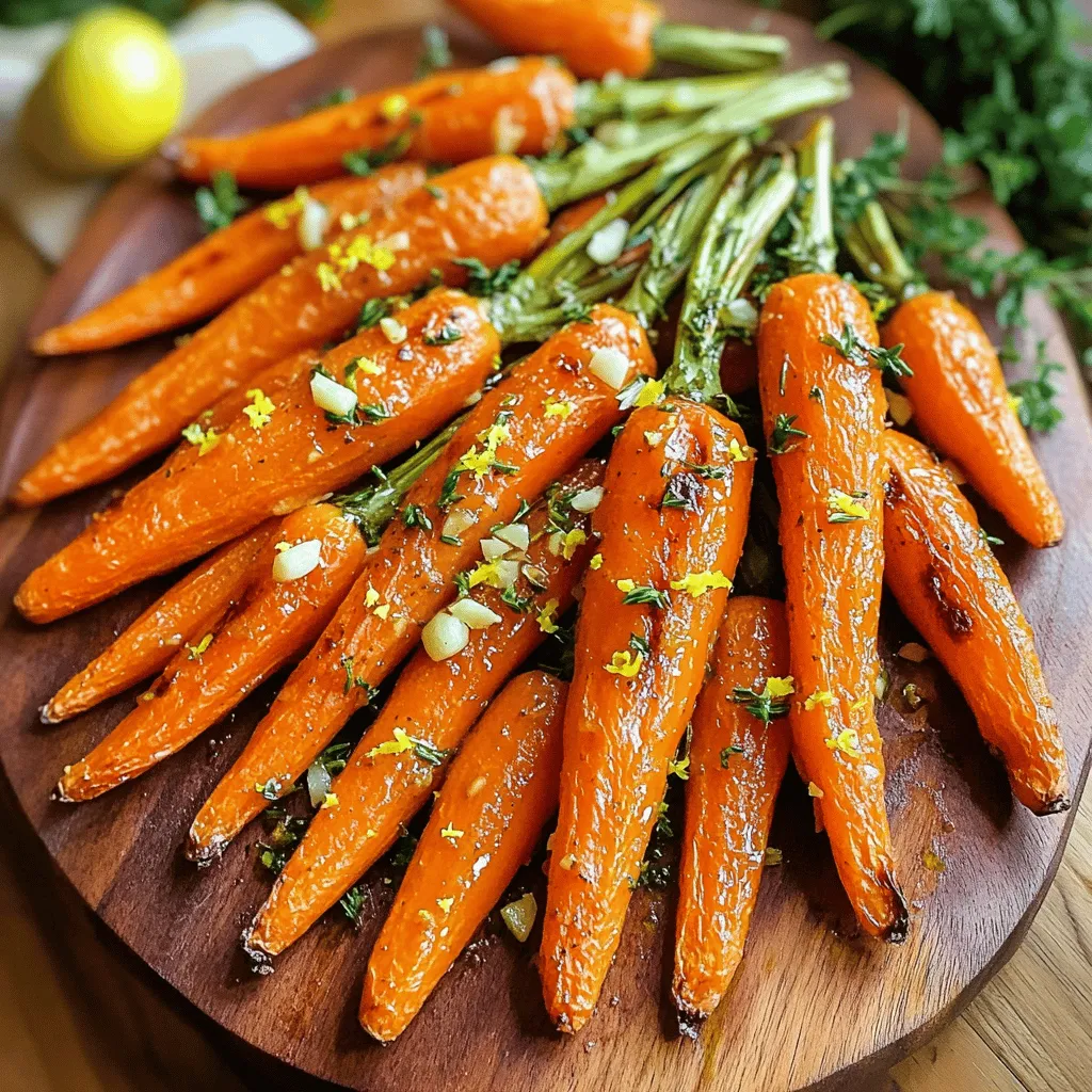 - 1 pound baby carrots - 4 cloves garlic - 2 tablespoons extra virgin olive oil - 1 teaspoon dried thyme - 1 teaspoon dried rosemary - Sea salt and freshly ground black pepper - 1 tablespoon fresh parsley - Zest of 1 lemon Garlic herb roasted carrots shine with simple, fresh ingredients. Baby carrots give a sweet crunch. Garlic adds rich flavor, making them irresistible. Extra virgin olive oil helps the herbs stick and adds healthy fats. For seasonings, dried thyme and rosemary are key. They bring out the natural sweetness of the carrots. Don’t forget sea salt and black pepper. These simple seasonings make a big difference. To add brightness, use fresh parsley and lemon zest. They lift the dish and add color. Together, these ingredients create a side dish that is both healthy and full of flavor. You can find the detailed preparation steps in the Full Recipe. Enjoy making this delightful side dish! First, I preheat the oven to 425°F (220°C). Next, I prepare a baking sheet by lining it with parchment paper. This helps with cleanup later. Then, I grab a large mixing bowl. I combine the peeled and trimmed baby carrots with 4 cloves of finely minced garlic. I want the garlic to flavor every bite. Now, I drizzle in 2 tablespoons of extra virgin olive oil. I add 1 teaspoon of dried thyme and 1 teaspoon of dried rosemary. These herbs give the carrots a nice taste. I toss everything in the bowl until all the carrots are coated in oil and herbs. To finish, I season with sea salt and freshly ground black pepper. This step enhances the flavors. Next, I arrange the carrots in a single layer on the baking sheet. I make sure they are not overcrowded. This helps them roast evenly. I place the baking sheet in the preheated oven. I roast the carrots for about 20-25 minutes. Halfway through, I stir the carrots gently. This ensures they caramelize and become tender. When they are golden brown and fork-tender, I take them out of the oven. I quickly toss them with lemon zest and chopped parsley for a fresh taste. Finally, I transfer the roasted carrots to a serving platter. I style them nicely for a beautiful presentation. To get the best results, cook your carrots based on their size. For baby carrots, 20 to 25 minutes at 425°F works well. If you use larger carrots, cut them into equal pieces. This helps them cook evenly. To ensure even cooking, stir the carrots halfway through their roasting time. This simple step helps them caramelize nicely and get that perfect golden color. You can add more herbs for extra flavor. Try using fresh thyme or dill. A sprinkle of cumin or paprika can also give a nice twist. For dipping, serve these carrots with yogurt or a tangy vinaigrette. It adds a fresh taste that pairs well with the roasted sweetness. Make your dish pop by arranging the carrots in a fan shape on a plate. Sprinkle fresh parsley on top for a bright look. If you're serving for a special occasion, consider using a colorful platter. This small touch makes the dish stand out and impresses your guests. {{image_4}} You can cook Garlic Herb Carrots in different ways. If you want a stovetop version, heat a large pan over medium heat. Add olive oil, then toss in the carrots and garlic. Stir often. Cook for about 15 minutes or until tender. This method gives a nice sear and adds flavor. For a faster option, try the Instant Pot. Just place the carrots in the pot with garlic and oil. Add a half cup of water. Cook on high pressure for 2 minutes. Quickly release the steam. The carrots will be soft and tasty, ready in no time. Want to change the taste? You can make sweet or spicy tweaks. Try adding a tablespoon of honey for sweetness. Or, mix in a pinch of red pepper flakes for heat. Both options elevate the dish. You can also explore different herbs. Swap thyme and rosemary for dill or basil. Each herb brings its own flair. Don’t be afraid to experiment and find your favorite mix. Garlic Herb Roasted Carrots pair well with many main dishes. They complement chicken, pork, or fish nicely. The flavors balance well, adding a touch of color and taste to your plate. You can also add them to salads. Toss warm roasted carrots with greens, nuts, and a light dressing. This adds both flavor and texture. Your salad will shine with vibrant colors and tastes. For the full recipe, check out the detailed instructions. To keep your garlic herb roasted carrots fresh, store them in an airtight container. Place them in the fridge right after they cool down. They will stay fresh for 3 to 5 days. This way, you can enjoy the flavors even later in the week. If you want to save roasted carrots for a longer time, freezing works great. First, let them cool completely. Then, spread them in a single layer on a baking sheet. Freeze until solid, about 1 to 2 hours. Once frozen, transfer the carrots to a freezer-safe bag. They can last up to 3 months in the freezer. When you are ready to eat them, thaw them in the fridge overnight. To reheat, place them in the oven at 350°F (175°C) for about 10-15 minutes. This method helps keep their nice texture and flavor. Don't let those tasty carrots go to waste! You can blend them into a soup for a creamy, rich taste. Chop them up and add to salads for extra crunch and flavor. They also make a great side dish with grilled chicken or fish. Try adding them to a veggie stir-fry for a colorful meal. The options are endless! To make Garlic Herb Roasted Carrots, start by preheating your oven to 425°F (220°C). Peel and trim 1 pound of baby carrots. In a bowl, mix the carrots with 4 minced garlic cloves and 2 tablespoons of olive oil. Add 1 teaspoon each of dried thyme and rosemary. Season with salt and pepper. Spread the carrots on a lined baking sheet and roast for 20-25 minutes. Toss with lemon zest and parsley before serving. For the full recipe, click [here](#). Yes, you can use regular carrots. However, there are pros and cons. - Pros of regular carrots: - They are often cheaper. - They have a stronger flavor. - You can cut them into desired shapes. - Cons of regular carrots: - They take longer to cook. - They might need more peeling and trimming. Garlic Herb Roasted Carrots pair well with many dishes. Here are some ideas: - Grilled chicken: The flavors balance nicely. - Roasted fish: A light option that complements the carrots. - Quinoa salad: Adds a healthy grain to your meal. - Pasta primavera: A veggie-packed dish that is colorful and filling. Feel free to mix and match based on your taste! This blog post covered all you need to make Garlic Herb Roasted Carrots. We explored the main ingredients, seasonings, and step-by-step instructions. I shared tips for perfect roasting, flavor variations, and how to store your leftovers. Remember, you can easily tweak this recipe to suit your taste. Enjoy experimenting, and don't forget to share your results! Roasted carrots can be a healthy and tasty side dish for many meals. Enjoy your cooking journey!