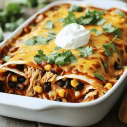 To make this Easy Chicken Enchilada Casserole, you will need: - 3 cups cooked chicken, shredded - 2 cups enchilada sauce - 1 can (15 oz) black beans, rinsed and well drained - 1 cup corn (either fresh or frozen) - 1 small onion, finely chopped - 2 cloves garlic, minced - 1 teaspoon chili powder - 1 teaspoon ground cumin - 8 small flour tortillas, cut into quarters - 2 cups shredded cheese (cheddar or a flavorful cheese blend) - Fresh cilantro, finely chopped, for garnish - Sour cream, for serving You can easily swap out ingredients if you have specific needs. For the chicken, try shredded turkey or tofu for a plant-based option. Black beans can be replaced with pinto beans or lentils. If you want to avoid gluten, use corn tortillas instead of flour. For a dairy-free meal, skip the cheese or use a vegan cheese alternative. When picking fresh ingredients, look for vibrant colors. Choose chicken that feels firm and is without any odor. For the corn, fresh kernels should be bright and sweet. Select onions that feel heavy and have smooth skin. Garlic should be firm, with no sprouts. Finally, when buying cheese, pick blocks over pre-shredded for better flavor and texture. For the complete recipe, refer to the Full Recipe section. Start by preheating your oven to 350°F (175°C). This helps cook the casserole evenly. While the oven heats, grab a 9x13 inch baking dish. Lightly grease it with cooking spray or a bit of oil. Pour a thin layer of enchilada sauce across the bottom. This keeps the casserole from sticking and adds extra flavor. In a large skillet, add the chopped onion and minced garlic. Set the heat to medium. Sauté them for about 3-4 minutes. You want the onion soft and clear. Next, mix in the shredded chicken, black beans, corn, chili powder, ground cumin, and 1 cup of enchilada sauce. Stir well and let it cook for about 5 minutes. This step lets all the flavors blend nicely. Now comes the fun part—layering! Start with half of the cut tortillas. Place them over the sauce layer. Make sure they cover the bottom evenly. Spoon half of the chicken mixture on top of the tortillas. Then, sprinkle about one-third of the shredded cheese. This creates a tasty cheesy layer. For the next layer, repeat. Add the rest of the tortilla pieces, followed by the remaining chicken mixture. Pour any leftover enchilada sauce over this. Finally, add the rest of the cheese on top. Cover the dish with aluminum foil. This keeps the casserole moist while it bakes. Now, place it in your preheated oven. Bake it for 20 minutes. After that, remove the foil and bake for another 10-15 minutes. You want the cheese to be bubbly and golden. Once done, let it sit for a few minutes before serving. This helps the layers set. Garnish with fresh cilantro and serve with sour cream. Enjoy your easy chicken enchilada casserole! For the complete recipe, check the Full Recipe section. To make your Easy Chicken Enchilada Casserole shine, consider adding a few secret ingredients. A splash of lime juice can brighten the dish. You can also mix in some diced bell peppers for a sweet crunch. If you want more depth, add a dash of smoked paprika. These little tweaks can transform your casserole from good to great! Soggy tortillas can ruin your casserole. To avoid this, try toasting the tortillas lightly in a dry skillet before using them. This quick step adds a nice texture and helps them hold their shape. Also, don’t overload your layers with too much sauce—just enough to coat is perfect! Spice levels can make or break a dish. If you like it mild, skip the chili powder or use less. For those who enjoy a kick, add some diced jalapeños or a pinch of cayenne pepper. Taste the mixture as you go, and adjust until it suits your palate. Cooking should always be fun and tailored to you! For the full recipe, refer to the earlier sections. {{image_4}} You can easily make a vegetarian version of this casserole. Just swap the chicken for more beans and veggies. Use 3 cups of black beans or pinto beans. Add bell peppers, zucchini, or any veggies you like. You can also add more corn for sweetness. This keeps the dish hearty and satisfying. Don't forget to use your favorite cheese blend! If you want to change the protein, there are many options. Ground turkey or beef works well too. You can use shredded pork for a different taste. For a lighter option, try shredded rotisserie chicken. Just remember to adjust the cooking time based on what you use. Each protein brings its own flavor to the mix. To make this dish gluten-free, use corn tortillas instead of flour ones. They add a nice texture and flavor. Check the enchilada sauce for gluten-free options as well. Most brands offer gluten-free sauces. You can also use quinoa or rice as a base layer. Both options keep the meal filling and delicious. For the full recipe, check out the complete guide on Easy Chicken Enchilada Casserole. After you make your Easy Chicken Enchilada Casserole, let it cool down. You want to avoid steam buildup in your storage container. Use an airtight container to keep it fresh. This keeps the flavors locked in. You can store it in the fridge for up to four days. Reheat your casserole in the oven for the best taste. Preheat the oven to 350°F (175°C). Cover the dish with foil to keep it moist. Bake for about 20 minutes. If you want a crispy top, remove the foil for the last five minutes. You can also use the microwave. Heat in short bursts. Stir in between to warm it evenly. To freeze, cut the casserole into portions. Wrap each piece tightly in plastic wrap. Place the wrapped pieces in a freezer-safe bag. This way, they stay fresh for up to three months. When you’re ready to eat, thaw it overnight in the fridge. Reheat as described earlier. For the full recipe, visit the section above. Yes, you can prepare this dish a day in advance. Just follow the steps but stop before baking. Cover it tightly and store it in the fridge. When you are ready to eat, bake it straight from the fridge. This saves time on busy days. If you want to change things up, you can use shredded beef or turkey. For a vegetarian option, black beans or lentils work well. Just make sure to adjust the cooking times if needed. This keeps the layers tasty and satisfying. To keep your casserole moist, add enough enchilada sauce. Layer it well and cover it with foil while baking. This traps steam and helps everything cook evenly. You can also add sour cream in the mix for creaminess. This blog covered how to make a tasty Easy Chicken Enchilada Casserole. You learned about choosing the right ingredients, preparing in steps, and using helpful tips. We explored variations for different diets and how to store leftovers properly. This dish is flexible and fun to make. Enjoy your cooking and savor every bite of your creation. A delicious meal brings joy to the table. Make it your own!
