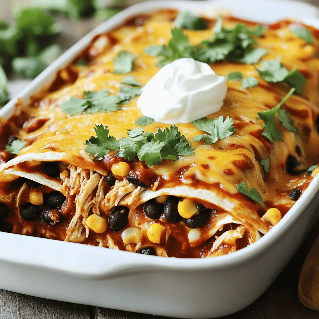 To make this Easy Chicken Enchilada Casserole, you will need: - 3 cups cooked chicken, shredded - 2 cups enchilada sauce - 1 can (15 oz) black beans, rinsed and well drained - 1 cup corn (either fresh or frozen) - 1 small onion, finely chopped - 2 cloves garlic, minced - 1 teaspoon chili powder - 1 teaspoon ground cumin - 8 small flour tortillas, cut into quarters - 2 cups shredded cheese (cheddar or a flavorful cheese blend) - Fresh cilantro, finely chopped, for garnish - Sour cream, for serving You can easily swap out ingredients if you have specific needs. For the chicken, try shredded turkey or tofu for a plant-based option. Black beans can be replaced with pinto beans or lentils. If you want to avoid gluten, use corn tortillas instead of flour. For a dairy-free meal, skip the cheese or use a vegan cheese alternative. When picking fresh ingredients, look for vibrant colors. Choose chicken that feels firm and is without any odor. For the corn, fresh kernels should be bright and sweet. Select onions that feel heavy and have smooth skin. Garlic should be firm, with no sprouts. Finally, when buying cheese, pick blocks over pre-shredded for better flavor and texture. For the complete recipe, refer to the Full Recipe section. Start by preheating your oven to 350°F (175°C). This helps cook the casserole evenly. While the oven heats, grab a 9x13 inch baking dish. Lightly grease it with cooking spray or a bit of oil. Pour a thin layer of enchilada sauce across the bottom. This keeps the casserole from sticking and adds extra flavor. In a large skillet, add the chopped onion and minced garlic. Set the heat to medium. Sauté them for about 3-4 minutes. You want the onion soft and clear. Next, mix in the shredded chicken, black beans, corn, chili powder, ground cumin, and 1 cup of enchilada sauce. Stir well and let it cook for about 5 minutes. This step lets all the flavors blend nicely. Now comes the fun part—layering! Start with half of the cut tortillas. Place them over the sauce layer. Make sure they cover the bottom evenly. Spoon half of the chicken mixture on top of the tortillas. Then, sprinkle about one-third of the shredded cheese. This creates a tasty cheesy layer. For the next layer, repeat. Add the rest of the tortilla pieces, followed by the remaining chicken mixture. Pour any leftover enchilada sauce over this. Finally, add the rest of the cheese on top. Cover the dish with aluminum foil. This keeps the casserole moist while it bakes. Now, place it in your preheated oven. Bake it for 20 minutes. After that, remove the foil and bake for another 10-15 minutes. You want the cheese to be bubbly and golden. Once done, let it sit for a few minutes before serving. This helps the layers set. Garnish with fresh cilantro and serve with sour cream. Enjoy your easy chicken enchilada casserole! For the complete recipe, check the Full Recipe section. To make your Easy Chicken Enchilada Casserole shine, consider adding a few secret ingredients. A splash of lime juice can brighten the dish. You can also mix in some diced bell peppers for a sweet crunch. If you want more depth, add a dash of smoked paprika. These little tweaks can transform your casserole from good to great! Soggy tortillas can ruin your casserole. To avoid this, try toasting the tortillas lightly in a dry skillet before using them. This quick step adds a nice texture and helps them hold their shape. Also, don’t overload your layers with too much sauce—just enough to coat is perfect! Spice levels can make or break a dish. If you like it mild, skip the chili powder or use less. For those who enjoy a kick, add some diced jalapeños or a pinch of cayenne pepper. Taste the mixture as you go, and adjust until it suits your palate. Cooking should always be fun and tailored to you! For the full recipe, refer to the earlier sections. {{image_4}} You can easily make a vegetarian version of this casserole. Just swap the chicken for more beans and veggies. Use 3 cups of black beans or pinto beans. Add bell peppers, zucchini, or any veggies you like. You can also add more corn for sweetness. This keeps the dish hearty and satisfying. Don't forget to use your favorite cheese blend! If you want to change the protein, there are many options. Ground turkey or beef works well too. You can use shredded pork for a different taste. For a lighter option, try shredded rotisserie chicken. Just remember to adjust the cooking time based on what you use. Each protein brings its own flavor to the mix. To make this dish gluten-free, use corn tortillas instead of flour ones. They add a nice texture and flavor. Check the enchilada sauce for gluten-free options as well. Most brands offer gluten-free sauces. You can also use quinoa or rice as a base layer. Both options keep the meal filling and delicious. For the full recipe, check out the complete guide on Easy Chicken Enchilada Casserole. After you make your Easy Chicken Enchilada Casserole, let it cool down. You want to avoid steam buildup in your storage container. Use an airtight container to keep it fresh. This keeps the flavors locked in. You can store it in the fridge for up to four days. Reheat your casserole in the oven for the best taste. Preheat the oven to 350°F (175°C). Cover the dish with foil to keep it moist. Bake for about 20 minutes. If you want a crispy top, remove the foil for the last five minutes. You can also use the microwave. Heat in short bursts. Stir in between to warm it evenly. To freeze, cut the casserole into portions. Wrap each piece tightly in plastic wrap. Place the wrapped pieces in a freezer-safe bag. This way, they stay fresh for up to three months. When you’re ready to eat, thaw it overnight in the fridge. Reheat as described earlier. For the full recipe, visit the section above. Yes, you can prepare this dish a day in advance. Just follow the steps but stop before baking. Cover it tightly and store it in the fridge. When you are ready to eat, bake it straight from the fridge. This saves time on busy days. If you want to change things up, you can use shredded beef or turkey. For a vegetarian option, black beans or lentils work well. Just make sure to adjust the cooking times if needed. This keeps the layers tasty and satisfying. To keep your casserole moist, add enough enchilada sauce. Layer it well and cover it with foil while baking. This traps steam and helps everything cook evenly. You can also add sour cream in the mix for creaminess. This blog covered how to make a tasty Easy Chicken Enchilada Casserole. You learned about choosing the right ingredients, preparing in steps, and using helpful tips. We explored variations for different diets and how to store leftovers properly. This dish is flexible and fun to make. Enjoy your cooking and savor every bite of your creation. A delicious meal brings joy to the table. Make it your own!