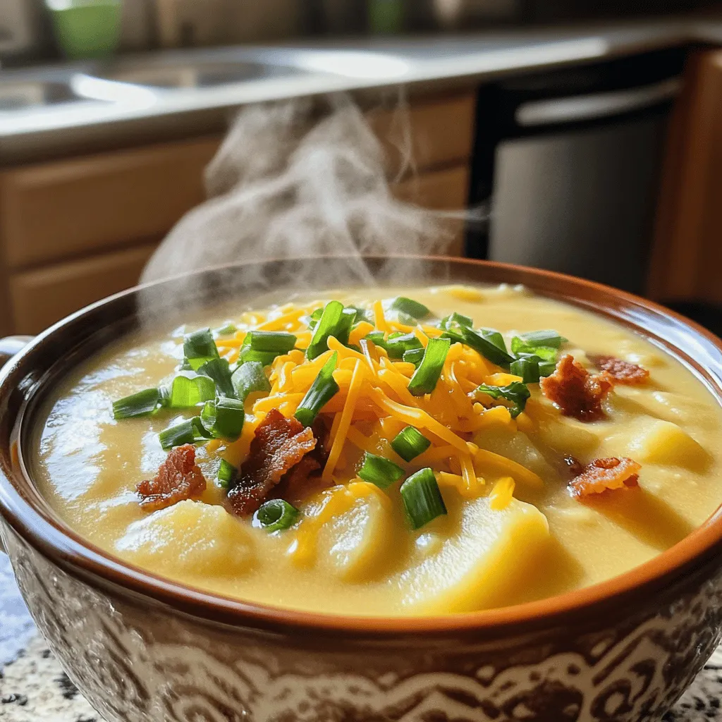 - Potatoes: I love using russet potatoes for this soup. They are starchy and creamy. You can also try Yukon Gold for a slightly buttery flavor. Both types work well and give a rich texture. - Broth choices: You can choose between vegetable broth and chicken broth. Vegetable broth is great for a lighter taste. Chicken broth adds a deeper flavor. Both options give the soup a nice base. - Dairy components: Cream, cheese, and sour cream are key here. Heavy cream makes the soup rich and smooth. Shredded cheddar cheese melts in beautifully, adding flavor. Sour cream gives a nice tang that brightens the dish. For the full list of ingredients, check the Full Recipe. Preparing the Vegetables: Start by chopping your onion and garlic. You want the onion in small pieces for even cooking. I find a sharp knife makes this easy. Mince the garlic cloves finely. This releases their strong flavor, which will enhance your soup. Dicing the Potatoes: Next, take your russet potatoes. Peel them first, then cut them into 1-inch cubes. This size helps them cook evenly. Uniform pieces mean a smooth texture in your soup. Don't rush this step; it is key to a good dish. Sautéing Onions and Garlic: In a large pot, pour a splash of olive oil and heat it over medium heat. Add the chopped onion and sauté for about 5 minutes. Stir it often until it is soft and clear. Then, add the minced garlic and cook for one more minute. The smell will be amazing, but be careful not to burn it. Cooking Potatoes in Broth: Once your onion and garlic are ready, it's time for the potatoes. Add them to the pot along with the vegetable broth. Turn up the heat until it boils. Then, lower the heat to a gentle simmer. Cook the potatoes for about 15 to 20 minutes. They should be fork-tender when done. Blending the Soup: After cooking the potatoes, it's time to blend the soup. You can use a potato masher or an immersion blender. If you like some texture, blend just part of it. This way, you get both smooth and chunky bits in your soup. Adding Cream and Seasonings: Now, stir in the heavy cream, shredded cheddar cheese, and sour cream. Add the dried thyme and smoked paprika for flavor. Season with salt and pepper. Mix well until the cheese melts and everything is creamy. Taste your soup and adjust the seasoning if needed. If it’s too thick, add more broth until you like the texture. Enjoy this comforting dish warm, topped with crispy turkey bacon, extra cheese, and green onions. For the full recipe, check out the complete guide. - Maximizing Flavor: Fresh ingredients often taste better than dried ones. Fresh garlic and onions add a bright taste. Use whole potatoes for the best texture. Fresh herbs like thyme enhance the soup’s aroma. - Avoiding Common Mistakes: One mistake is overcooking the potatoes. They should be tender but not mushy. Check them after 15 minutes of simmering. If they fall apart, the soup texture will not be as nice. - Ideal Serving Temperature and Presentation: Serve the soup hot for the best taste. Ladle it into bowls and let the steam rise. This adds to the experience. - Recommended Garnishes for Enhanced Taste: Add crispy turkey bacon for crunch. Shredded cheddar cheese gives a creamy touch. Sliced green onions add color and freshness. Using these toppings makes the soup even better. For more ideas, check the Full Recipe. {{image_4}} Making it vegetarian or vegan: Alternative ingredients You can easily make loaded potato soup vegetarian. Just swap the chicken broth for vegetable broth. For a vegan version, replace heavy cream with coconut milk or cashew cream. Use vegan cheese instead of regular cheese. This keeps the soup creamy without dairy. Gluten-free adjustments: Choosing the right broth and toppings To make the soup gluten-free, check your broth. Many brands are gluten-free, but some contain gluten. Use fresh toppings like green onions and bacon bits to add crunch. Adding herbs and spices for added complexity You can spice up your soup with herbs. Thyme and smoked paprika are great choices. You can also add a pinch of cayenne pepper for heat. Fresh herbs like chives or parsley add brightness too. Optional ingredients: Incorporating vegetables like spinach or corn Want to add more veggies? Toss in fresh spinach or sweet corn. These add color and nutrition. You can mix in cooked broccoli or carrots for extra flavor and texture. Check out the Full Recipe for a detailed guide on making this soup! To store leftovers of loaded potato soup, let it cool first. Transfer it to an airtight container. This keeps the soup fresh and safe. In the fridge, it lasts for about 3 to 4 days. Make sure to check for any off smells before serving again. Freezing loaded potato soup is a great way to save it for later. To freeze, let the soup cool completely. Pour it into a freezer-safe container, leaving space at the top for expansion. It will stay fresh for up to 3 months. When you're ready to eat, thaw the soup overnight in the fridge. To reheat, warm it gently on low heat. Stir it often to keep the texture smooth. If it seems too thick, add a splash of broth or cream to loosen it up. Enjoy your comforting bowl again! Can I use other types of potatoes? Yes, you can use other potatoes. Yukon Gold potatoes work well too. They give a creamier texture. Red potatoes are also an option, but they may be less creamy than russets. How can I make this soup spicier? To spice it up, add more smoked paprika or red pepper flakes. You can also use jalapeños for a fresh kick. Another option is to add hot sauce while cooking. What can I substitute for heavy cream? If you want a lighter option, use half-and-half or whole milk. For a dairy-free version, try coconut milk or cashew cream. Both work well for creaminess. Can I make loaded potato soup in a slow cooker or Instant Pot? Yes, you can! For a slow cooker, put all ingredients in and cook on low for 6-8 hours. For an Instant Pot, use the sauté function first, then cook on high pressure for about 10 minutes. Is it possible to prep in advance? Absolutely! You can chop the veggies and store them in the fridge. You can also make the soup a day ahead. Just reheat it gently before serving. What pairs well with loaded potato soup? This soup goes great with crusty bread or a simple salad. You might also enjoy it with sandwiches or grilled cheese. The combos are endless! How to reheat leftovers without losing flavor? Reheat on the stove over low heat. Add a splash of broth or cream to keep it smooth. Stir often to prevent sticking. Enjoy it just as good as the first time! Loaded potato soup is a rich, creamy dish packed with flavor. We explored key ingredients like potatoes, broth types, and dairy options. I provided step-by-step cooking instructions, tips for maximizing flavor, and dietary variations. You learned how to store and reheat soup to keep it fresh. Remember, experimenting with herbs and spices can elevate your soup even more. Enjoy making your loaded potato soup just the way you like it!