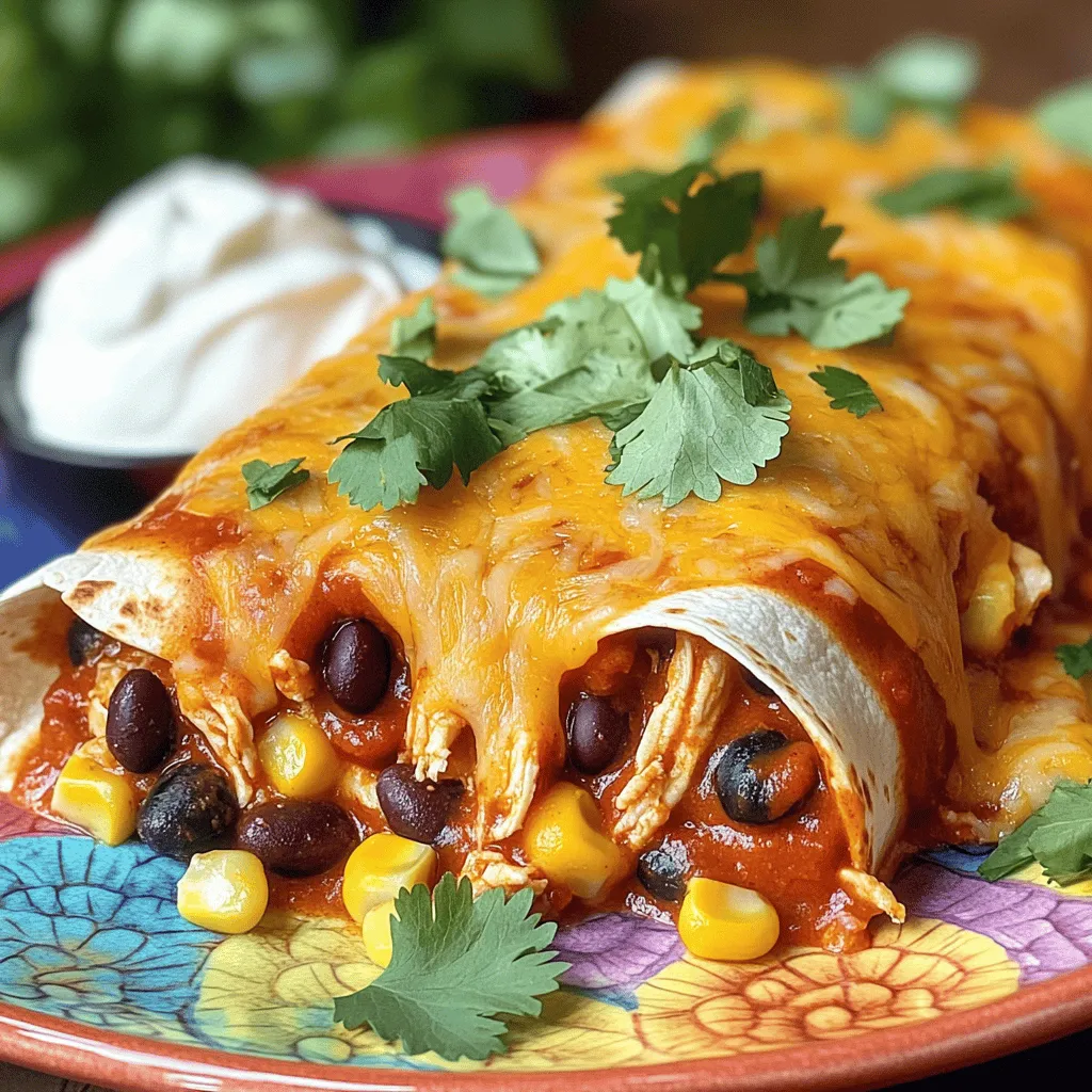 - 2 cups cooked chicken, shredded - 1 cup black beans, drained and rinsed - 1 cup corn kernels - 1 cup shredded cheese - 1 cup enchilada sauce - 8 small tortillas - Spices and seasonings (cumin, chili powder, garlic powder) - Garnishes (fresh cilantro, sour cream) You need simple, fresh ingredients for these enchiladas. Start with 2 cups of cooked chicken. I love using shredded chicken. You can cook it quickly or use leftovers. Black beans add protein and fiber. Use 1 cup, and make sure to rinse them well. Next, grab 1 cup of corn kernels. Fresh or frozen works great. Corn adds sweetness and texture. For cheese, I recommend 1 cup of shredded cheese. Cheddar or a Mexican blend melts wonderfully. You also need 1 cup of enchilada sauce. You can buy it or make it from scratch. Tortillas are key too. Use 8 small ones, either flour or corn. I like flour for a softer bite. Don’t forget the spices! You’ll need 1 teaspoon of cumin and 1 teaspoon of chili powder. Garlic powder adds a nice touch too. Use 1/2 teaspoon for flavor. Lastly, gather some garnishes. Fresh cilantro and sour cream complete the dish. For the full recipe, check the details to make cooking easy! - Preheat your oven to 375°F (190°C). - Spread a few tablespoons of enchilada sauce on the bottom of a 9x13 inch baking dish. - In a large bowl, mix 2 cups of shredded chicken, 1 cup of black beans, 1 cup of corn, 1 teaspoon of cumin, 1 teaspoon of chili powder, 1/2 teaspoon of garlic powder, salt, and pepper. Stir until mixed well. - Take a tortilla and place a generous amount of the chicken mixture down the center. - Sprinkle some shredded cheese over the filling. - Roll the tortilla tightly and place it seam-side down in the baking dish. - Repeat this for the remaining tortillas. - Pour the rest of the enchilada sauce over the rolled tortillas. Make sure they are all coated. - Sprinkle the rest of the shredded cheese on top. - Cover the dish with aluminum foil and bake for 20 minutes. - After 20 minutes, remove the foil and bake for another 10 minutes. Watch for the cheese to bubble and turn golden. - Once done, let the enchiladas cool for a few minutes. Add fresh chopped cilantro on top for color and flavor. - Serve your Sizzling Chicken Enchiladas with sour cream on the side for a creamy touch. For more details, check the [Full Recipe]. - How to shred chicken easily To shred chicken fast, use two forks. Hold one fork in each hand. Pull the chicken apart with the forks. This method works well on warm chicken. You can also use a stand mixer with a paddle attachment for big batches. - Best practices for avoiding soggy tortillas To keep tortillas crisp, warm them before filling. Heat them in a dry skillet for a few seconds on each side. Do not soak them in sauce before rolling. This step helps keep them from getting soggy in the oven. - Pairing with sides like rice or beans Chicken enchiladas pair well with rice and beans. Serve them with Mexican rice for a nice flavor balance. Refried or black beans add protein and fiber. You can also serve a fresh salad for a crunchy contrast. - Topping options to enhance flavor Top your enchiladas with sour cream for creaminess. Fresh cilantro adds a pop of color and flavor. You can also sprinkle some diced avocado or jalapeños for extra taste. Consider adding a squeeze of lime for a zesty kick. {{image_4}} You can easily adapt this easy chicken enchiladas recipe to fit different diets. - Gluten-free tortillas option: If you need gluten-free options, use corn tortillas. They hold the filling well and taste great. Just make sure to check the label to confirm they are gluten-free. - Vegetarian enchiladas with beans and veggies: For a vegetarian twist, swap the chicken for beans and veggies. Use black beans, zucchini, or bell peppers. This way, you keep the flavor while making it meat-free. You can amp up the taste of your enchiladas with simple tweaks. - Adding spices for extra kick: If you like heat, add some jalapeños or cayenne pepper to the filling. You can also increase the chili powder for a bolder flavor. - Experimenting with different cheese types: Try different cheeses like Monterey Jack or pepper jack for a unique taste. Mixing cheeses can also create a creamy texture that makes your dish even better. These variations help you make easy chicken enchiladas that suit your taste and dietary needs. For the full recipe, check the main section of this article! To keep your chicken enchiladas fresh, place them in an airtight container. Store them in the fridge for up to four days. If you want to save them longer, freezing is a great option. Wrap the enchiladas tightly in plastic wrap and then place them in a freezer-safe bag. They can last for up to three months in the freezer. Remember to label the bag with the date. When you are ready to enjoy your enchiladas again, the best way to reheat them is in the oven. Preheat your oven to 350°F (175°C). Place the enchiladas in a baking dish and cover them with foil. Heat for about 20 minutes. This method helps keep the enchiladas moist and the cheese melty. If you are short on time, you can also use the microwave. Place the enchiladas on a microwave-safe plate and cover with a damp paper towel. Heat in 30-second bursts until warm. This helps maintain some texture but may not be as good as the oven method. For best results, avoid reheating more than once. Repeated heating can make the enchiladas dry. Enjoy your delicious chicken enchiladas again with this simple storage and reheating guide! To make homemade enchilada sauce, you need simple ingredients. Start with: - 2 tablespoons olive oil - 2 tablespoons flour - 2 tablespoons chili powder - 1 teaspoon garlic powder - 1 teaspoon cumin - 1 can (15 oz) tomato sauce - 1 cup water - Salt to taste In a pot, heat the olive oil over medium heat. Add flour and stir for one minute. Next, add chili powder, garlic powder, and cumin. Stir to combine. Then, add the tomato sauce and water. Mix well and simmer for 10 minutes. Season with salt and use it in your enchiladas. This sauce adds rich flavor to your dish. Yes, you can use rotisserie chicken! It saves time and adds great flavor. Just shred the chicken and mix it with the other filling ingredients. This shortcut makes the recipe quick and easy. You can enjoy tasty enchiladas without spending hours in the kitchen. Common side dishes include: - Mexican rice - Refried beans - Fresh guacamole - Salsa and tortilla chips - A green salad These sides pair well with chicken enchiladas. They add color and flavor to your meal. Try mixing and matching to find your favorite combination. You can find more ideas in the Full Recipe section. This blog post covered making delicious chicken enchiladas. You learned about the key ingredients, step-by-step instructions, and helpful tips. We also explored variations for different diets and flavor preferences. Finally, I shared storage tips to keep enchiladas fresh. In conclusion, this meal is easy and fun to prepare. You can customize it to suit your taste. Enjoy cooking and share your tasty enchiladas with others!