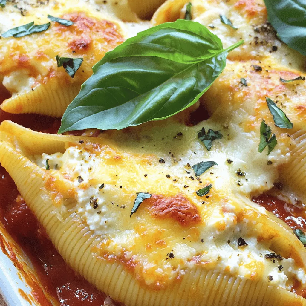 - 20 jumbo pasta shells - 2 cups ricotta cheese - 1 cup shredded mozzarella cheese, divided - 1/2 cup grated Parmesan cheese, divided - 1 large egg, beaten - 2 cups marinara sauce - 1 teaspoon dried basil - 1 teaspoon dried oregano - Salt and black pepper to taste - Fresh basil leaves for garnish Gathering these ingredients is the key to making perfect ricotta stuffed shells. I always choose fresh ingredients for the best flavor. The jumbo pasta shells hold the rich filling well. Ricotta cheese gives the dish its creamy texture. Mixing in mozzarella and Parmesan adds depth to the flavor. I like to use a large egg to bind the filling. Marinara sauce adds a nice zing to the dish. Dried basil and oregano bring in a touch of Italian charm. Finally, season with salt and pepper to your taste. Fresh basil leaves not only look pretty but also add a burst of freshness when you serve. For the full recipe, check out the steps after gathering these ingredients. Enjoy the process and get ready for a comforting meal! - Preheat the oven to 375°F (190°C). - Cook jumbo pasta shells in salted boiling water until al dente. - Drain and cool the pasta shells. To start, I always preheat the oven first. This step ensures the oven is hot when the dish is ready. Next, boil salted water in a large pot. Add the jumbo pasta shells carefully. Cook them until they are al dente, which means they should have a slight bite. This keeps them from getting mushy when baking. Once cooked, drain the shells in a colander and let them cool. If they stick, gently separate them with your fingers. - Mix ricotta, mozzarella, Parmesan, egg, and herbs. - Season with salt and pepper. Now, let’s make the filling! In a mixing bowl, combine ricotta cheese, one cup of shredded mozzarella, and half a cup of grated Parmesan. Add one beaten egg and your choice of dried herbs, like basil and oregano. This mix adds great flavor. I always season it with salt and pepper to taste. Stir well until the mixture is smooth and creamy. This filling is the heart of our dish! - Fill pasta shells with ricotta mixture. - Pour marinara sauce in the baking dish. - Arrange filled shells and top with remaining sauce and cheese. It’s time to assemble! Take each cooked pasta shell and fill it with the ricotta mixture. Use a spoon or a piping bag for this task to avoid mess. Next, pour about one cup of marinara sauce into the bottom of a 9x13 inch baking dish. Spread it evenly. Place the filled shells in a single layer. Drizzle the remaining marinara sauce over the top. Finally, sprinkle the rest of the mozzarella and Parmesan cheese over the shells for a cheesy finish. - Cover with foil and bake for 25 minutes. - Uncover and bake for an additional 10-15 minutes. Cover the baking dish tightly with aluminum foil. This keeps the shells moist while baking. Bake for 25 minutes in the preheated oven. After that, remove the foil and bake for another 10-15 minutes. This helps the cheese on top turn golden and bubbly. When done, let the dish rest for a few minutes. This makes serving easier and helps the flavors meld. Enjoy your creation! To make the best ricotta filling, always use freshly grated cheeses. They add richer flavor and texture. You can also adjust the herbs to fit your taste. If you love basil, add more! Want a hint of spice? A pinch of red pepper flakes works well too. When cooking pasta shells, be careful not to overcook them. Overcooked shells break easily and make for a messy dish. Consider adding a splash of olive oil to the boiling water. This helps prevent sticking and keeps your shells intact. When baking your stuffed shells, cover the dish with foil at first. This helps ensure even cooking. After 25 minutes, remove the foil. This allows the cheese to get bubbly and golden. After baking, let the dish rest for a few minutes. This makes serving easier and helps the flavors settle. {{image_4}} You can change up the cheese in your stuffed shells for a fun twist. Using goat cheese gives a tangy flavor. It works well with the creamy ricotta. If you prefer a milder taste, try cottage cheese. It still adds a nice creaminess. For an extra rich filling, add cream cheese. It melts beautifully and makes each bite even smoother. Marinara sauce is classic, but you can get creative! Try making a homemade sauce for a fresh taste. You can use fresh tomatoes, garlic, and herbs for a vibrant flavor. If you want something different, try pesto. It adds a fresh herbal kick. Alfredo sauce is another fun choice. Its creamy texture pairs perfectly with the cheesy filling. Want to make your ricotta stuffed shells heartier? You can add proteins to the filling. Ground meat adds flavor and makes it more filling. Cook it in a pan before mixing it with the ricotta. For a veggie option, add spinach. It adds color and nutrition. If you need gluten-free options, use gluten-free pasta shells. You can still enjoy this dish without worry. After you enjoy your ricotta stuffed shells, cool them down first. This step helps keep the shells fresh. Use airtight containers to store them in the fridge. Glass or plastic containers work well. Make sure to cover them tightly to avoid air exposure. They will be good for about three to four days. To freeze stuffed shells, let them cool fully. Then, place them in a single layer in a freezer-safe container. You can also wrap them tightly in plastic wrap, then foil. This method helps prevent freezer burn. They can stay good in the freezer for up to three months. When you want to eat them, take them out of the freezer. Thaw them in the fridge overnight. For reheating, place them in a baking dish with some marinara sauce. Cover with foil and bake at 375°F (190°C) for about 25 minutes. This keeps them moist and tasty. Enjoy your delicious meal again! To make ricotta stuffed shells, you need a few key ingredients. First, gather 20 jumbo pasta shells, 2 cups of ricotta cheese, 1 cup of shredded mozzarella, and 1/2 cup of grated Parmesan. You also need 1 large beaten egg, 2 cups of marinara sauce, dried basil, oregano, salt, and pepper. Here's a quick overview of the process: 1. Cook the pasta shells in boiling water until they are al dente. 2. Mix ricotta, mozzarella, Parmesan, egg, and herbs in a bowl. 3. Fill the shells with the ricotta mixture. 4. Layer marinara sauce in a baking dish, add shells, and top with more sauce and cheese. 5. Bake until bubbly and golden. For the full recipe, check out the [Full Recipe]. Yes, you can make ricotta stuffed shells ahead of time. Prepare them up to the baking step. Cover the dish with plastic wrap or foil and store it in the fridge. You can assemble them a day in advance. Just keep in mind that the shells may soak up some sauce overnight. When you are ready to bake, remove the cover and bake the shells. You might need to add a few extra minutes to the cooking time since they will be cold. Ricotta stuffed shells are rich and cheesy, so a light side works well. Consider these options: - A fresh green salad with a lemon vinaigrette. - Garlic bread or breadsticks for a crunchy touch. - Roasted vegetables like zucchini or bell peppers for added flavor and color. These sides balance the dish and add freshness to your meal. To reheat ricotta stuffed shells, there are a few methods. The best way is in the oven. Preheat your oven to 350°F (175°C). Place the shells in a baking dish, cover with foil, and heat for about 20 minutes. This keeps the cheese from drying out. You can also use the microwave. Place a few shells on a plate, cover with a damp paper towel, and heat in short bursts until warm. However, the oven gives you better results. Make delicious ricotta stuffed shells with easy steps and smart tips. Using simple ingredients, I've shown you how to create a tasty dish everyone will love. You can customize it with different cheeses or sauces, too. Proper storage will keep your leftovers fresh. Enjoy your meal today and explore the many ways to make it your own. Happy cooking!
