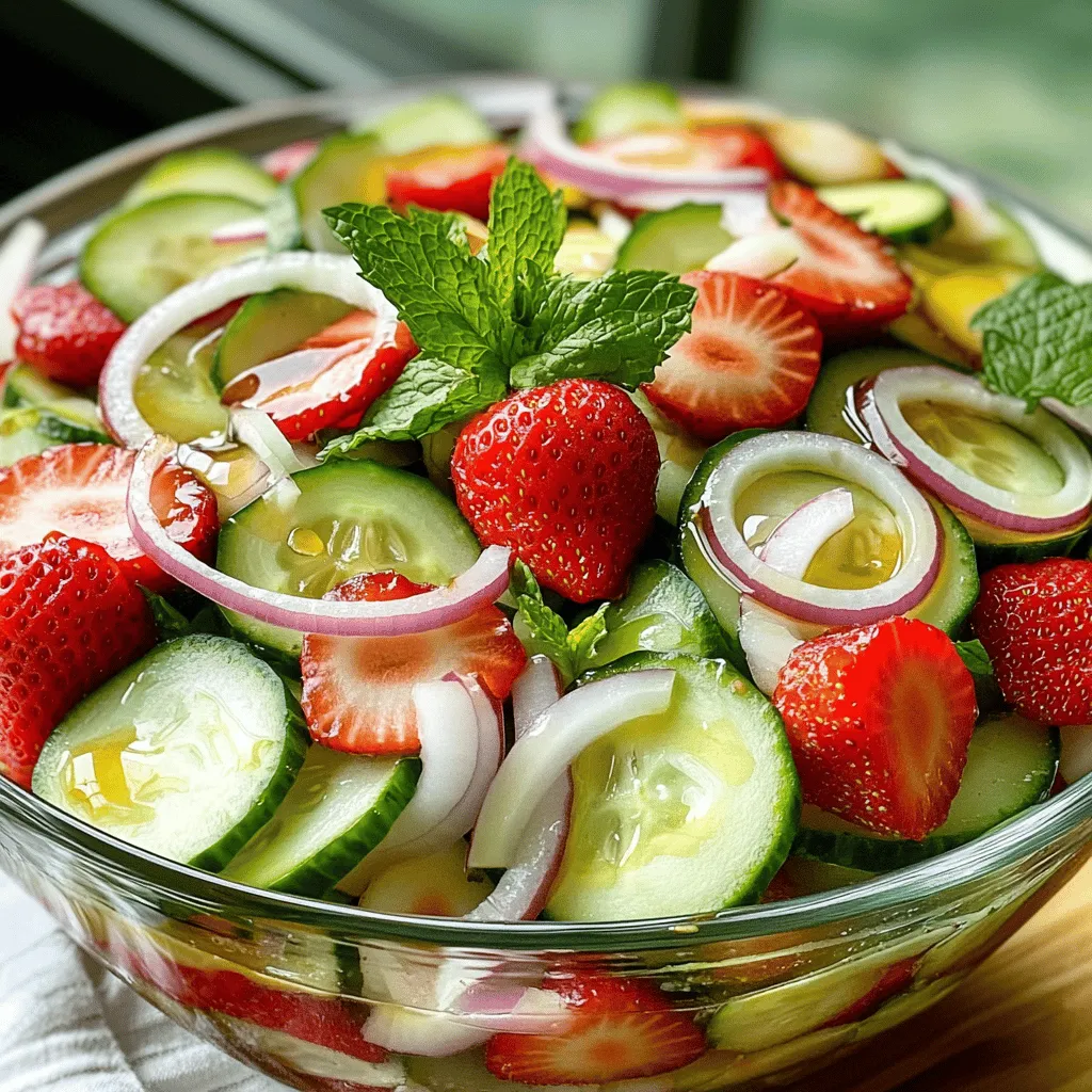 - Fresh Strawberries - Cucumber - Red Onion - Fresh Mint Leaves - Honey - Balsamic Vinegar - Salt and Pepper To make a Cucumber Strawberry Salad, you need fresh and bright ingredients. Start with strawberries. They add sweetness and color. Use ripe strawberries for the best flavor. Next, grab a cucumber. Its crispness gives a refreshing crunch. You will also need a small red onion. It adds a sharp taste that pairs well with the other ingredients. Fresh mint leaves bring a herby note. They enhance the salad's freshness. Honey acts as a natural sweetener, balancing the tangy balsamic vinegar. Salt and pepper round out the flavors. They help all the ingredients shine. I recommend using high-quality balsamic vinegar for a rich taste. For the full recipe, follow the steps I will share in the next section. Each ingredient plays a key role in making this salad both tasty and beautiful. Enjoy the vibrant mix of flavors! - Slicing Strawberries: Take your fresh strawberries. Hull them first, then slice them into thin pieces. Aim for about 1/4-inch thickness. This way, they stay juicy and sweet. - Slicing Cucumber: Grab your cucumber. Wash it well, then slice it thinly, just like the strawberries. Thin slices give a nice crunch to the salad. - Chopping Mint Leaves: Rinse your mint leaves and pat them dry. Stack a few together and chop them finely. This brings out the mint's fresh flavor. - Combining Ingredients in a Bowl: Now, take a large bowl. Add your sliced strawberries, cucumber, and a bit of red onion for a touch of zing. Mix them gently. The colors should look bright and inviting. - Gently Folding Mint: Next, fold in your chopped mint leaves. Be gentle to keep the strawberries intact. This will help the mint flavor blend nicely with the fruits. - Whisking Honey and Balsamic Vinegar: In a small bowl, combine honey and balsamic vinegar. Use a whisk to blend them until smooth. This dressing adds a sweet and tangy taste to the salad. - Drizzling and Tossing the Salad: Drizzle your dressing over the salad mixture. Toss everything together with a large spoon. Make sure each piece gets coated. Season with salt and pepper to taste. Let the salad sit for about 10 minutes. This resting time helps the flavors mix well. For the full recipe, check out the details above! - Presentation Ideas: Serve the salad in a big glass bowl. This shows off the bright colors. You can also use mason jars for single servings. They look cute and are easy to take anywhere. - Garnishing with Mint and Strawberries: Add more mint leaves on top. A few extra slices of strawberries also make it look fresh and inviting. - Adding Nuts or Cheese: Try adding nuts like almonds or walnuts. They give a nice crunch. You can also add feta or goat cheese for a creamy taste. - Adjusting Sweetness and Acidity: If you like it sweeter, add a bit more honey. For more tang, a splash of vinegar will do the trick. - Over-mixing the Salad: Be gentle when mixing. If you mix too hard, the strawberries can bruise. This can make the salad look mushy. - Not Allowing for Flavor Meld: Let the salad sit for about 10 minutes. This helps the flavors mix well. It makes every bite tastier. For more details, check out the Full Recipe. {{image_4}} You can easily change the flavors of your Cucumber Strawberry Salad with seasonal fruits. Adding peaches or blueberries gives a sweet twist. Fresh peaches add a juicy bite and a lovely aroma. Blueberries bring a burst of color and texture. Both fruits work well with the salad's fresh taste. You can also incorporate avocado for a creamy texture. Avocado adds healthy fats and a rich flavor. Just slice it and mix it in gently so it stays intact. This creamy addition balances the crispness of cucumber and strawberries. If you want a vegan salad, you can replace honey with agave syrup or maple syrup. Both alternatives offer sweetness without any animal products. This swap keeps the dressing light while maintaining flavor. For those looking for low-carb options, skip the honey altogether. You can add a splash of lime juice for extra zing. This keeps the salad fresh and bright without extra sugar. Adding grilled chicken can turn your salad into a meal. Chicken adds a nice protein boost and makes it filling. Simply slice the chicken into strips and mix it in with the salad. You can also incorporate quinoa for a nutritious twist. Cooked quinoa adds fiber and protein, making the salad heartier. Mix in a half cup of cooled, cooked quinoa for a satisfying crunch. Try these variations to create a salad that fits your taste and needs. For the full recipe, refer to the previous sections. - Best Containers for Storage: Use airtight containers. Glass containers work well. They keep flavors fresh and help avoid spills. - Duration for Freshness: Store in the fridge for up to three days. After that, flavors start to fade. - Reviving the Salad After Storage: If the salad looks dry, add a splash of balsamic vinegar. This lifts the flavors and brings moisture back. - Making Ahead Tips: Prepare the salad a few hours before serving. This gives it time to soak in the dressing and enhances the taste. - Can You Freeze the Salad?: I do not recommend freezing this salad. The cucumbers and strawberries lose their crunch and texture. - Impact on Texture and Flavor: Frozen cucumbers turn mushy when thawed. Strawberries may lose their sweetness and freshness too. To enjoy this dish best, eat it fresh. For the full recipe, check out the Refreshing Cucumber Strawberry Delight. To make this salad vegan, simply replace honey with maple syrup or agave nectar. Both options add sweetness without using animal products. This swap will keep the salad delicious and plant-based while maintaining its bright flavor. You can add extra ingredients to change the flavor. Try adding nuts like almonds or walnuts for crunch. Feta cheese or goat cheese can add creaminess. Slices of avocado bring a rich texture. You can also include citrus fruits for a zesty twist. The salad stays fresh for about two days in the fridge. Store it in an airtight container to keep it crisp. The mint may lose some flavor, but the salad will still taste great. If you want the best taste, eat it within the first day. Yes, this salad is healthy! Strawberries are full of vitamin C and fiber. Cucumbers are hydrating and low in calories. Mint adds a fresh flavor with few calories as well. This salad is a great way to enjoy nutrients while keeping meals light and tasty. This blog post showed you how to make a delicious Cucumber Strawberry Salad. We covered the important ingredients and how to prepare them. You learned how to mix the salad and make a tasty dressing. We shared tips to serve and enhance flavors, along with common mistakes to avoid. Plus, you explored fun variations and storage tips. Try this refreshing salad today. It’s easy to make and packed with flavor! Enjoy experimenting with your own twists.