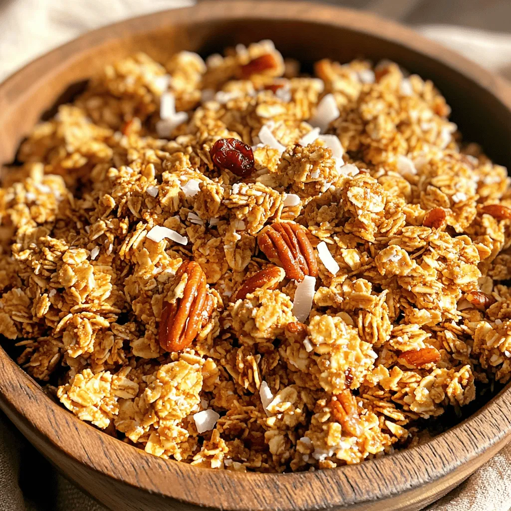 - 2 cups rolled oats - 1 cup pecans, roughly chopped - 1/2 cup unsweetened shredded coconut - 1/4 cup sunflower seeds - 1/4 cup pure maple syrup - 2 tablespoons coconut oil, melted - 1 teaspoon vanilla extract - 1 teaspoon ground cinnamon - 1/2 teaspoon sea salt - 1/2 cup dried cranberries (optional) Gathering these ingredients is easy. You might find most in your pantry. Rolled oats provide a great base. They offer fiber and help with digestion. Pecans add crunch and healthy fats. Shredded coconut gives a tropical twist. Sunflower seeds pack in protein and vitamins. Maple syrup is the sweet star of this recipe. Coconut oil keeps everything together and adds richness. Vanilla extract enhances flavor, while cinnamon adds warmth. Sea salt balances the sweetness. If you like, toss in dried cranberries for a fruity touch. This blend makes a tasty and wholesome granola. - Calories per serving: About 200 - Protein: 4g - Fat: 10g - Carbohydrates: 27g This granola is not just tasty; it’s good for you. Pecans are rich in antioxidants. They support heart health and brain function. Maple syrup offers a natural sweetness with minerals. Rolled oats help keep you full and satisfied. This mix is perfect for breakfast or a snack. You can enjoy it with yogurt, milk, or on its own. For the full recipe, check the details above! 1. Start by preheating your oven to 350°F (175°C). This step is key for getting that perfect crunch. 2. Line a large baking sheet with parchment paper. This makes cleanup easy and helps prevent sticking. 3. In a big bowl, mix the rolled oats, chopped pecans, shredded coconut, and sunflower seeds. Stir well so everything combines evenly. 1. In a separate bowl, whisk together the maple syrup, melted coconut oil, vanilla extract, ground cinnamon, and sea salt. 2. Make sure to whisk until the mixture is smooth. This helps the flavors blend well. 3. If your coconut oil is too solid, heat it slightly. This helps it mix better with the other wet ingredients. 1. Pour the wet mixture over the dry ingredients in the large bowl. Use a spatula to stir everything together. Ensure all the dry ingredients get coated well. 2. Spread the mixture evenly on the prepared baking sheet. Keep it in a single layer for even baking. 3. Bake the granola for 20 to 25 minutes. Stir it every 10 minutes to promote even toasting. Watch it closely; you want it to turn golden brown and smell amazing! After baking, let the granola cool completely on the sheet. It will become crunchy as it cools. Enjoy this crunchy and wholesome Maple Pecan Granola with yogurt or fruit for a tasty breakfast! For the full recipe, refer to the main section. To avoid burning your granola, keep a close eye as it bakes. Stir it every ten minutes. This helps it toast evenly and prevents dark spots. If you notice it browning too fast, lower the oven temperature by 25°F. You can adjust sweetness and flavor by adding more maple syrup or spices. If you want it sweeter, try adding a bit more maple syrup. For a spicier flavor, add more cinnamon or even a dash of nutmeg. Pair granola with creamy yogurt for a tasty treat. Add fresh fruits like berries or banana slices for a crunchy breakfast. Granola also makes a great topping. Sprinkle it over your favorite desserts like ice cream or fruit salad. You can even add it to green salads for extra crunch. One common mistake is over-mixing or under-mixing the ingredients. Too much mixing can break the oats. Not enough mixing means the syrup won't coat everything well. Aim for a good mix without overdoing it. If you want your granola to clump, make sure to press it down on the baking sheet. This helps it stick together as it bakes. You can also let it cool completely before breaking it apart. For the full recipe, check out the main article above. {{image_4}} You can change the flavor of your maple pecan granola in fun ways. Try adding different nuts like almonds or walnuts. Seeds like chia or pumpkin seeds add crunch and nutrition. You can also play with spices. Nutmeg or cardamom can give your granola a warm, cozy taste. If you need a gluten-free option, use gluten-free oats. They taste just as good. For a sweeter touch without added sugar, use pure maple syrup or honey. You can even try agave syrup. These swaps keep your granola tasty and healthy. Incorporating dried fruits is a great way to add variety. Dried apples or apricots can brighten your granola. During the holidays, you might enjoy adding spices like ginger or cinnamon. You can also blend in seasonal nuts, such as pecans or hazelnuts, to make your granola festive. These changes make your granola fun and exciting all year long. For the full recipe, check the main section. To keep your maple pecan granola fresh, use an airtight container. This helps seal in the crunch. Store it in a cool, dry place, away from sunlight. Your granola will stay fresh for up to two weeks. For the best taste and texture, eat it within this time frame. You can freeze granola for a longer shelf life. To do this, pack the granola into a freezer-safe bag or container. Remove as much air as possible before sealing. Your granola can last up to three months in the freezer. When you're ready to eat it, thaw it in the fridge overnight. This will help maintain its crunch. If you want to enjoy warm granola, reheat it in the oven. Preheat your oven to 300°F (150°C). Spread the granola on a baking sheet and warm it for about 10 minutes. This method helps keep it crispy. Avoid using the microwave, as it can make the granola soggy. Homemade granola can last about two weeks at room temperature. Store it in an airtight container to keep it fresh. If you want it to last longer, you can freeze it. Frozen granola can stay good for three months. Just thaw it on the counter before eating. Yes, you can make granola without coconut. Substitute with more oats or nuts. You can also add seeds like pumpkin or flaxseed. These keep the texture crunchy and add nutrition. Feel free to get creative with what you have on hand. Maple pecan granola can be gluten-free. Use certified gluten-free oats to ensure safety. Most other ingredients, like nuts and seeds, are naturally gluten-free. Always check labels for hidden gluten. This way, you can enjoy your granola worry-free. To make granola clump, use more liquid sweeteners. Maple syrup, honey, or agave work well. Mix the wet ingredients well and coat the dry ones evenly. Press the mixture firmly on the baking sheet before baking. This helps clumps form as it bakes. Granola pairs great with yogurt, milk, or smoothies. For yogurt, add fresh fruit on top. You can sprinkle it over oatmeal or use it in parfaits. Mix granola into your smoothie for a crunchy twist. Enjoy it however you like! For the complete recipe, check out the Full Recipe. In this blog post, we explored how to make delicious maple pecan granola. We listed the key ingredients and walked through easy preparation steps. You learned how to bake it perfectly and avoid common mistakes. We also shared tips for serving and storing your granola, along with fun variations to try. Remember, making granola is all about getting creative. Use what you love, and enjoy the process. With these steps, you can craft a tasty snack or breakfast that fits your needs. Happy baking!