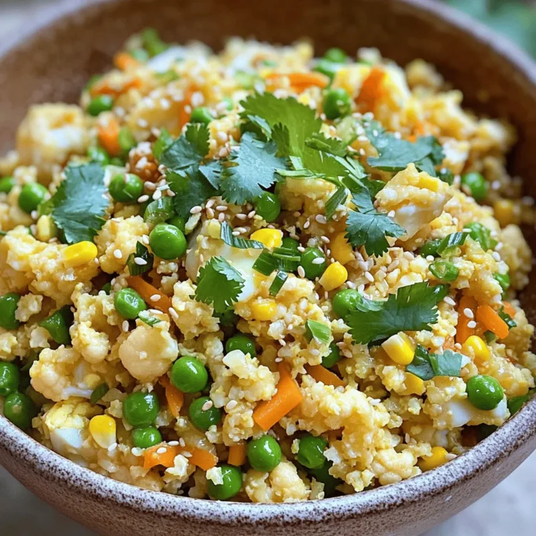 - 1 medium head of cauliflower, grated into rice-sized pieces - 2 tablespoons sesame oil - 1 small onion, finely chopped - 2 cloves garlic, minced - 1 cup mixed vegetables (such as peas, carrots, and corn) - 2 large eggs, lightly beaten - 3 green onions, finely sliced - 3 tablespoons soy sauce (or tamari for a gluten-free option) - Salt and pepper to taste - Fresh cilantro for garnish (optional) I love using fresh ingredients for my Cauliflower Fried Rice. The grated cauliflower acts as a healthy base, making each bite light and fluffy. Sesame oil gives this dish a rich, nutty flavor. Onions and garlic are my go-to for a great aroma and taste. Mixed vegetables add color and nutrition, making the dish exciting. I always use eggs for protein and to boost the meal's heartiness. The green onions add a fresh crunch at the end. Soy sauce brings everything together with a burst of umami. I suggest adding salt and pepper to suit your taste. If you want to make it pretty, sprinkle some cilantro on top. This Cauliflower Fried Rice is not just tasty; it's also simple to make. It’s a quick meal that’s perfect for busy days. If you want to dive deeper, check out the Full Recipe for more tips and details! To make cauliflower rice, start by washing the cauliflower. Remove the leaves and stem. Next, grate the cauliflower using a box grater or a food processor. You want the pieces to look like grains of rice. Set the cauliflower rice aside for later. Heat sesame oil in a large skillet or wok over medium heat. When the oil shimmers, add the chopped onion. Sauté for about 3 minutes until the onion becomes soft. Then, add the minced garlic and stir for 30 seconds until it smells great. Now, toss in your mixed vegetables. Cook them for 2-3 minutes until they are bright and tender. Push the veggies to one side of the skillet. Pour in the beaten eggs in the empty space. Scramble the eggs gently until they just set. Then, mix them with the veggies. Gradually add the grated cauliflower to the skillet. Toss everything together well. Drizzle soy sauce over the mixture, and season with salt and pepper. Stir-fry for about 5-7 minutes. The cauliflower should become tender and lightly golden. Finally, fold in the sliced green onions and give it all a good mix. If you want, you can garnish with fresh cilantro before serving. This Cauliflower Fried Rice is both colorful and tasty. You can find the Full Recipe for more details! To get the best texture, cook the cauliflower just right. Aim for 5 to 7 minutes of cooking time. This keeps it tender yet still firm. Overcooking will lead to mushy cauliflower. You want it to resemble rice but with a bite. When it comes to cooking, I prefer a wok. Woks heat evenly and allow for stir-frying. A skillet works too, but a wok gives more space for mixing. This helps all the flavors blend well. Flavor is key in any dish. I often use soy sauce to add depth. You can try other seasonings like garlic powder or chili flakes. Fresh herbs like cilantro or basil can brighten the dish. Just sprinkle them on top before serving to elevate the taste. For even more ideas, check the Full Recipe. {{image_4}} You can boost the protein in your cauliflower fried rice. Chicken, shrimp, or tofu work great. - Chicken: Cook diced chicken in the skillet first. Remove it and add it back at the end. - Shrimp: Sauté shrimp until they turn pink. This adds a nice flavor and texture. - Tofu: Use firm tofu. Cube it and fry until golden for a tasty vegetarian option. Feel free to swap in seasonal veggies to keep it fresh. Try these options: - Spring: Use asparagus and snap peas for a crisp taste. - Summer: Add zucchini and bell peppers for a colorful dish. - Fall: Use diced butternut squash or kale for a hearty meal. - Winter: Carrots and broccoli can add a nice crunch. You can change the flavor of your dish easily. Go for spicy, Asian-inspired, or Mediterranean tastes. - Spicy: Add chili flakes or sriracha for heat. - Asian-Inspired: Use ginger and sesame seeds for a rich flavor. - Mediterranean: Add olives and feta for a unique twist. These variations let you personalize your cauliflower fried rice. The full recipe is a great guide to start with! Store your cauliflower fried rice in an airtight container. Make sure it cools down first. It will stay fresh for about 3-4 days in the fridge. To keep it tasty, seal it well to avoid moisture. If you see any signs of spoilage, throw it away. You can freeze cauliflower fried rice for later use. First, let it cool completely. Then, place it in a freezer-safe bag or container. Be sure to remove as much air as possible. It can last up to 2-3 months in the freezer. Label it with the date to track freshness. When reheating, you want to keep the texture and flavor intact. You can use a skillet over medium heat. Add a splash of water or oil to avoid sticking. Stir often until it’s heated through. If using a microwave, cover it to keep moisture in. Heat in short bursts, stirring in between. This will help you enjoy your cauliflower fried rice just like fresh! For the full recipe, check out the earlier section. Cauliflower fried rice is a healthy twist on classic fried rice. Instead of rice, we use grated cauliflower, which is low in carbs and calories. The benefits are clear. You get more veggies and fewer carbs. It’s a great way to sneak in nutrients for both kids and adults. The flavor is still rich and satisfying, making it a perfect meal. You can enjoy it as a main dish or a side. It’s quick to make and full of taste. Yes, you can easily make this recipe vegan. To replace the eggs, try using scrambled tofu or chickpea flour. Both options give protein and texture. For the soy sauce, choose a vegan version or use tamari. This way, you keep it gluten-free too. You can also add more veggies or nuts for extra flavor and crunch. To add spice, include fresh chili peppers or chili flakes. You can also use spicy sauces like sriracha or chili garlic sauce. These will give your dish a nice kick. Adding a bit of ginger can also enhance the heat and flavor. Just adjust the spice level to your taste. Enjoy experimenting with flavors! In this post, we explored how to make delicious cauliflower fried rice. We covered the key ingredients, from cauliflower to soy sauce, and detailed each step to cook it. You learned tips for texture and flavor, along with variations for proteins and veggies. Don't forget proper storage techniques to keep leftovers fresh. Cauliflower fried rice is a tasty, healthy alternative to traditional rice. It's easy to make, and you can customize it to your liking. Dive in and enjoy your meal!