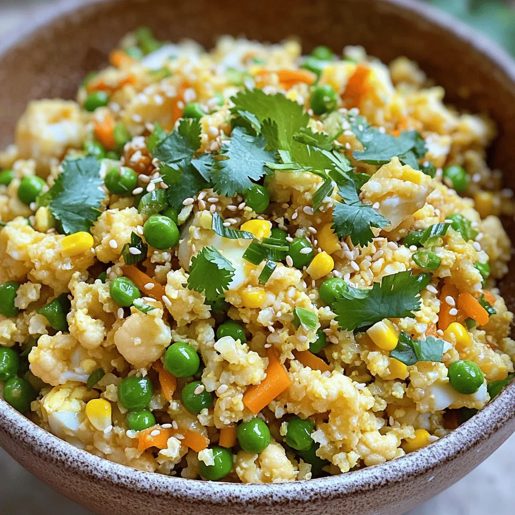 - 1 medium head of cauliflower, grated into rice-sized pieces - 2 tablespoons sesame oil - 1 small onion, finely chopped - 2 cloves garlic, minced - 1 cup mixed vegetables (such as peas, carrots, and corn) - 2 large eggs, lightly beaten - 3 green onions, finely sliced - 3 tablespoons soy sauce (or tamari for a gluten-free option) - Salt and pepper to taste - Fresh cilantro for garnish (optional) I love using fresh ingredients for my Cauliflower Fried Rice. The grated cauliflower acts as a healthy base, making each bite light and fluffy. Sesame oil gives this dish a rich, nutty flavor. Onions and garlic are my go-to for a great aroma and taste. Mixed vegetables add color and nutrition, making the dish exciting. I always use eggs for protein and to boost the meal's heartiness. The green onions add a fresh crunch at the end. Soy sauce brings everything together with a burst of umami. I suggest adding salt and pepper to suit your taste. If you want to make it pretty, sprinkle some cilantro on top. This Cauliflower Fried Rice is not just tasty; it's also simple to make. It’s a quick meal that’s perfect for busy days. If you want to dive deeper, check out the Full Recipe for more tips and details! To make cauliflower rice, start by washing the cauliflower. Remove the leaves and stem. Next, grate the cauliflower using a box grater or a food processor. You want the pieces to look like grains of rice. Set the cauliflower rice aside for later. Heat sesame oil in a large skillet or wok over medium heat. When the oil shimmers, add the chopped onion. Sauté for about 3 minutes until the onion becomes soft. Then, add the minced garlic and stir for 30 seconds until it smells great. Now, toss in your mixed vegetables. Cook them for 2-3 minutes until they are bright and tender. Push the veggies to one side of the skillet. Pour in the beaten eggs in the empty space. Scramble the eggs gently until they just set. Then, mix them with the veggies. Gradually add the grated cauliflower to the skillet. Toss everything together well. Drizzle soy sauce over the mixture, and season with salt and pepper. Stir-fry for about 5-7 minutes. The cauliflower should become tender and lightly golden. Finally, fold in the sliced green onions and give it all a good mix. If you want, you can garnish with fresh cilantro before serving. This Cauliflower Fried Rice is both colorful and tasty. You can find the Full Recipe for more details! To get the best texture, cook the cauliflower just right. Aim for 5 to 7 minutes of cooking time. This keeps it tender yet still firm. Overcooking will lead to mushy cauliflower. You want it to resemble rice but with a bite. When it comes to cooking, I prefer a wok. Woks heat evenly and allow for stir-frying. A skillet works too, but a wok gives more space for mixing. This helps all the flavors blend well. Flavor is key in any dish. I often use soy sauce to add depth. You can try other seasonings like garlic powder or chili flakes. Fresh herbs like cilantro or basil can brighten the dish. Just sprinkle them on top before serving to elevate the taste. For even more ideas, check the Full Recipe. {{image_4}} You can boost the protein in your cauliflower fried rice. Chicken, shrimp, or tofu work great. - Chicken: Cook diced chicken in the skillet first. Remove it and add it back at the end. - Shrimp: Sauté shrimp until they turn pink. This adds a nice flavor and texture. - Tofu: Use firm tofu. Cube it and fry until golden for a tasty vegetarian option. Feel free to swap in seasonal veggies to keep it fresh. Try these options: - Spring: Use asparagus and snap peas for a crisp taste. - Summer: Add zucchini and bell peppers for a colorful dish. - Fall: Use diced butternut squash or kale for a hearty meal. - Winter: Carrots and broccoli can add a nice crunch. You can change the flavor of your dish easily. Go for spicy, Asian-inspired, or Mediterranean tastes. - Spicy: Add chili flakes or sriracha for heat. - Asian-Inspired: Use ginger and sesame seeds for a rich flavor. - Mediterranean: Add olives and feta for a unique twist. These variations let you personalize your cauliflower fried rice. The full recipe is a great guide to start with! Store your cauliflower fried rice in an airtight container. Make sure it cools down first. It will stay fresh for about 3-4 days in the fridge. To keep it tasty, seal it well to avoid moisture. If you see any signs of spoilage, throw it away. You can freeze cauliflower fried rice for later use. First, let it cool completely. Then, place it in a freezer-safe bag or container. Be sure to remove as much air as possible. It can last up to 2-3 months in the freezer. Label it with the date to track freshness. When reheating, you want to keep the texture and flavor intact. You can use a skillet over medium heat. Add a splash of water or oil to avoid sticking. Stir often until it’s heated through. If using a microwave, cover it to keep moisture in. Heat in short bursts, stirring in between. This will help you enjoy your cauliflower fried rice just like fresh! For the full recipe, check out the earlier section. Cauliflower fried rice is a healthy twist on classic fried rice. Instead of rice, we use grated cauliflower, which is low in carbs and calories. The benefits are clear. You get more veggies and fewer carbs. It’s a great way to sneak in nutrients for both kids and adults. The flavor is still rich and satisfying, making it a perfect meal. You can enjoy it as a main dish or a side. It’s quick to make and full of taste. Yes, you can easily make this recipe vegan. To replace the eggs, try using scrambled tofu or chickpea flour. Both options give protein and texture. For the soy sauce, choose a vegan version or use tamari. This way, you keep it gluten-free too. You can also add more veggies or nuts for extra flavor and crunch. To add spice, include fresh chili peppers or chili flakes. You can also use spicy sauces like sriracha or chili garlic sauce. These will give your dish a nice kick. Adding a bit of ginger can also enhance the heat and flavor. Just adjust the spice level to your taste. Enjoy experimenting with flavors! In this post, we explored how to make delicious cauliflower fried rice. We covered the key ingredients, from cauliflower to soy sauce, and detailed each step to cook it. You learned tips for texture and flavor, along with variations for proteins and veggies. Don't forget proper storage techniques to keep leftovers fresh. Cauliflower fried rice is a tasty, healthy alternative to traditional rice. It's easy to make, and you can customize it to your liking. Dive in and enjoy your meal!