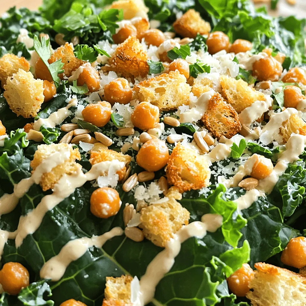 - Kale - Chickpeas - Parmesan Cheese - Sunflower Seeds - Croutons - Tahini - Lemon Juice - Dijon Mustard - Olive Oil - Garlic - Salt and Pepper - Fresh Parsley For this Kale Caesar Salad, I love to use fresh, vibrant ingredients. The focal point is the kale, which provides a hearty base. I choose about 6 cups of kale, finely chopped, and make sure to remove the thick stems. Next, I add 1 cup of crispy chickpeas for protein. They add a great crunch to the salad. I also like to incorporate 1/2 cup of freshly shaved Parmesan cheese for that classic Caesar flavor. A sprinkle of 1/4 cup of roasted sunflower seeds gives extra texture and nutrition. Lastly, I toss in 1/4 cup of croutons, either store-bought or homemade, for added crunch. Now, let’s talk about the dressing. I mix together 1/4 cup of tahini, which adds creaminess. Then, I squeeze in 2 tablespoons of fresh lemon juice for zing. I also include 1 tablespoon each of Dijon mustard and olive oil, which balance the flavors. Lastly, I add 1 minced garlic clove to give it a nice kick. To season the salad, a pinch of salt and freshly cracked black pepper adds the right touch. I finish with fresh parsley, finely chopped, for garnish. This blend of ingredients brings the salad to life and makes it a delightful and fresh experience. If you want the full recipe, check it out [Full Recipe]. Massaging Kale Start by placing the chopped kale in a big bowl. Add a pinch of salt. Use clean hands to massage the kale for about 2-3 minutes. This makes the leaves soft and tender. You will notice a change in color and feel. Massaging helps the kale absorb flavors better. How It Impacts Texture The massaging process breaks down the tough fibers. This results in a more pleasant bite. It also helps release the natural flavors in the kale. A well-prepared kale base makes the salad more enjoyable. Combining Ingredients In a small bowl, mix tahini, fresh lemon juice, Dijon mustard, olive oil, and minced garlic. Season with a pinch of salt and pepper. Whisk the mixture well until it is smooth and creamy. Achieving the Right Consistency If your dressing is too thick, add a tablespoon of water. This helps reach your desired texture. A good dressing should coat the kale without being too runny. Tossing Ingredients Together Pour the dressing over the massaged kale. Use tongs or a large spoon to toss the kale. Make sure each leaf is coated well. Add the roasted chickpeas, sunflower seeds, and half of the Parmesan cheese. Gently fold these ingredients into the kale. Be careful not to mash the chickpeas. Plating Tips Transfer the colorful salad to a large platter. You can also serve it in individual bowls. Top with croutons, the rest of the Parmesan cheese, and a sprinkle of parsley. This adds a nice touch of color and flavor. Enjoy your fresh and flavorful Kale Caesar Salad! You can find the full recipe above for all the details you need. Best Practices for Tender Kale To make kale tender, start with clean hands. Add a pinch of salt to the chopped kale. Gently massage the kale for 2-3 minutes. You’ll see the leaves soften and darken, which means you’re doing it right. This step helps release the natural flavors and makes the kale less bitter. Common Mistakes to Avoid Avoid being too rough when massaging. If you tear the leaves, the salad won’t look nice. Also, don’t skip this step. It’s key to getting the best taste from your kale. Alternative Ingredients You can switch tahini with yogurt for a creamier dressing. Try adding avocado for a richer taste. If you want a kick, add a dash of hot sauce. Common Substitutions If you don’t have Dijon mustard, use yellow mustard as a substitute. Instead of olive oil, you can use avocado oil. Each change adds a new twist to the dressing taste. Suggested Toppings For extra crunch, add toasted nuts or seeds. You might also like to sprinkle some crispy bacon bits on top. Fresh herbs like basil or cilantro add a nice touch too. Additional Seasonings Consider adding a squeeze of lemon zest for brightness. A pinch of smoked paprika can give a unique flavor. Experiment with different spices to find what you love best. {{image_4}} Adding protein to your Kale Caesar Salad makes it more filling. You can easily add grilled chicken. Simply season the chicken with salt and pepper. Grill it until it's cooked through. Slice it thin before adding to your salad. Incorporating shrimp is another tasty option. You can sauté shrimp with olive oil and garlic. Cook them until they turn pink. Add them to the salad for a seafood twist. If you want a vegan version, start by omitting dairy. Skip the Parmesan cheese and croutons if they contain butter. You can still enjoy a creamy dressing. Use a vegan alternative like cashew cream instead of tahini. For the dressing, consider using a blend of nut butters or avocado. These options keep the rich flavor without dairy. Using fresh fruits can elevate your salad. Try adding slices of apples or pears. They add sweetness and crunch. Adding roasted vegetables is another great idea. Roasted sweet potatoes or beets add color and flavor. Just toss them in with your salad for a delicious surprise. These variations keep the Kale Caesar Salad fresh and exciting. You can mix and match to suit your taste. For the complete recipe, check out the Full Recipe section. To store leftovers, place the salad in an airtight container. This keeps it fresh longer. If you used croutons, store them separately. Croutons can get soggy in the salad. Use a glass or plastic container that seals well. Leftovers are best used within three days. After that, the kale may wilt, and the flavors fade. Look for signs of spoilage. If the salad smells off or looks slimy, it’s time to toss it. Freshness is key for a great taste. Can you freeze kale Caesar salad? I don’t recommend it. Freezing changes the texture of the kale and dressing. If you want to freeze some parts, try only the chickpeas. For best practices when freezing, make sure they are crispy first. Store them in a freezer-safe bag or container. When ready to use, thaw them in the fridge overnight. Then, add to a fresh salad for crunch. For the full recipe of this delightful salad, check out the detailed instructions above. Kale is a superfood. It is full of vitamins and minerals. One cup of raw kale has about: - 33 calories - 2 grams of protein - 6 grams of carbs - 1 gram of fiber - 684% of the daily value for vitamin K - 206% of the daily value for vitamin A - 134% of the daily value for vitamin C These nutrients help your body stay strong and healthy. Kale also has antioxidants. These help fight free radicals in your body. Free radicals can cause health issues. By eating kale, you can lower your risk of diseases. It is also good for your skin and eyes. The more you eat, the better you feel. Yes, you can prepare this salad ahead of time. However, some steps are better to do fresh. - Best Preparation Tips: You can wash and chop the kale in advance. Store it in an airtight container in the fridge. Make the dressing too and keep it separate. This way, your salad stays crunchy. - How to Keep Ingredients Fresh: Keep the roasted chickpeas and croutons in a separate container. Mix everything right before serving. This helps keep the salad fresh and crisp. Yes, this salad can be gluten-free. - Gluten-Free Crouton Alternatives: Look for gluten-free croutons in stores. You can also make your own with gluten-free bread. Just cut the bread, toss it with olive oil, and bake it. - Tips for a Gluten-Free Dressing: The dressing is gluten-free if you use gluten-free mustard. Always check labels when buying ingredients. This ensures your salad is safe for gluten-free diets. For the full recipe, check out the Kale Caesar Salad with a Twist! This blog post covered how to make a delicious Kale Caesar Salad. We explored key ingredients such as kale, chickpeas, and a tasty tahini dressing. I shared step-by-step instructions, tips for massaging kale, and how to assemble the salad for the best texture. We also discussed variations, like adding protein or seasonal ingredients, plus storage tips. Whether you're enjoying it fresh or as leftovers, this salad is versatile and tasty. Remember, making small tweaks can create a meal you love over and over. Enjoy your cooking adventure!