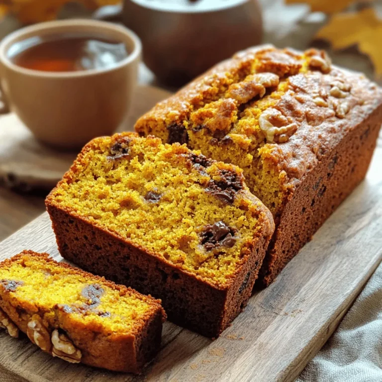 To make easy pumpkin bread, you need simple ingredients. Here’s what you’ll need: - 1 cup canned pumpkin puree - 1/2 cup vegetable oil - 1 cup granulated sugar - 1/2 cup packed brown sugar - 3 large eggs - 2 cups all-purpose flour - 1 teaspoon baking soda - 1/2 teaspoon baking powder - 1 teaspoon ground cinnamon - 1/2 teaspoon ground nutmeg - 1/2 teaspoon ground ginger - 1/2 teaspoon salt - 1/4 teaspoon ground cloves These ingredients create a moist, flavorful bread. I love using canned pumpkin puree because it’s easy and reliable. You get great flavor without any fuss. You can make your pumpkin bread even better with these add-ins: - 1 cup chopped walnuts - 1/2 cup dark chocolate chips Adding walnuts gives a nice crunch. Dark chocolate chips add a sweet twist that many love. You can mix and match these add-ins based on your taste. If you don’t have all the ingredients, don’t worry! Here are some easy swaps: - You can use applesauce instead of vegetable oil for a lighter bread. - If you need a flour alternative, try using almond flour or oat flour. - For a dairy-free version, use a plant-based egg substitute. These substitutions help you enjoy pumpkin bread in your own way. Feel free to experiment and find what works best for you. For the complete recipe, check the Full Recipe link! First, you need to preheat your oven to 350°F (175°C). This step is key for even baking. Next, take a 9x5 inch loaf pan and grease it well. You can use butter or cooking spray. Greasing the pan helps the bread come out easily. Set the pan aside for later. In a large mixing bowl, pour in the canned pumpkin puree. Add the vegetable oil, granulated sugar, and brown sugar. Use a whisk to blend these ingredients until they are smooth. Make sure there are no lumps. Now, add the eggs one by one. Mix well after each egg. This makes your batter creamy and rich. In another bowl, whisk together the all-purpose flour, baking soda, baking powder, cinnamon, nutmeg, ginger, salt, and cloves. This mix adds flavor and helps the bread rise. Gradually add the dry mix to the wet ingredients. Stir gently with a spatula. Stop mixing when the batter is just combined. If you want, fold in walnuts or dark chocolate chips now. Finally, pour the batter into your greased pan. Smooth the top with a spatula. Now, it’s ready for the oven. You can find the full recipe above to guide you through the rest. To make pumpkin bread soft and moist, mix dry and wet ingredients carefully. Overmixing makes it tough. Stir until just combined. Use canned pumpkin puree for ease and consistent flavor. It adds moisture and richness. If you want a lighter loaf, use cake flour instead of all-purpose flour. Adding yogurt or sour cream can also help. Bake your pumpkin bread at 350°F (175°C) for 60 to 70 minutes. Start checking for doneness around the 60-minute mark. Insert a toothpick into the center. If it comes out clean or with a few moist crumbs, it's done. If it’s wet, bake for a few more minutes. Let it cool in the pan for about 10 minutes before moving it to a wire rack. Slice your pumpkin bread thick for a hearty bite. Serve it warm with a pat of butter. A sprinkle of cinnamon on top adds a nice touch. For a cozy treat, enjoy it with a cup of tea or coffee. You can even pair it with whipped cream cheese for a rich flavor. For a fun twist, serve it with a scoop of ice cream for dessert. {{image_4}} You can add nuts to your pumpkin bread for a nice crunch. Walnuts and pecans are great choices. They bring a rich flavor and texture. Simply chop the nuts and fold them into the batter before baking. Use about one cup of chopped nuts for a strong taste. This adds a fun twist to the classic recipe. If you love chocolate, try adding dark chocolate chips. They pair well with pumpkin's sweetness. You can mix in half a cup of chocolate chips for a delightful surprise. The chocolate melts and creates gooey pockets of goodness. This variation is perfect for kids and adults alike. For those who need gluten-free options, you can still enjoy pumpkin bread. Use gluten-free all-purpose flour instead of regular flour. Make sure it has a good blend of starches for the best results. This simple swap allows anyone to enjoy this tasty treat. Just follow the full recipe, and you’ll have a delicious gluten-free pumpkin bread! To keep your pumpkin bread fresh, let it cool fully. Wrap it tightly in plastic wrap or aluminum foil. You can also place it in an airtight container. Store it at room temperature for up to three days. If you want to keep it longer, freezing is best. Freezing is a great way to save your pumpkin bread for later. Slice the bread before freezing for easy servings. Wrap each slice in plastic wrap, then place them in a freezer bag. This keeps them from getting freezer burn. You can freeze it for up to three months. When you want a slice, just take it out and let it thaw. When you’re ready to enjoy your pumpkin bread again, reheating is simple. For best results, use an oven or a toaster oven. Preheat your oven to 350°F (175°C). Place the bread on a baking sheet for about 10 minutes. This warms it up and brings back its fresh taste. You can also microwave a slice for 15-20 seconds, but it may not be as crisp. Enjoy your warm pumpkin bread with a cup of tea or coffee! Yes, you can use fresh pumpkin. Cook and puree the pumpkin first. It must be smooth and thick, just like canned pumpkin. Fresh pumpkin offers a bright flavor, but it may also need some adjustments in moisture. Your pumpkin bread might be dense due to overmixing the batter. Mixing too much adds air, making it light. But if you mix too long, the bread can become tough. Also, using too much flour can cause density. Make sure you measure flour correctly. Pumpkin bread can last for about 3 to 4 days at room temperature. Store it in an airtight container. You can also wrap it in plastic wrap for extra freshness. If you want to keep it longer, freeze it for up to 3 months. Yes, you can double the recipe! Just remember to adjust your baking time. A larger loaf may need extra time to bake through. Keep an eye on it and test with a toothpick to ensure it is done. You can add various spices for more depth. Consider cloves, allspice, or cardamom. A bit of vanilla extract also works well. Feel free to experiment and find your favorite mix. Each spice adds its own unique touch to your pumpkin bread. For the complete recipe, check out the Full Recipe section. We discussed how to make easy pumpkin bread by using key ingredients and helpful tips. You learned about essential and optional ingredients, and how to mix them. I shared steps for prepping the pan and oven, plus secrets for perfect texture. We explored tasty variations, storage techniques, and answered common questions. Enjoy making pumpkin bread at home. It's simple, tasty, and perfect for any occasion.